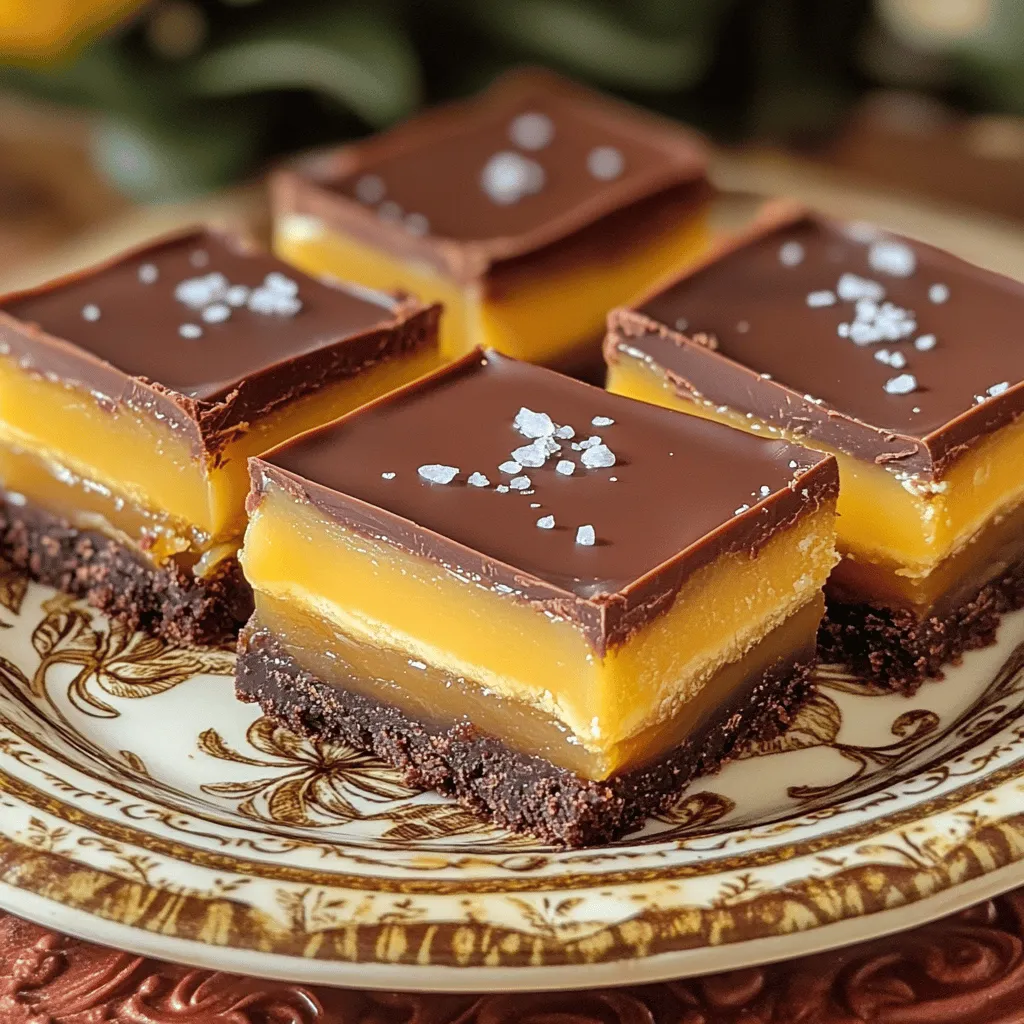 To create these salted caramel bars, you will need several key ingredients. Each one plays a big role in making this dessert a delight. - 1 cup all-purpose flour - 1/2 cup unsweetened cocoa powder - 1/2 cup brown sugar, packed - 1/4 cup granulated sugar - 1/2 cup unsalted butter, melted - 1/4 teaspoon salt - 1 can (14 oz) sweetened condensed milk - 1 cup granulated sugar (for caramel) - 1/4 cup heavy cream - 1 teaspoon vanilla extract - 1/2 teaspoon sea salt (for topping) - 1/4 cup semi-sweet chocolate chips (optional for drizzling) These ingredients create a rich, sweet, and salty flavor balance. The cocoa powder gives depth, while the sweetened condensed milk adds creaminess. I love how the sea salt enhances the caramel taste. Gather everything before you start. This way, you will stay organized and focused. Remember, baking is as much about precision as it is about creativity. Make sure to use fresh ingredients for the best flavor. For the full recipe, check out the full recipe section. You'll find step-by-step instructions that will guide you through the process. Enjoy the journey of making these delicious bars! 1. Preheat your oven to 350°F (175°C). Prepare an 8x8 inch baking dish by lining it with parchment paper. Leave some overhang to help you lift the bars out later. 2. In a medium bowl, mix together: - 1 cup all-purpose flour - 1/2 cup unsweetened cocoa powder - 1/2 cup brown sugar, packed - 1/4 cup granulated sugar - 1/4 teaspoon salt 3. Pour in 1/2 cup melted unsalted butter. Mix until the mixture feels like wet sand. Press it firmly into the bottom of the pan to form your crust. 4. Bake the crust for 10-12 minutes. It should feel slightly firm but not overbaked. Remove it and let it cool slightly. 1. In a saucepan over medium heat, add 1 cup granulated sugar. Cook it slowly while stirring until it melts and turns a nice caramel color. This takes about 5-7 minutes. 2. Carefully add 1/4 cup heavy cream to the melted sugar. It will bubble a lot, so be cautious! Stir until smooth. 3. Next, mix in 1 can (14 oz) sweetened condensed milk and 1 teaspoon vanilla extract. Cook for another 2-3 minutes, stirring well. 4. Pour the warm caramel mixture over the cooled crust. Spread it evenly with a spatula. 1. Let the bars cool to room temperature. After that, place them in the fridge for at least 2 hours. This helps them set up nicely. 2. Once set, lift the bars out of the dish using the parchment paper. Cut them into squares or bars. 3. If you want, melt 1/4 cup semi-sweet chocolate chips and drizzle them over the cut bars for an extra treat. Enjoy your salted caramel bars! To make smooth caramel, stir constantly. This helps prevent burning. Use a heavy-bottomed saucepan. It distributes heat evenly. Adjust sweetness and saltiness to your taste. Add a little more sugar for sweetness. If you want more salt, sprinkle in a pinch. For the best results, use a candy thermometer. It helps you track the caramel's temperature. Aim for 320°F (160°C) for a deep amber color. This gives rich flavor without bitterness. For gatherings, present your salted caramel bars on a beautiful plate. Dust them with cocoa powder or extra sea salt. This adds a fancy touch. Pair these bars with coffee or warm milk. They balance the sweetness well. Serve with vanilla ice cream for a delightful treat. Store leftovers in an airtight container. Keep them at room temperature for up to three days. For longer freshness, refrigerate them. {{image_2}} You can make salted caramel bars even more fun with flavor twists. Adding nuts or seeds gives a nice crunch. Walnuts or pecans work well. You can also try sunflower seeds for a nut-free option. For a fun twist, infuse flavors like coffee or orange zest into your caramel. Just add a teaspoon of instant coffee or a teaspoon of zest while cooking. This will add a unique taste to your bars. Another way to change these bars is with different chocolate drizzles. You could use white chocolate or dark chocolate. Just melt your choice and drizzle it over the top. This will add color and flavor. If you have dietary needs, you can still enjoy these bars. For a gluten-free version, swap all-purpose flour with gluten-free flour. This simple change keeps the taste while meeting your needs. If you're vegan, use coconut cream instead of heavy cream. You can also use maple syrup in place of sweetened condensed milk. This will keep it creamy and tasty. Lastly, always adjust for different dietary preferences. Make sure to check ingredients for allergens. Enjoy making this treat your own! To keep your salted caramel bars fresh, choose a good storage container. A sealed airtight container works best. Store the bars at room temperature for short-term use. They will stay fresh for about three days. For longer storage, put them in the fridge. They will last about a week there. Make sure to separate layers with parchment paper to avoid sticking. You can freeze salted caramel bars for up to three months. To freeze, cut the bars into squares first. Wrap each square in plastic wrap tightly. Then place them in a freezer-safe bag. When you're ready to eat, take out the number of bars you want. Let them thaw in the fridge overnight for the best texture. Enjoy them cold or let them come to room temperature before serving. Can I make salted caramel bars ahead of time? Yes, you can make salted caramel bars ahead of time. They store well in the fridge. Just let them cool completely before wrapping. You can enjoy them for up to a week. How do I know when the caramel is done? You will know the caramel is done when it turns a deep amber color. Stir constantly to prevent burning. This process takes about 5-7 minutes. Be careful when adding cream, as it will bubble up. What can I substitute for sweetened condensed milk? You can use coconut milk as a dairy-free option. Another choice is evaporated milk with added sugar. Both will work to give you a creamy texture in your bars. What to do if the caramel seizes up? If your caramel seizes up, it may have cooled too quickly. You can fix it by adding a little water and heating it gently. Stir until it becomes smooth again. Issues with crust texture and solutions If your crust is too crumbly, you might not have used enough butter. Try adding a bit more butter next time. If it's too hard, reduce the baking time slightly. Adjusting cooking times for variations in ovens Ovens can vary greatly. Always keep an eye on your bars as they bake. If your oven runs hot, check them a few minutes earlier. For cooler ovens, you may need to add a few extra minutes. In this blog post, I shared a simple recipe for salted caramel bars. We covered all the key ingredients and the step-by-step process to prepare them. I offered tips for perfecting the caramel and discussed fun variations to suit your taste. With proper storage info, you can keep them fresh longer. In the end, experimenting with flavors and techniques makes these bars even better. Enjoy creating your delicious treats!