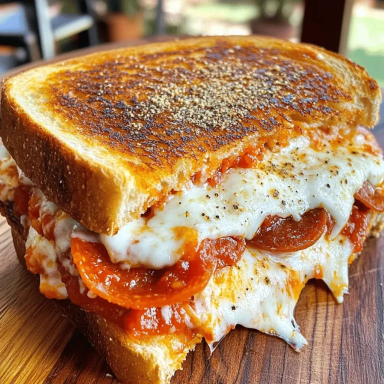- Sourdough bread - Mozzarella cheese - Pepperoni slices For this pizza grilled cheese, you need a few main ingredients. Sourdough bread gives a nice crunch. Mozzarella cheese melts perfectly. Pepperoni slices add that classic pizza taste. - Variations of cheese - Vegetables like peppers or mushrooms You can switch up the cheese if you want. Cheddar or provolone works great too. Adding veggies like peppers or mushrooms brings more flavor and nutrition. - Marinara sauce - Italian seasoning - Salt and pepper Don’t forget the marinara sauce for dipping. Italian seasoning adds great taste. A pinch of salt and pepper brings it all together. For the full recipe, check out the detailed instructions. Enjoy making this tasty pizza grilled cheese! To start, heat your skillet over medium heat. This step warms the pan, which is crucial for cooking the sandwich evenly. While your skillet heats, mix minced garlic with olive oil in a small bowl. This mixture adds a nice flavor to the bread. Brush one side of each slice of sourdough bread with this garlic oil. Now, let’s build our pizza grilled cheese. On the unbrushed side of two slices of bread, layer half of the shredded mozzarella cheese. Next, add the pepperoni slices on top. For a burst of flavor, spread a tablespoon of marinara sauce over the pepperoni. Then, sprinkle Italian seasoning, salt, and pepper on top. Finish by adding the rest of the mozzarella cheese. Close the sandwich with the other slices of bread, keeping the brushed side facing out. To achieve the best texture, cook the sandwiches in the skillet for about 3-4 minutes on each side. Look for a golden-brown color and melted cheese. For tips on flipping, use a sturdy spatula to lift the sandwich. Carefully turn it to avoid spilling the filling. Once cooked, remove the sandwiches from the skillet and let them cool for a minute before slicing. Enjoy your pizza grilled cheese delight! Check the [Full Recipe] for specific details. To achieve the ideal melt, use low heat. This helps the cheese melt without burning the bread. I recommend using a mix of mozzarella and a sharper cheese for better flavor. For the pan, a cast iron skillet works great. It holds heat well and gives even cooking. Make sure to preheat the pan before adding the sandwich. This step ensures a golden brown crust. You can use alternative meats or plant-based options. Try turkey pepperoni or even grilled chicken for a twist. If you want a veggie version, add bell peppers or mushrooms. Experimenting with different cheeses can also change the flavor. Cheddar, provolone, or gouda can add a nice kick. Don’t be afraid to mix and match until you find your favorite. Pair your pizza grilled cheese with dips for extra flavor. Marinara sauce works well, but ranch or garlic sauce are great too. For sides, a simple salad or crunchy chips complement the sandwich nicely. These sides will add freshness and texture to your meal. Enjoying this dish with friends makes it even better. For a full guide to making this dish, check out the Full Recipe. {{image_2}} For a hearty twist, try the Meat Lover's Pizza Grilled Cheese. Just add more meats like sausage or bacon. These meats can bring rich flavors and a nice crunch. You can layer the meats with cheese and marinara sauce. This combination makes a very tasty sandwich. You can use any meat you love, too! If you want a lighter option, go for the Veggie Pizza Grilled Cheese. You can pack it with toppings like mushrooms or spinach. These veggies add great flavor and nutrition. Slice them thin and layer them with cheese. They will blend well with the other ingredients. This version is perfect for veggie lovers! Are you a fan of heat? Try the Spicy Pizza Grilled Cheese. Simply add jalapeños or spicy marinara to your sandwich. This will give it a nice kick. You can adjust the spice level based on your taste. The heat enhances the rich cheese and savory toppings. It's a fun way to spice up your meal! For more ideas and details, check the Full Recipe. To keep your leftover pizza grilled cheese fresh, follow these steps. First, let the sandwich cool completely. This helps avoid steam, which can make it soggy. Next, wrap each sandwich in foil or parchment paper. This keeps the bread crisp. Place the wrapped sandwiches in an airtight container. Store them in the fridge for up to three days. To reheat your pizza grilled cheese, the skillet method works best. Preheat a skillet over medium heat. Unwrap the sandwich and place it in the skillet. Heat for about three minutes on each side. This method helps keep the bread crispy. If you want a faster option, use a microwave. Place the sandwich on a microwave-safe plate. Cover it with a damp paper towel. Heat for about 30 seconds. This keeps the cheese melty but may soften the bread. Yes, you can freeze pizza grilled cheese! Here’s how: First, make the sandwich and let it cool completely. Then, wrap it tightly in plastic wrap. You can also use a freezer bag. Make sure to remove as much air as possible. Label the bag with the date. Store in the freezer for up to three months. When you are ready to eat, let it thaw in the fridge overnight. Reheat it in a skillet for the best results. Enjoy your delicious creation later! You can use gluten-free bread in place of sourdough. Look for brands that taste good and hold together well. Some options include almond flour bread or oat-based bread. Always check the labels to ensure they are truly gluten-free. Yes, you can! Preheat your air fryer to 375°F. Assemble the sandwich as usual. Lightly spray both sides with cooking oil. Cook for 8 to 10 minutes, flipping halfway through. This method gives a nice crisp without using a skillet. I recommend mozzarella for that classic pizza taste. You can also mix in provolone for extra flavor or cheddar for a sharper bite. If you want a kick, try pepper jack. Each cheese adds its unique twist to the dish. To avoid soggy bread, use a good amount of cheese to act as a barrier. Brush the outside of the bread with olive oil or butter. Cooking on medium heat also helps the bread crisp up without getting wet. Enjoy your crispy sandwich! For a full recipe, check out the detailed steps above! This blog post covered the key ingredients for a delicious pizza grilled cheese, from sourdough to mozzarella. We explored topping options and seasonings for extra flavor. You learned step-by-step instructions for preparing and cooking your sandwich to perfection. Lastly, I shared storage tips, variations, and answers to common questions. With these ideas, you can craft a tasty meal that suits your style. Enjoy making and sharing your pizza grilled cheese!