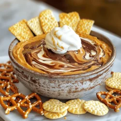 - 1 cup creamy peanut butter - 1 cup powdered sugar - 1/2 cup cream cheese, softened - 1 teaspoon vanilla extract - 1 cup whipped topping (like Cool Whip) - 1 cup semi-sweet chocolate chips - 2 tablespoons coconut oil (or vegetable oil) - Mini pretzels or graham crackers for serving - Flavor extracts (e.g., almond, chocolate) - Sea salt for a savory twist - Chopped nuts for added texture When I make Buckeye Dip, I always start with these key ingredients. Each one plays a big role in creating that perfect creamy texture. The peanut butter adds the rich, nutty flavor. The powdered sugar gives it sweetness. Cream cheese makes it smooth, while vanilla adds warmth. I love to fold in whipped topping. This step makes the dip light and fluffy. You can serve it with mini pretzels or graham crackers. They add a fun crunch. If you want to mix things up, consider optional ingredients. Flavor extracts can enhance the taste. A sprinkle of sea salt can balance the sweetness. Chopped nuts add a nice bite. Feel free to get creative! To start, gather your ingredients. This dip is simple to make. First, combine 1 cup of creamy peanut butter, 1 cup of powdered sugar, 1/2 cup of softened cream cheese, and 1 teaspoon of vanilla extract in a mixing bowl. Mix until everything is smooth and well-blended. Next, gently fold in 1 cup of whipped topping until it becomes fluffy. This step is key for that light texture. Now for the chocolate layer. In a microwave-safe bowl, add 1 cup of semi-sweet chocolate chips and 2 tablespoons of coconut oil. Heat this mixture in the microwave. Do this in 30-second intervals, stirring in between, until the chocolate is melted and smooth. Once ready, pour the melted chocolate over the peanut butter mixture. Use a knife to swirl the chocolate into the dip for a beautiful marbled effect. After mixing, transfer the dip to a serving bowl. Chill it in the refrigerator for at least 30 minutes. This chill time helps the flavors meld together nicely. When you are ready to serve, pair the Buckeye Dip with mini pretzels or graham crackers for dipping. The crunch of the pretzels adds a fun texture that contrasts with the creamy dip. Enjoy this treat at your next gathering! For the full recipe, check out the earlier section. To store leftover Buckeye Dip, first, place it in an airtight container. This keeps the dip fresh and tasty. If you have some left after a party, don’t worry! It can last in the fridge for about five days. Just make sure to seal it well. To maximize freshness, always use clean utensils to scoop out the dip. This prevents germs from getting in. If you notice any change in color or smell, it’s best to toss it out. When serving Buckeye Dip, drinks can make a big difference. Pair it with milk, coffee, or a light soda. These drinks balance the rich flavors of the dip. This dip shines at many gatherings. Think parties, game days, or family get-togethers. It adds a sweet touch to any event. Guests will love dipping mini pretzels or graham crackers into it. You can prepare Buckeye Dip a day ahead of time. Just mix all the ingredients and chill it overnight. This helps the flavors blend well. If you want to freeze it, you can! Just freeze the dip before adding the chocolate layer. When ready to serve, thaw it in the fridge. Then, melt the chocolate and swirl it on top. Your dip will taste fresh and delicious, even from the freezer! For the full recipe, check out the detailed instructions above. {{image_2}} You can easily change the taste of Buckeye Dip by using different types of chocolate. Try dark chocolate for a rich flavor or white chocolate for a sweeter touch. Each choice adds a unique twist. You can also switch out the peanut butter. Almond or cashew butter works well. These alternatives can give the dip a new flavor and texture. If you need a gluten-free option, use gluten-free powdered sugar and check your chocolate for gluten content. Most chocolate chips are gluten-free, but always read the label. For a vegan dip, swap the cream cheese for a vegan cream cheese. You can use maple syrup instead of powdered sugar for extra sweetness. This way, everyone can enjoy the dip. Get creative with themes! For holidays, add festive sprinkles or colors to the dip. You can even top it with crushed candy canes for Christmas. For game days, serve the dip in a football-shaped bowl. It adds fun to your snack table. These twists make your Buckeye Dip a crowd-pleaser at any gathering. You can store Buckeye Dip for about three days in the fridge. Keep it in an airtight container. This helps keep it fresh and tasty. If you notice any change in smell or texture, it’s best to toss it. Yes, you can easily make a vegan version of Buckeye Dip. Use vegan cream cheese and swap the whipped topping for coconut whipped cream. Use maple syrup instead of powdered sugar for sweetness. These changes keep the flavor while making it plant-based. You can enjoy Buckeye Dip with many snacks. Here are some great options: - Mini pretzels - Graham crackers - Apple slices - Celery sticks - Vanilla wafers These snacks complement the sweet and creamy taste of the dip perfectly. For the full recipe, check out the recipe section above. Buckeye Dip has roots in Ohio. It gets its name from the Buckeye tree, which produces nut-like seeds. These seeds look like chocolate-covered peanut butter balls. This dish draws inspiration from the Buckeye candy, a local favorite in Ohio. People often make Buckeye candy during holidays and special events. With its creamy texture and sweet flavor, Buckeye Dip became popular for gatherings. This dip holds a special place in Ohio culture. Fans of the Ohio State Buckeyes enjoy it during college football games. It often appears at tailgates, parties, and holiday meals. Families serve it during festive occasions, making it a go-to treat. The dip brings people together, sparking joy and laughter. This connection to local pride adds to its charm. Buckeye Dip stands out among dessert dips. Unlike fruit dips, it focuses on rich peanut butter and chocolate flavors. Traditional chocolate dips lack the creamy peanut butter base. Many dessert dips use cream cheese, but few have the same nutty taste. This unique blend makes Buckeye Dip a crowd favorite. The dip is both sweet and savory, appealing to a wide range of tastes. In this post, we explored the delicious Buckeye Dip, focusing on its essential ingredients, easy steps, and tasty variations. You learned how to make this creamy treat and store it for later. We also shared fun serving ideas and dietary options. Buckeye Dip is perfect for any occasion, whether a party or a cozy night in. By trying different flavors and twists, you can keep it exciting. Enjoy this tasty dip, and let your creativity run wild while making it!