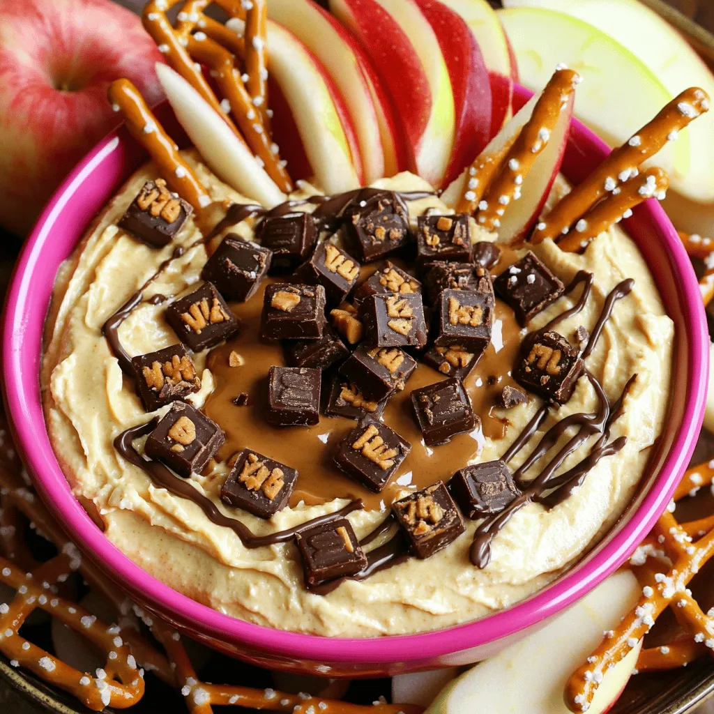 To make your Twix dip, gather these main ingredients: - 1 cup cream cheese, softened - 1/2 cup powdered sugar - 1/4 cup smooth peanut butter - 1 teaspoon vanilla extract - 1/2 teaspoon sea salt - 1 cup chocolate chips, melted (milk or dark) - 1/2 cup mini Twix bars, chopped These ingredients create a sweet and creamy dip that tastes like a Twix bar in a bowl. You can customize your Twix dip with fun add-ins. Here are a few ideas: - Swap regular peanut butter for crunchy peanut butter for a nutty texture. - Use flavored cream cheese, like caramel or chocolate, for more taste. - Add a sprinkle of sea salt on top for a sweet and salty kick. Feel free to experiment with these options to make it your own. What can you dip in this delicious dip? Here are some great choices: - Fresh apple slices for a sweet and crunchy contrast - Pretzel sticks for a salty bite - Graham crackers for a classic treat - Vanilla wafers for a soft touch Use any of these options to enjoy your Twix dip to the fullest. For the full recipe, check out the details above! Start by gathering your tools. You need a medium bowl and a mixer. In the bowl, add 1 cup of softened cream cheese and 1/2 cup of powdered sugar. Beat these together until they are smooth and creamy. You want a nice, fluffy texture. Next, add 1/4 cup of smooth peanut butter, 1 teaspoon of vanilla extract, and 1/2 teaspoon of sea salt. Beat this mixture again until it is well combined. Now comes the fun part! Melt 1 cup of chocolate chips in the microwave or on the stove. Once melted, let it cool slightly. Carefully fold the melted chocolate into your mixture. This adds a rich flavor. Then, take 1/2 cup of mini Twix bars and chop them up. Gently mix these into the dip. Make sure they are evenly spread throughout the dip for the best taste. Transfer your dip into a serving bowl. Cover it and chill in the refrigerator for at least 30 minutes. Chilling helps the flavors mix well. When it’s ready, serve it with fresh apple slices or pretzel sticks for dipping. This gives a great sweet and salty taste. For a nice touch, you can garnish with extra chopped Twix bars on top. Enjoy your delicious Twix Dip! For the full recipe, check out the details above. To get the right dip texture, focus on your mixing. Start with softened cream cheese. This helps it blend smoothly. Beat the cream cheese and powdered sugar well. Use a hand mixer for the best results. Once mixed, add peanut butter and vanilla. These ingredients should also blend well. The dip should be creamy and fluffy. If it feels too thick, add a splash of milk. This will help you reach the perfect consistency. One common mistake is not softening the cream cheese. Always let it sit at room temperature first. Another mistake is rushing the mixing process. Take your time to beat the mixture well. This ensures air enters, making it fluffy. Avoid adding too many Twix bars at once. They can make the dip too chunky. Lastly, don’t skip the chilling step. Chilling helps the flavors mix and improves the taste. Want to take your Twix dip to the next level? Try adding a pinch of cinnamon. This gives a warm spice that contrasts well with the sweetness. You can also mix in some crushed pretzels for a salty kick. Consider using flavored chocolate chips, like caramel or toffee. Each option adds a new layer of taste. If you love a bit of crunch, sprinkle chopped nuts on top. These small tweaks create a richer experience for your taste buds. For the full recipe, refer to the main article. {{image_2}} You can switch up the peanut butter in this recipe. Try almond butter for a nutty taste. You can also use sunflower seed butter for a nut-free option. Both give a nice twist to the dip. Each alternative adds a unique flavor and keeps it creamy. If you want a lighter taste, use Greek yogurt instead. This still gives a smooth texture and adds some tang. For the chocolate, use what you love. Instead of chocolate chips, try Nutella for a hazelnut flavor. You can also use white chocolate chips for a sweet, creamy dip. Dark chocolate gives a rich taste that pairs well with the sweet Twix. Just melt your choice of chocolate, and mix it in. The dip will still taste amazing with any chocolate you choose. Dippers make this dessert fun. While apples and pretzels are great, you can try more. Use graham crackers for a crunchy bite. Cookies, like vanilla wafers, work well too. If you want something different, try fresh strawberries or banana slices. Each dipper adds its own flavor and texture. So, feel free to mix and match to find your favorites. For the full recipe, check out the details above! If you have leftover Twix dip, store it in an airtight container. This keeps it fresh for about three days. Make sure to place it in the fridge right away. You don’t want it sitting out too long. When you're ready to enjoy it again, just give it a stir. The flavors will still be rich and sweet. You can freeze Twix dip if you want to save some for later. Just scoop it into a safe freezer container. It can last up to two months in the freezer. When you're ready to eat it, move it to the fridge to thaw overnight. This helps keep the texture nice and creamy. Twix dip is best enjoyed cold, but if you prefer it warm, you can gently reheat it. Use a microwave-safe bowl and heat it in short bursts. Start with 15 seconds, then stir. Repeat until it’s warm but not hot. Be careful not to overheat, as it can change the dip's texture. If you cannot use cream cheese, try using Greek yogurt. It adds a nice tang. You can also use mascarpone cheese for a creamier texture. Silken tofu is another great choice for a dairy-free option. Just blend until smooth before mixing in other ingredients. Each option will change the flavor slightly, but they will still taste great. Yes, you can make Twix Dip ahead of time. It’s a fantastic make-ahead dessert. Just prepare it and store it in an airtight container. Chill it in the fridge for up to 24 hours before serving. This allows the flavors to blend nicely. Just remember to give it a quick stir before serving. Twix Dip stays fresh in the fridge for about three days. Keep it in a sealed container to maintain its flavor. After three days, it may lose some taste and texture. If you notice any changes in smell or color, it’s best to throw it away. Enjoy it while it's fresh for the best experience! Twix Dip is easy and fun to make. We covered the key ingredients, step-by-step instructions, and helpful tips. You can customize it with various flavors or dippers to fit any event. Always remember to avoid common mistakes for the best results. Store your dip properly to enjoy it later. Making Twix Dip ahead saves time. You've got all the tools to create a tasty treat. Enjoy every bite and impress your friends!