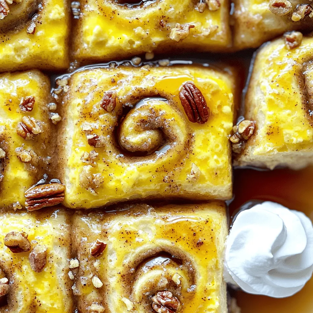 To make this tasty cinnamon roll casserole, gather these key items: - 2 cans of refrigerated cinnamon rolls - 4 large eggs - 1 cup milk - 1 teaspoon vanilla extract These main ingredients create the base for our dish. The cinnamon rolls give it that sweet, soft texture. The eggs and milk help bind everything together, making it rich and creamy. To elevate the flavor, add these optional ingredients: - 1 teaspoon ground cinnamon - ½ teaspoon nutmeg - ¼ cup brown sugar - ½ cup chopped pecans (optional) - ½ cup raisins (optional) - ½ cup maple syrup (for drizzling) The ground cinnamon and nutmeg give a warm, cozy taste. Brown sugar adds a touch of sweetness. If you like nuts or dried fruit, add the pecans and raisins for extra crunch. Finally, drizzle maple syrup on top for a sweet finish. You can find the full recipe above. Enjoy the fun of making this dish with family or friends! First, preheat your oven to 350°F (175°C). This step gets the oven ready for baking. While it heats up, grab a 9x13 inch baking dish. Grease it with non-stick spray or butter. This will help the casserole slide out easily later. Next, open two cans of refrigerated cinnamon rolls. Cut each roll into quarters. This makes the pieces small and easy to mix. Now, it’s time to make the egg mixture. In a large bowl, whisk together four large eggs, one cup of milk, one teaspoon of vanilla extract, one teaspoon of ground cinnamon, half a teaspoon of nutmeg, and a quarter cup of brown sugar. Mix it well until everything is combined. Next, pour this egg mixture evenly over the cinnamon roll pieces in the baking dish. Make sure all the pieces get coated. This is key to a tasty casserole. Place the baking dish in the oven. Bake for 25 to 30 minutes. The casserole should puff up and turn golden brown when it’s done. To check for doneness, insert a toothpick into the center. If it comes out clean, your casserole is ready. Once it’s baked, remove it from the oven. Let it cool slightly before drizzling half a cup of maple syrup over the top. This adds extra sweetness and flavor. Enjoy your Cinnamon Roll Casserole! You can find the Full Recipe linked above. To ensure a great texture, coat every piece of cinnamon roll well with the egg mixture. This step is key. If you skip it, some rolls may stay dry. Pour the egg mix evenly over all pieces. Use a spatula to help spread it around. For a golden top, keep an eye on the baking time. Bake at 350°F for 25-30 minutes. When it puffs and looks golden, it's ready. If it browns too fast, cover it with foil. Serve the casserole warm for the best taste. Cut it into squares and place them on plates. A drizzle of maple syrup adds sweetness. You can also top it with whipped cream for extra fun. For a delightful look, sprinkle chopped pecans on each serving. This adds crunch and color. You can make your casserole even better with toppings. Try adding chocolate chips or fresh berries. These options bring a burst of flavor and color. To add some crunch, mix in some nuts. Pecans and walnuts work great. You can even toss in some raisins for chewiness. These simple changes make your casserole stand out. For the full recipe, check the section above. {{image_2}} To make this dish a bit lighter, consider these swaps: - Using whole grain cinnamon rolls: Whole grain rolls add fiber and nutrients. They also keep the sweetness we love. - Lower-fat milk options: You can use almond milk or skim milk. This change cuts fat while still giving a creamy texture. Let’s explore some fun twists on the classic: - Adding chocolate chips: Who doesn't love chocolate? Toss in a cup of chocolate chips for a sweet surprise. - Experimenting with extracts: Try almond or maple extract. A small splash can change the flavor in a big way. Make this dish fit the season with these ideas: - Incorporating pumpkin for fall: Blend in half a cup of pumpkin puree. It adds flavor and a festive touch. - Adding cranberries for winter holidays: Toss in dried cranberries. They bring a tartness that pairs well with the sweet rolls. For all these options and more, check the full recipe for guidance on how to adjust the main ingredients. To keep your cinnamon roll casserole fresh, place leftovers in the fridge. Use an airtight container to store it. Make sure the casserole cools down before sealing it up. It can last for about three days in the fridge. If you want to enjoy it later, consider freezing it. You can reheat your casserole in two ways: in the oven or the microwave. For the oven, set it to 350°F (175°C). Place the casserole in a baking dish and cover it with foil. Heat for about 15-20 minutes until warm. In the microwave, heat individual portions on medium power for 1-2 minutes. This way, you keep the texture moist and tasty. Yes, you can freeze cinnamon roll casserole! First, let it cool completely. Then, wrap it tightly in plastic wrap. After that, place it in a freezer-safe container. It can stay frozen for up to three months. To thaw, move it to the fridge for a few hours or overnight. Reheat as mentioned above for the best results. Enjoy the deliciousness even after freezing! You can prepare this dish the night before for easy baking in the morning. Start by following the recipe up to the point of pouring the egg mixture over the cinnamon rolls. After that, cover the baking dish with plastic wrap. Put it in the fridge overnight. When you’re ready to bake, take it out and let it sit at room temperature for about 15 minutes. Then, bake as directed. This method saves time and allows the flavors to meld. Yes, you can absolutely use homemade cinnamon rolls! If you have a favorite recipe, make the rolls as usual. Cut them into quarters like the store-bought ones. The texture might be a bit different, but it will taste amazing. Just make sure your homemade rolls are not too dry. If they are, you might want to add a little extra milk to the egg mixture to keep it moist. Cinnamon roll casserole pairs well with various side dishes and drinks. Consider serving fresh fruit, like berries or bananas, for a bright touch. You could also offer crispy bacon or sausage for a savory contrast. For drinks, coffee or a sweet tea complements the sweet flavors nicely. Orange juice adds a refreshing twist too. Yes, you can make this casserole dairy-free! Simply replace the milk with almond milk, soy milk, or oat milk. For eggs, try using flax eggs or a commercial egg replacer. Each option works well, but remember that the flavor may slightly change. Just experiment and find what you like best! You now have a simple guide to make a tasty cinnamon roll casserole. We covered the key ingredients, steps, and tips to ensure success. Remember to get creative with flavors and toppings. Whether you enjoy it warm or add your favorite fruits, this recipe can please anyone. Store leftovers properly or freeze them for later. Enjoy making this fun dish and sharing it with friends or family!