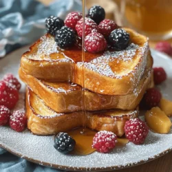 To make the best French toast, you'll need some key ingredients. Here’s what you need: - 4 thick slices of brioche bread - 2 large eggs - 1 cup whole milk - 1 teaspoon vanilla extract - 1 teaspoon ground cinnamon - 2 tablespoons sugar - 1 tablespoon butter - Pinch of salt - Maple syrup (for serving) - Fresh berries (for garnish) - Powdered sugar (for dusting) These items create a rich and creamy base that makes each bite delightful. You can add fun toppings to make your French toast even better. Here are some ideas: - Sliced bananas - Chopped nuts - Whipped cream - Chocolate chips - Honey - Nut butter These toppings let you customize your dish to your liking. Feel free to mix and match! If you don't have a few ingredients, don't worry! You can easily swap them out. Here are some substitutions: - Brioche bread: Use challah, sourdough, or whole grain bread. - Whole milk: Almond milk or oat milk works great too. - Eggs: You can use mashed banana or applesauce for a vegan option. - Sugar: Try honey or maple syrup instead. These swaps keep your French toast tasty and fun. Enjoy creating your own version! To start, grab a mixing bowl. Add 2 large eggs and 1 cup of whole milk. Then, pour in 1 teaspoon of vanilla extract and 1 teaspoon of ground cinnamon. Next, add 2 tablespoons of sugar and a pinch of salt. Use a whisk to mix everything until it’s smooth. This mixture is key for tasty French toast. Now, heat a skillet or griddle over medium heat. Add 1 tablespoon of butter to the pan. Let it melt and coat the bottom. Take each slice of brioche bread and dip it into the egg mixture. Make sure both sides are coated but not soaked. Place the bread on the skillet. Cook for 3-4 minutes until golden brown. Flip and cook the other side. Repeat with the rest of the slices. Keep them warm on a plate. Serve your French toast hot! Drizzle it with maple syrup. Add fresh berries on top for color and flavor. A light dusting of powdered sugar makes it look fancy. You can stack the slices in a slanted pile for a great presentation. Enjoy your delicious creation! For the Full Recipe, check the details above. To get a great texture, use thick slices of bread. Brioche or challah works best. Soak the bread in the egg mixture, but don’t let it get too soggy. A quick dip on each side is perfect. Cook on medium heat until golden and crisp. This ensures a soft inside and a crunchy outside. One mistake is not using enough fat in the pan. Use butter to create a nice crust. Another error is cooking on high heat. This can burn the toast before it cooks through. Also, avoid over-soaking the bread. You want it moist but not falling apart. To add more flavor, mix in spices like nutmeg or cardamom. A pinch of salt brings out the sweetness too. You can also try adding orange zest for a fresh twist. These small changes can make your French toast stand out. Enjoy experimenting to find your perfect blend! {{image_2}} You can enjoy classic French toast in many ways. Try using different breads. Challah and sourdough work great. Each type adds its own flavor. You can also change the milk. Use almond milk or oat milk for a twist. Try adding nutmeg for a warm spice flavor. Top it with your favorite fruits, like bananas or strawberries. Stuffed French toast is a fun idea. You can fill it with cream cheese and berries. For a savory touch, try ham and cheese. Spread the filling between two slices of bread. Dip it in the egg mix and cook as usual. Another twist is to make French toast roll-ups. Fill and roll the bread, then cook. The options are endless! If you need gluten-free French toast, use gluten-free bread. You can also try chickpea flour mixed with water as an egg substitute. For a vegan option, use plant milk and add flaxseed meal for binding. Both options work well with the same cooking method. You can still enjoy delicious French toast no matter your diet! To store leftover French toast, let it cool first. Place the slices in an airtight container. Keep them in the fridge for up to three days. If you want to keep them longer, use the freezer. Reheat French toast in a few ways. Use a microwave for a quick option. Heat it for about 30 seconds per slice. For better texture, use an oven. Preheat it to 350°F (175°C). Place the slices on a baking sheet and warm them for 10 minutes. Freezing is great for meal prep. Wrap each slice in plastic wrap. Then, place them in a freezer-safe bag. You can freeze them for up to two months. When you're ready to eat, thaw the slices in the fridge overnight. Then, reheat using your preferred method. Enjoy your French toast any time! For the Full Recipe, check above. The best bread for French toast is thick and fluffy. I love using brioche. It soaks up the egg mixture well. Challah and sourdough also work nicely. You want a bread that can hold its shape. This helps it stay soft inside and crispy outside. Yes, you can make French toast without eggs. Use a mix of plant-based milk and a banana instead. This gives a nice texture. You can also use flaxseed mixed with water as an egg replacer. Just remember, the flavor may change a bit. To make crispy French toast, use a hot skillet. Use butter or oil to coat the pan. Cook each side until golden brown, about 3-4 minutes. Avoid soaking the bread too long in the egg mix. This helps keep it from getting soggy. Serve French toast warm. I love drizzling it with maple syrup. Add fresh berries for color and flavor. A dusting of powdered sugar can make it look fancy. You can stack the slices for a great presentation. You can find the Full Recipe for Heavenly Cinnamon Vanilla French Toast above. It includes everything you need for a delicious morning treat. Enjoy making it! In this post, we explored how to make perfect French toast. We covered essential ingredients, cooking steps, and tips for the best texture. You learned about tasty variations and how to store leftovers. French toast can be simple or fancy, depending on what you want. I hope these tips help you make a delicious meal. Enjoy making French toast your way!