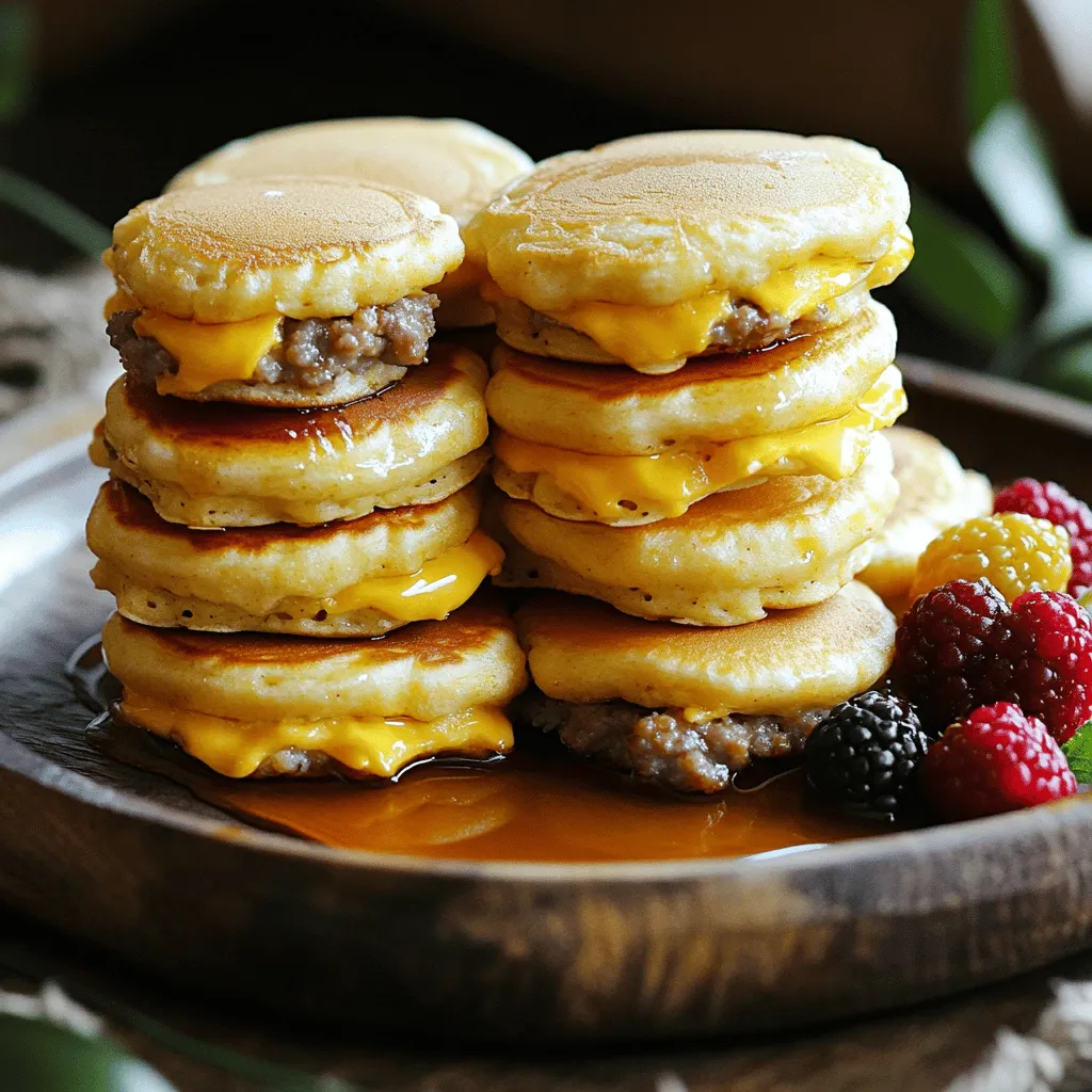 To make Mini McGriddle Bites, you need simple ingredients: - 1 cup pancake mix - 3/4 cup buttermilk - 1 tablespoon maple syrup - 1 large egg - 1/2 pound breakfast sausage, cooked and crumbled - 1/2 cup shredded cheddar cheese - 1 tablespoon butter, for cooking - Additional maple syrup for serving These ingredients work well together. The pancake mix forms the base, while buttermilk adds a nice flavor. The egg binds everything, and maple syrup gives a sweet touch. The sausage and cheese add heartiness. You can boost flavor with some fun add-ins. Here are a few ideas: - Chopped green onions - Diced bell peppers - Cooked bacon bits - Spices like black pepper or paprika These add-ins bring different tastes and textures. You can mix and match based on what you enjoy. Each serving of Mini McGriddle Bites packs a good punch. Here’s a quick look at the nutrition: - Calories: About 250 - Protein: 12 grams - Fat: 15 grams - Carbohydrates: 20 grams This snack is filling and tasty. It offers protein from sausage and cheese, plus carbs from the pancake mix. Enjoy these bites as a quick meal or snack! For the full recipe, check out the instructions above. Start by grabbing a large mixing bowl. Add 1 cup of pancake mix. Then, pour in 3/4 cup of buttermilk. Next, add 1 tablespoon of maple syrup and crack in 1 large egg. Use a whisk and mix until just combined. Don't worry about lumps; they are okay. Now, fold in 1/2 pound of cooked and crumbled breakfast sausage. Add 1/2 cup of shredded cheddar cheese to the batter. Mix gently so that you keep the cheese and sausage pieces intact. Heat a skillet or griddle over medium heat. Add 1 tablespoon of butter and let it melt, coating the pan. For each mini pancake, scoop a tablespoon of batter onto the skillet. Aim for about 2 inches in diameter. Cook each mini pancake for 2-3 minutes. Wait for bubbles to form on the surface. Flip the pancakes and cook for another 1-2 minutes. They should turn a golden brown. Keep repeating this process until all the batter is used. Remember to add more butter as needed. Once all pancakes are cooked, it’s time to assemble. Take two mini pancakes and place a dollop of extra maple syrup between them. Press them gently together. You now have a tasty Mini McGriddle Bite! Enjoy these delightful snacks right away, or make a big batch for a fun gathering. For the complete recipe, check the Full Recipe above. To make great Mini McGriddle Bites, start with the right pancake batter. Use one cup of pancake mix for the base. Combine it with three-quarters of a cup of buttermilk. Add one tablespoon of maple syrup and one large egg. Mix just until smooth; a few lumps are fine. This keeps your pancakes fluffy and light. You will need a skillet or griddle for cooking. Preheat it on medium heat. Add one tablespoon of butter to coat the surface. This adds flavor and helps prevent sticking. Use a tablespoon to scoop the batter into small circles. Cook them for two to three minutes on one side. Look for bubbles on the surface as a sign to flip. Cook them until golden brown for the best taste. Serve your Mini McGriddle Bites warm. Stack them high on a plate for a fun look. Drizzle extra maple syrup on top for sweetness. You can also add fresh berries for color and taste. These bites make a great snack or breakfast. For extra flavor, try pairing them with sausage links or crispy bacon. Want to explore more? Check out the Full Recipe for complete details! {{image_2}} You can play with flavors in your Mini McGriddle Bites. Add chocolate chips for a sweet treat. Try spinach and feta for a savory twist. Other great options include diced jalapeños for some heat or blueberries for a fruity kick. These mix-ins make your bites fun and tasty. If you need gluten-free bites, use a gluten-free pancake mix. You can also make vegan Mini McGriddle Bites. Replace the egg with mashed banana or applesauce. Use plant-based sausage in place of regular sausage. For the buttermilk, try almond milk mixed with vinegar. These options keep the bites delicious for everyone. Serve your Mini McGriddle Bites in fun ways. Arrange them on a platter for a party. Stack them high and drizzle maple syrup on top. You can also pair them with fresh fruits, like strawberries and bananas. For a dipping experience, add small bowls of syrup or fruit compote. These ideas make your bites look and taste special. Check out the Full Recipe for more inspiration! Store any leftover Mini McGriddle Bites in an airtight container. Keep them in the fridge. They will stay fresh for up to three days. If you want to enjoy them later, make sure they cool completely. This helps prevent moisture from building up. When you're ready to eat your leftover bites, you can reheat them easily. Use a microwave, oven, or skillet. For a microwave, place them on a plate and heat for 20 to 30 seconds. If using an oven, preheat to 350°F (175°C). Heat for about 10 minutes or until warm. If you prefer the skillet, place them over low heat for a few minutes. This helps keep them crispy. You can freeze Mini McGriddle Bites for longer storage. First, lay them out on a baking sheet. Place them in the freezer until they are solid. Then, transfer them to a freezer bag. This helps save space. They will stay good for up to three months. To reheat, let them thaw in the fridge overnight. Then, follow the reheating instructions above. Enjoy your bites whenever you want! For the full recipe, check out the earlier section. Mini McGriddle Bites are small pancakes that blend sweet and savory flavors. They use pancake mix, buttermilk, sausage, and cheese. The result is a tasty snack that is both fluffy and filling. You can enjoy them for breakfast, lunch, or even dinner. They are fun to eat and perfect for sharing. Each bite offers a combination of maple syrup and sausage, bringing joy to your taste buds. Yes, you can make Mini McGriddle Bites ahead of time. Prepare them in advance and store them in the fridge. They stay fresh for up to two days. Just reheat them in a skillet or microwave when you are ready to eat. This makes them a great snack for busy days. They are easy to grab and go, perfect for a quick meal. Some great dipping sauces for Mini McGriddle Bites include maple syrup and honey. You can try spicy mustard or ranch dressing for a fun twist. You can also mix cream cheese with chives for a savory dip. These sauces add extra flavor and make each bite even better. Experiment with different options to find your favorite! In this post, I shared how to make Mini McGriddle Bites, from key ingredients to cooking steps. You learned tips for perfecting the pancake batter and explored fun flavor variations. Remember to store leftovers correctly for the best taste later. Mini McGriddle Bites are versatile and can cater to different diets. Try different flavors or serving ideas to keep things fresh. This treat is sure to please everyone. Enjoy your cooking adventures with these delicious bites!