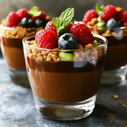 To make this delightful chocolate avocado mousse, you need a few simple ingredients. Here’s what you will use: - 2 ripe avocados, pitted and peeled - 1/2 cup unsweetened cocoa powder - 1/3 cup pure maple syrup (or honey) - 1/4 cup almond milk (or any milk of choice) - 1 teaspoon vanilla extract - A pinch of sea salt - Fresh berries and mint leaves for garnish The ripe avocados are the star of the show. They give the mousse its creamy texture. Cocoa powder adds the rich chocolate flavor. The maple syrup or honey gives sweetness. Almond milk helps blend it all smoothly. A touch of vanilla adds a nice aroma. Avocados are not just tasty. They are also good for you! They are full of healthy fats that help your heart. These fats can lower bad cholesterol. Avocados also have fiber, which helps with digestion. They are rich in vitamins like C, E, and K. Eating avocados can help keep your skin and eyes healthy. This mousse lets you enjoy dessert while getting all those great benefits. You can choose different sweeteners for your mousse. The recipe calls for maple syrup, but honey works too. If you prefer, you can use agave syrup or stevia. Just remember, some sweeteners are sweeter than others. You might need to adjust the amount. Start with less and add more to taste. This way, you can customize the sweetness to your liking. To make this mousse, start by gathering your ingredients. You will need: - 2 ripe avocados, pitted and peeled - 1/2 cup unsweetened cocoa powder - 1/3 cup pure maple syrup (or honey) - 1/4 cup almond milk (or any milk of choice) - 1 teaspoon vanilla extract - A pinch of sea salt Ensure your avocados are ripe. They should feel soft but not mushy when you press them gently. This is key for a smooth mousse. Now, it’s time to blend! In a blender or food processor, add the ripe avocados, cocoa powder, maple syrup, almond milk, vanilla extract, and sea salt. Blend everything until smooth and creamy. You might need to stop and scrape down the sides. This helps mix everything well. After blending, taste your mousse. If you want it sweeter, add a bit more maple syrup or honey. Blend again until it’s just right. Once you have a velvety mixture, transfer it into serving cups or bowls. Refrigerate the mousse for at least 30 minutes. This helps it set and chill. When it’s ready, serve it cold. For a pretty touch, add fresh berries and mint leaves on top. You can also layer the mousse with crushed graham crackers or granola for some crunch. This Chocolate Avocado Mousse is not just a treat; it's a delightfully creamy dessert that you can enjoy without guilt. You can find the Full Recipe to help you repeat this success! To get that silky, smooth texture, use ripe avocados. They should feel soft but not mushy. Blend all ingredients until they are completely smooth. If it seems too thick, add a splash of almond milk. This will help create the right mix. Remember to scrape the sides of the blender often. This ensures everything blends evenly and gives you a creamy mousse. Taste your mousse after blending. If it's not sweet enough for you, add more maple syrup or honey. Start with a small amount and blend again. You can always add more sweetness, but you can't take it out. This lets you control how sweet your mousse gets. Each person has a different preference, so adjust it to fit your taste. Presentation is key for any dessert. Serve the mousse in clear cups to show off its rich color. Add fresh berries and mint leaves on top for a pop of color. You can also layer the mousse with crushed graham crackers or granola. This adds crunch and makes it look even better. A little creativity goes a long way in making your dessert shine. For the full recipe, check out the details above! {{image_2}} You can easily make this mousse dairy-free and vegan. Use almond milk or coconut milk instead of regular milk. Maple syrup is a great choice for sweetness, as it is plant-based. This way, you get a creamy texture without using any dairy. The mousse still tastes rich and satisfying. Want to switch up the flavor? You can infuse your mousse with mint or coffee. Add a few sprigs of fresh mint leaves to the blender. Blend until smooth for a refreshing twist. For a coffee flavor, mix in a tablespoon of instant coffee or espresso powder. This gives the mousse a nice depth and warmth. Get creative with mix-ins and toppings! You can stir in some chocolate chips or chopped nuts for a fun texture. Fresh berries like strawberries or raspberries make a great topping. They add a burst of color and flavor. Don’t forget to sprinkle some crushed graham crackers or granola for added crunch. Each bite will be a delight! For the full recipe, check out the details above. To keep the mousse fresh, cover it tightly with plastic wrap. You can also use an airtight container. This helps prevent air from drying it out. Make sure to store it in the fridge right after serving. The mousse lasts about 3 to 5 days in the fridge. After that, it may lose its creamy texture. Always check for any signs of spoilage, like an off smell or change in color. You can freeze chocolate avocado mousse, but the texture may change. It can become grainy after thawing. If you want to freeze it, place it in a freezer-safe container. Make sure to leave space for expansion. Try to use it within 1 month for best quality. Yes, you can use other sweeteners. Agave syrup works well. You can also use granulated sugar or coconut sugar. Just remember to adjust the amount to taste. Each sweetener has its own level of sweetness. Start small and add more if needed. To ripen avocados fast, place them in a paper bag. This traps ethylene gas, which speeds up ripening. You can add an apple or banana for extra help. Check them daily. Once they are soft, they are ready to use. Yes, Chocolate Avocado Mousse is healthy! It has healthy fats from avocados. These fats can help keep your heart healthy. This dessert also has fiber, which is good for digestion. Plus, it’s lower in sugar than many other desserts. You can find the full recipe to enjoy this tasty treat! You now know how to make a great avocado mousse. We covered key ingredients, from avocados to sweeteners. I shared step-by-step instructions for blending and chilling. Tips for perfect consistency and decoration can help wow your guests. You even learned about fun variations, storage tips, and answers to common questions. Remember, this mousse is healthy and tasty! Enjoy your delicious creation and impress everyone with your skills.