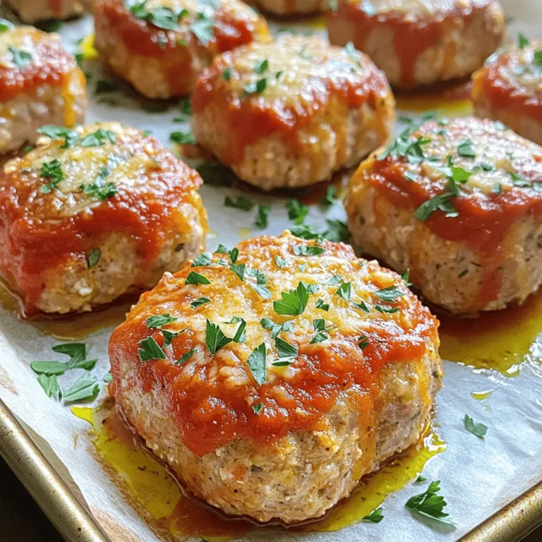 - 1 pound ground chicken - 1/2 cup breadcrumbs - 1/4 cup grated Parmesan cheese - 2 cloves garlic, minced - 1/4 cup chopped fresh parsley - 1 large egg - 1 teaspoon dried Italian herbs - 1/2 teaspoon salt - 1/4 teaspoon black pepper - 1/4 cup marinara sauce (plus extra for serving) - 1 tablespoon olive oil When you gather these ingredients, you set the stage for a great meal. The ground chicken forms the base. Breadcrumbs add texture, while Parmesan brings rich flavor. Garlic gives a nice kick, and parsley adds freshness. The egg binds everything together. - Ground chicken alternatives: You can use ground turkey or lean beef if you want. Both work well. - Gluten-free breadcrumb options: Look for gluten-free breadcrumbs made from rice or oats. They hold up nicely in the recipe. - Dairy-free substitutes for Parmesan: Nutritional yeast or vegan cheese can replace Parmesan. They bring a similar taste without dairy. - Top brands for breadcrumbs: Look for brands like Progresso or Ian's. They are known for quality and flavor. - Best Parmesan cheese options: Grana Padano and Pecorino Romano are great choices. Both add a strong, savory taste. Using these ingredients, you can create a delicious meal that everyone will enjoy. For the complete recipe, check out the Full Recipe section. 1. Preheat your oven to 375°F (190°C). This helps the meatloaves cook evenly. 2. Line a baking sheet with parchment paper. This keeps the meatloaves from sticking. 3. In a large bowl, mix together the ground chicken, breadcrumbs, and Parmesan. 4. Add the minced garlic, chopped parsley, egg, Italian herbs, salt, and black pepper. 5. Stir until just combined. Be careful not to overmix, or your meatloaves will be tough. 1. Use your hands to form the mixture into small meatloaf shapes. 2. Aim for about 2-3 inches in length. This size cooks well and looks nice on the plate. 3. For uniform size, use a scoop or measuring cup. This helps all the meatloaves bake evenly. 4. Place the shaped meatloaves on your prepared baking sheet. 1. Make a small dent in the center of each meatloaf with the back of a spoon. 2. Fill this dent with a teaspoon of marinara sauce. This adds flavor and moisture. 3. Drizzle olive oil over the meatloaves. This helps them brown nicely. 4. Bake in the preheated oven for 25-30 minutes. The meatloaves are done when they reach 165°F (75°C). 5. Look for a golden brown color on the outside. Let them rest for 5 minutes before serving. For the full recipe, refer to the earlier section. Adding spices can make your meatloaves pop. Consider adding smoked paprika or chili flakes for some heat. You can also try mixing in some cayenne pepper for extra zing. Fresh herbs boost flavor better than dried ones. Use fresh parsley, thyme, or oregano for a bright taste. Dried herbs work too, but fresh is always best. To get a crispy exterior, drizzle olive oil on the meatloaves before baking. This helps brown them nicely. You can also broil them for the last few minutes. For moisture retention, don't overmix the meat mixture. Overmixing makes the meatloaves tough. Also, let them rest after baking. This keeps them juicy and allows flavors to meld. Pair your meatloaves with a simple salad or roasted veggies. Mashed potatoes or garlic bread also work well. For presentation, place the meatloaves on a nice platter. Drizzle with extra marinara sauce and sprinkle more Parmesan on top. Add fresh parsley for a pop of color. This makes for a feast that looks as good as it tastes! For the full recipe, check the section above. {{image_2}} You can switch up the taste of garlic Parmesan chicken meatloaves by adding different cheeses. Try mozzarella for a creamy pull or feta for a tangy kick. Mixing cheeses can create a unique flavor that excites your taste buds. Incorporating vegetables is another fun twist. Grated zucchini or shredded carrots add moisture and nutrition. You can also mix in finely chopped spinach for extra color and health benefits. The size and shape of your meatloaf can change the cooking time and presentation. Mini meatloaves are quick to cook and fun to eat. They make great portions for kids and are easier to serve. If you want something even cuter, try a muffin tin meatloaf recipe. Each muffin cup holds just the right amount. This method also allows for even baking, giving you a crispy outside and a juicy inside. If you're looking for low-carb variations, swap out breadcrumbs for almond flour or crushed pork rinds. These options keep the meatloaf tasty while cutting down on carbs. For a vegan alternative, use lentils or chickpeas instead of chicken. Combine these with oats and spices for a hearty meatloaf that everyone will love. You can still achieve that garlic and Parmesan flavor using nutritional yeast for a cheesy taste. With these variations, you can easily make garlic Parmesan chicken meatloaves fit any meal or diet. Explore these options to create your perfect dish today. Check out the Full Recipe for more details. To keep your leftovers fresh, let them cool first. Place them in airtight containers. Glass or plastic containers work well. Make sure to label them with the date. This way, you can track how long they last. Store them in the fridge for up to three days. If you want to freeze these meatloaves, do it before baking. Shape them and place them on a baking sheet. Freeze them until solid, then transfer to a freezer bag. This method saves space and keeps them fresh. You can also freeze cooked meatloaves. Wrap them tightly in foil or freezer-safe bags. They can stay good for up to three months. When you’re ready to cook frozen meatloaves, thaw them in the fridge overnight. This method helps them cook evenly. You can also use the microwave for a quicker thaw. Just be careful not to start cooking them in the microwave. To reheat your meatloaves without drying them out, use the oven. Preheat it to 350°F (175°C). Place the meatloaves on a baking sheet and cover them with foil. Heat for about 15-20 minutes. This keeps them moist and tasty. You can also microwave them if you're in a hurry. Just place them on a microwave-safe plate and cover them. Heat in short bursts of 30 seconds until warm. Serve leftovers with fresh marinara sauce for extra flavor. For a fun twist, pair them with a fresh salad or mashed potatoes. Enjoy your delicious meal! For the full recipe, check the main article. Bake the garlic Parmesan chicken meatloaves for 25-30 minutes. This ensures they cook evenly. The meatloaves are done when they reach 165°F (75°C). You want them golden brown on the outside. Always check the center for doneness. Use a meat thermometer for best results. Yes, you can make these meatloaves ahead of time. Prepare the mixture and shape them. Store them in the fridge for up to 24 hours. This saves time on busy nights. You can also freeze them for later. Just thaw before baking. This keeps your meal prep easy and flexible. Yes, garlic Parmesan chicken meatloaves are a healthy option. They use ground chicken, which is leaner than beef. You add fresh parsley and garlic for flavor and nutrients. Each meatloaf has protein and good fats. Pair with veggies for a complete meal. Enjoy a tasty and healthy dinner! In this post, we covered how to make garlic Parmesan chicken meatloaves, from the ingredients to serving tips. You learned about ingredient swaps, brand recommendations, and easy steps for perfect meatloaves. Remember to play with flavors and enjoy various options for size and diet needs. With the right storage, your leftovers can stay fresh too. Try these methods and make your meals enjoyable and healthy! Enjoy your cooking journey!