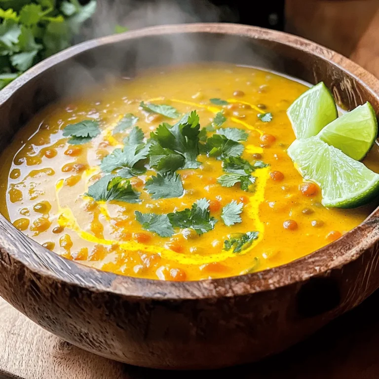To make this Coconut Curry Lentil Soup, you need: - 1 cup red lentils, rinsed - 1 can (13.5 oz) coconut milk - 4 cups vegetable broth - 1 medium onion, diced - 2 cloves garlic, minced - 1-inch ginger, grated - 1 medium carrot, diced - 1 bell pepper (any color), diced - 2 tablespoons curry powder - 1 tablespoon turmeric - 1 teaspoon cumin - 1/2 teaspoon red pepper flakes (optional, for heat) - Salt and pepper to taste - 2 tablespoons olive oil - Fresh cilantro, for garnish - Lime wedges, for serving This soup is not just tasty; it’s good for you too. A serving has about: - Calories: 250 - Protein: 10g - Carbs: 36g - Fiber: 12g - Fat: 9g - Vitamins A and C These numbers can change based on what you add or change in the recipe. You can swap some ingredients if you need to. Here are a few ideas: - Use green lentils instead of red for a firmer bite. - Coconut cream can replace coconut milk for a richer flavor. - If you don’t have vegetable broth, water works too. - Any kind of onion can fit, but yellow or sweet onion is best. - For a spicy kick, use jalapeños instead of red pepper flakes. Feel free to mix and match to find what works best for you. You can find the full recipe above to guide you through each step! To make this coconut curry lentil soup, start by gathering your ingredients. You will need red lentils, coconut milk, vegetable broth, onion, garlic, ginger, carrot, bell pepper, curry powder, turmeric, cumin, red pepper flakes, olive oil, salt, and pepper. 1. In a large pot, heat two tablespoons of olive oil over medium heat. 2. Add one diced onion, one diced carrot, and one diced bell pepper. Sauté these for about 5-7 minutes. You want the veggies to soften. 3. Next, add two minced garlic cloves and one inch of grated ginger. Cook these for 1-2 minutes until they smell great. 4. Stir in two tablespoons of curry powder, one tablespoon of turmeric, and one teaspoon of cumin. If you like heat, add half a teaspoon of red pepper flakes. Toast the spices for about one minute. 5. Now, add one cup of rinsed red lentils, four cups of vegetable broth, and one can of coconut milk. Mix everything well. 6. Bring this mixture to a boil. Then, lower the heat and let it simmer uncovered for 25-30 minutes. The lentils should be tender, and the soup will thicken. 7. Season with salt and pepper to taste. If you want a smoother soup, blend some of it. Leave some lentils whole for texture. 8. Serve hot and garnish with fresh cilantro and lime wedges for a zesty kick. - Prep Time: 10 minutes - Cook Time: 30 minutes - Total Time: 40 minutes - Use fresh spices for the best flavor. - Stir the soup occasionally to prevent sticking. - If the soup thickens too much, add more broth or water. - Let the soup sit for a few minutes before serving; it tastes even better! - For a fun twist, try adding spinach or kale for extra greens. For the complete recipe, check out the Full Recipe section. To boost flavor, use fresh spices. Fresh spices have more taste than old ones. Toast them in olive oil to wake them up. This adds a richer taste to the soup. If you want creaminess, blend half the soup. This gives you a smooth base while keeping some lentils whole. You can also add a splash of lime juice before serving. This brightens the soup and adds a fresh zing. One common mistake is not rinsing the lentils. Rinsing removes dirt and helps them cook better. Another mistake is cooking at too high a heat. This can make the lentils mushy. Stir the soup gently and keep the heat low. Lastly, don’t forget to taste as you cook. Adding salt and pepper early can lead to an overly salty soup. Always season at the end for the best flavor. If you like heat, add more red pepper flakes. Start with a little and add more until it's right for you. For less spice, skip the red pepper flakes or add a bit of sugar. Sugar can balance out the heat and make the soup taste great. If someone in your family can’t handle spice, serve lime wedges on the side. This way, they can adjust their soup as they like. For the complete recipe, check out the [Full Recipe]. {{image_2}} Coconut Curry Lentil Soup is a great dish for everyone. Since it uses no meat, it’s already vegetarian and vegan. You can enjoy all the rich flavors without any animal products. Fresh veggies add color and nutrients. Try adding spinach or kale for extra greens. You can also use vegetable broth for a hearty base. You might want more protein in your soup. Great options include chickpeas or tofu. They blend well with the lentils and add texture. If you like meat, chicken or shrimp can work too. Just cook them separately and add them at the end. This way, you keep the flavors balanced. To boost flavor, think about adding extras. A dash of lime juice brightens the soup. You can also stir in fresh herbs like basil or mint. These give a fresh twist to each bowl. For a spicy kick, add more red pepper flakes or a splash of hot sauce. This soup is your canvas, so feel free to get creative! For the complete recipe, check out the Full Recipe mentioned. Storing your Coconut Curry Lentil Soup is easy. Let the soup cool down first. Pour it into an airtight container. Make sure to leave some space at the top. This helps the soup expand when it freezes. You can keep it in the fridge for up to four days. If you want it to last longer, freezing is the way to go. To freeze your soup, use freezer-safe containers. You can also use freezer bags. Label the bags with the date. This helps you know when you made it. The soup can stay good in the freezer for about three months. When you’re ready to eat it, just thaw it in the fridge overnight. Reheating your Coconut Curry Lentil Soup is simple. You can use the stove or microwave. If using the stove, heat it in a pot over medium heat. Stir it often to make sure it warms evenly. For the microwave, use a microwave-safe bowl. Heat it in short bursts, stirring in between. Add a splash of broth or water if it seems too thick. Enjoy it warm, and don’t forget to garnish with fresh cilantro! You can find the full recipe to make this delightful soup anytime. To make Coconut Curry Lentil Soup from scratch, start by gathering your ingredients. You will need red lentils, coconut milk, vegetable broth, onion, garlic, ginger, carrot, bell pepper, curry powder, turmeric, cumin, red pepper flakes, olive oil, salt, and pepper. Heat olive oil in a large pot. Sauté diced onion, carrot, and bell pepper for about 5-7 minutes. Then add minced garlic and grated ginger, cooking for another 1-2 minutes. Stir in spices and toast them for a minute. Next, add rinsed lentils, vegetable broth, and coconut milk. Bring it to a boil, then simmer for 25-30 minutes until the lentils soften. Season with salt and pepper, and blend if you want a smoother texture. Serve it hot, garnished with cilantro and lime wedges. You can find the detailed steps in the Full Recipe. Yes, you can use different types of lentils. Each type has unique flavors and cooking times. For instance, green or brown lentils can work well but may need longer cooking times. Red lentils cook faster and break down, giving the soup a creamier texture. If you use whole lentils, adjust your cooking time to ensure they are tender. Just remember, the taste may vary slightly, but the soup will still be delicious. Coconut Curry Lentil Soup pairs well with various sides. You can serve it with crusty bread for dipping. Rice is also a great choice, as it absorbs the flavors nicely. For a fresh touch, add a simple salad with greens and a light dressing. If you want a crunchy bite, consider serving it with roasted vegetables. Each option will enhance your soup experience! Coconut curry lentil soup is easy to make and full of flavor. You can adjust spice levels and try different variations. Remember to store leftovers properly for fresh taste. With these tips, you can create a delicious meal every time. Enjoy your cooking, and don’t shy away from making this soup your own!