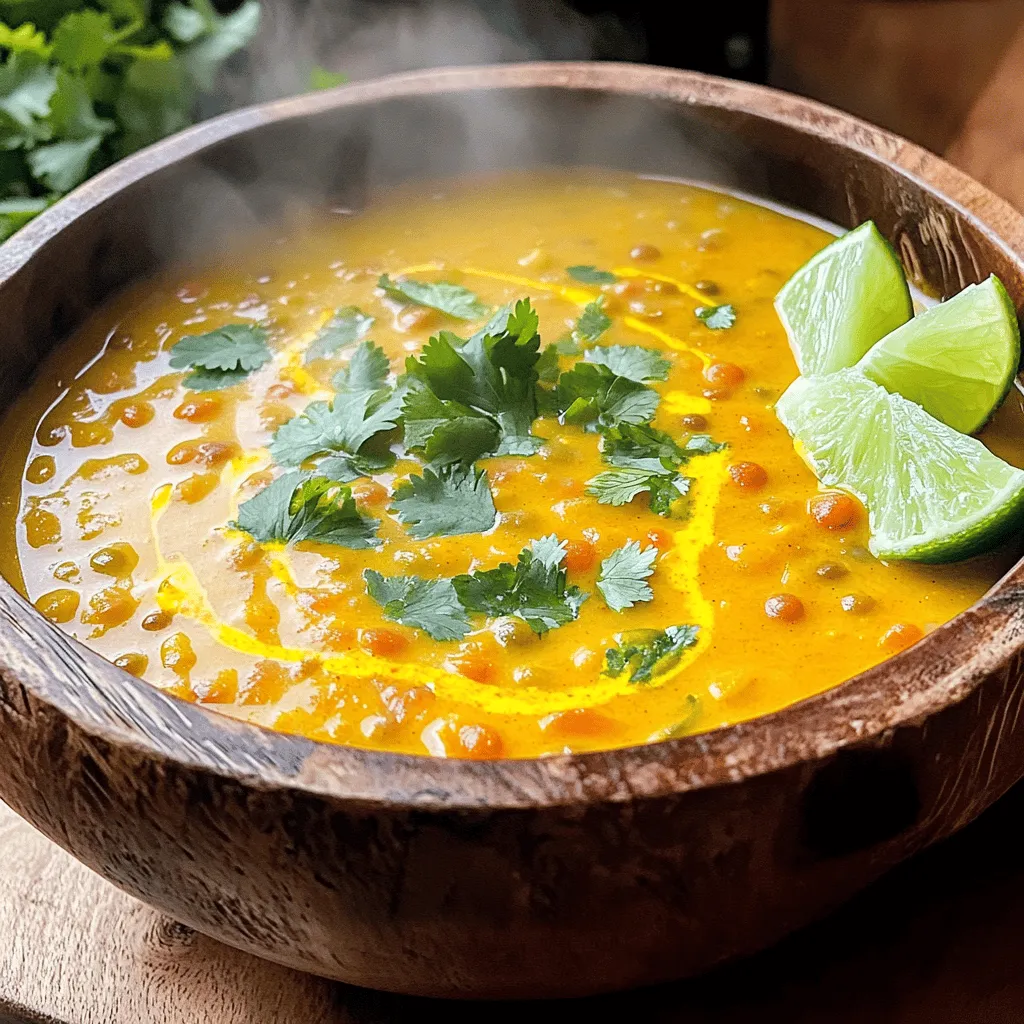 To make this Coconut Curry Lentil Soup, you need: - 1 cup red lentils, rinsed - 1 can (13.5 oz) coconut milk - 4 cups vegetable broth - 1 medium onion, diced - 2 cloves garlic, minced - 1-inch ginger, grated - 1 medium carrot, diced - 1 bell pepper (any color), diced - 2 tablespoons curry powder - 1 tablespoon turmeric - 1 teaspoon cumin - 1/2 teaspoon red pepper flakes (optional, for heat) - Salt and pepper to taste - 2 tablespoons olive oil - Fresh cilantro, for garnish - Lime wedges, for serving This soup is not just tasty; it’s good for you too. A serving has about: - Calories: 250 - Protein: 10g - Carbs: 36g - Fiber: 12g - Fat: 9g - Vitamins A and C These numbers can change based on what you add or change in the recipe. You can swap some ingredients if you need to. Here are a few ideas: - Use green lentils instead of red for a firmer bite. - Coconut cream can replace coconut milk for a richer flavor. - If you don’t have vegetable broth, water works too. - Any kind of onion can fit, but yellow or sweet onion is best. - For a spicy kick, use jalapeños instead of red pepper flakes. Feel free to mix and match to find what works best for you. You can find the full recipe above to guide you through each step! To make this coconut curry lentil soup, start by gathering your ingredients. You will need red lentils, coconut milk, vegetable broth, onion, garlic, ginger, carrot, bell pepper, curry powder, turmeric, cumin, red pepper flakes, olive oil, salt, and pepper. 1. In a large pot, heat two tablespoons of olive oil over medium heat. 2. Add one diced onion, one diced carrot, and one diced bell pepper. Sauté these for about 5-7 minutes. You want the veggies to soften. 3. Next, add two minced garlic cloves and one inch of grated ginger. Cook these for 1-2 minutes until they smell great. 4. Stir in two tablespoons of curry powder, one tablespoon of turmeric, and one teaspoon of cumin. If you like heat, add half a teaspoon of red pepper flakes. Toast the spices for about one minute. 5. Now, add one cup of rinsed red lentils, four cups of vegetable broth, and one can of coconut milk. Mix everything well. 6. Bring this mixture to a boil. Then, lower the heat and let it simmer uncovered for 25-30 minutes. The lentils should be tender, and the soup will thicken. 7. Season with salt and pepper to taste. If you want a smoother soup, blend some of it. Leave some lentils whole for texture. 8. Serve hot and garnish with fresh cilantro and lime wedges for a zesty kick. - Prep Time: 10 minutes - Cook Time: 30 minutes - Total Time: 40 minutes - Use fresh spices for the best flavor. - Stir the soup occasionally to prevent sticking. - If the soup thickens too much, add more broth or water. - Let the soup sit for a few minutes before serving; it tastes even better! - For a fun twist, try adding spinach or kale for extra greens. For the complete recipe, check out the Full Recipe section. To boost flavor, use fresh spices. Fresh spices have more taste than old ones. Toast them in olive oil to wake them up. This adds a richer taste to the soup. If you want creaminess, blend half the soup. This gives you a smooth base while keeping some lentils whole. You can also add a splash of lime juice before serving. This brightens the soup and adds a fresh zing. One common mistake is not rinsing the lentils. Rinsing removes dirt and helps them cook better. Another mistake is cooking at too high a heat. This can make the lentils mushy. Stir the soup gently and keep the heat low. Lastly, don’t forget to taste as you cook. Adding salt and pepper early can lead to an overly salty soup. Always season at the end for the best flavor. If you like heat, add more red pepper flakes. Start with a little and add more until it's right for you. For less spice, skip the red pepper flakes or add a bit of sugar. Sugar can balance out the heat and make the soup taste great. If someone in your family can’t handle spice, serve lime wedges on the side. This way, they can adjust their soup as they like. For the complete recipe, check out the [Full Recipe]. {{image_2}} Coconut Curry Lentil Soup is a great dish for everyone. Since it uses no meat, it’s already vegetarian and vegan. You can enjoy all the rich flavors without any animal products. Fresh veggies add color and nutrients. Try adding spinach or kale for extra greens. You can also use vegetable broth for a hearty base. You might want more protein in your soup. Great options include chickpeas or tofu. They blend well with the lentils and add texture. If you like meat, chicken or shrimp can work too. Just cook them separately and add them at the end. This way, you keep the flavors balanced. To boost flavor, think about adding extras. A dash of lime juice brightens the soup. You can also stir in fresh herbs like basil or mint. These give a fresh twist to each bowl. For a spicy kick, add more red pepper flakes or a splash of hot sauce. This soup is your canvas, so feel free to get creative! For the complete recipe, check out the Full Recipe mentioned. Storing your Coconut Curry Lentil Soup is easy. Let the soup cool down first. Pour it into an airtight container. Make sure to leave some space at the top. This helps the soup expand when it freezes. You can keep it in the fridge for up to four days. If you want it to last longer, freezing is the way to go. To freeze your soup, use freezer-safe containers. You can also use freezer bags. Label the bags with the date. This helps you know when you made it. The soup can stay good in the freezer for about three months. When you’re ready to eat it, just thaw it in the fridge overnight. Reheating your Coconut Curry Lentil Soup is simple. You can use the stove or microwave. If using the stove, heat it in a pot over medium heat. Stir it often to make sure it warms evenly. For the microwave, use a microwave-safe bowl. Heat it in short bursts, stirring in between. Add a splash of broth or water if it seems too thick. Enjoy it warm, and don’t forget to garnish with fresh cilantro! You can find the full recipe to make this delightful soup anytime. To make Coconut Curry Lentil Soup from scratch, start by gathering your ingredients. You will need red lentils, coconut milk, vegetable broth, onion, garlic, ginger, carrot, bell pepper, curry powder, turmeric, cumin, red pepper flakes, olive oil, salt, and pepper. Heat olive oil in a large pot. Sauté diced onion, carrot, and bell pepper for about 5-7 minutes. Then add minced garlic and grated ginger, cooking for another 1-2 minutes. Stir in spices and toast them for a minute. Next, add rinsed lentils, vegetable broth, and coconut milk. Bring it to a boil, then simmer for 25-30 minutes until the lentils soften. Season with salt and pepper, and blend if you want a smoother texture. Serve it hot, garnished with cilantro and lime wedges. You can find the detailed steps in the Full Recipe. Yes, you can use different types of lentils. Each type has unique flavors and cooking times. For instance, green or brown lentils can work well but may need longer cooking times. Red lentils cook faster and break down, giving the soup a creamier texture. If you use whole lentils, adjust your cooking time to ensure they are tender. Just remember, the taste may vary slightly, but the soup will still be delicious. Coconut Curry Lentil Soup pairs well with various sides. You can serve it with crusty bread for dipping. Rice is also a great choice, as it absorbs the flavors nicely. For a fresh touch, add a simple salad with greens and a light dressing. If you want a crunchy bite, consider serving it with roasted vegetables. Each option will enhance your soup experience! Coconut curry lentil soup is easy to make and full of flavor. You can adjust spice levels and try different variations. Remember to store leftovers properly for fresh taste. With these tips, you can create a delicious meal every time. Enjoy your cooking, and don’t shy away from making this soup your own!