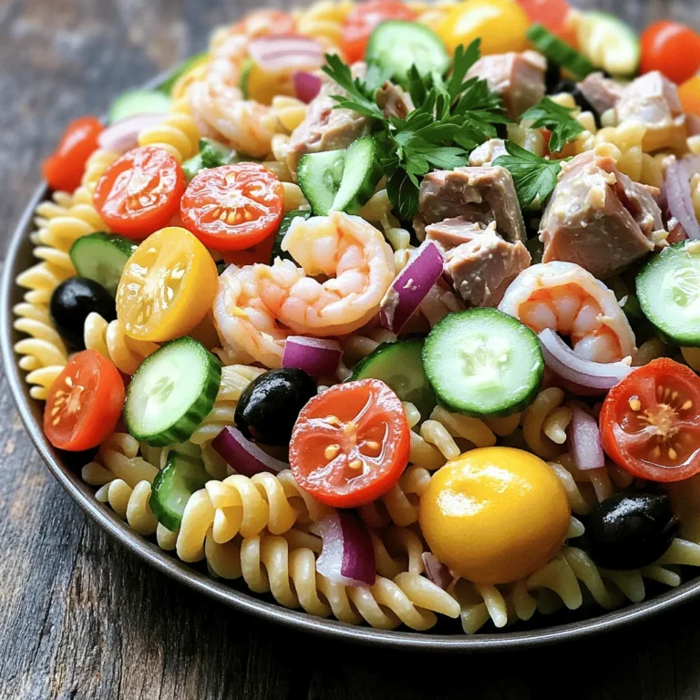 To make a great seafood pasta salad, you need some key ingredients. Here’s what you’ll need: - 8 oz. rotini pasta - 1 cup cooked shrimp, peeled and deveined - 1 cup canned tuna, drained - 1 cup cherry tomatoes, halved - 1/2 cup cucumber, diced - 1/4 cup red onion, finely chopped - 1/4 cup black olives, sliced - 1/2 cup bell peppers (any color), diced - 1/4 cup fresh parsley, chopped - 1/4 cup mayonnaise - 2 tablespoons lemon juice - 1 tablespoon Dijon mustard - Salt and pepper to taste You can choose fresh seafood options for this dish. Fresh shrimp adds a delightful texture and flavor. You can also use crab meat or scallops if you wish for a twist. When it comes to pasta, rotini is my favorite because it holds the dressing well. You can also use penne or fusilli for similar results. These shapes give you great bites in every forkful. For the full recipe, check out Ocean Breeze Seafood Pasta Salad. To cook rotini pasta, start with a large pot. Fill it with water and add salt. Bring the water to a boil. Once boiling, add 8 ounces of rotini pasta. Stir it gently to prevent sticking. Cook until it’s al dente, about 8-10 minutes. Drain the pasta in a colander. Rinse it under cold water. This cools the pasta and stops the cooking process. Set the cooled pasta aside in a large mixing bowl. For the seafood, use 1 cup of cooked shrimp. Peel and devein the shrimp if needed. If you use canned tuna, make sure to drain it well. Add the shrimp and tuna to your mixing bowl. Next, chop your vegetables. Halve 1 cup of cherry tomatoes. Dice 1/2 cup of cucumber. Finely chop 1/4 cup of red onion. Slice 1/4 cup of black olives and dice 1/2 cup of bell peppers. Add all these chopped veggies to the bowl with pasta. For the dressing, you need a few simple ingredients. Gather 1/4 cup of mayonnaise, 2 tablespoons of lemon juice, and 1 tablespoon of Dijon mustard. In a small bowl, whisk these together. Add salt and pepper to taste. Whisk until the dressing is smooth. This step is key for a great texture. Now it’s time to mix everything. Pour the dressing over the pasta and seafood mixture. Use a spatula to gently toss all the ingredients together. You want everything to be well coated in dressing. Then, fold in 1/4 cup of chopped parsley. Taste the salad and adjust seasoning if needed. Cover the bowl with plastic wrap. Let it refrigerate for at least 30 minutes. This allows the flavors to blend well. Once ready, serve it chilled and enjoy your flavorful seafood pasta salad! For the full recipe, check out the details above. To make your seafood pasta salad pop, seasonings matter. I recommend using: - Salt - Black pepper - Garlic powder - Fresh lemon zest - A pinch of cayenne for heat These will add depth to your salad. You can also boost the dressing with extra lemon juice or a splash of vinegar. A hint of Dijon mustard brightens the flavor. A great salad looks as good as it tastes. For serving, try these ideas: - Use a large, colorful bowl. - Layer the ingredients for a stunning look. - Top with fresh herbs like parsley or basil. You can also add slices of lemon or lime as a garnish. This adds color and invites the eye. For best taste, you can prep your salad early. Here’s how: - Cook the pasta and seafood a day in advance. - Store each component separately in the fridge. Mix everything together just before serving. This keeps your salad fresh and crisp. Store leftovers in a sealed container for up to three days. {{image_2}} For a Mediterranean twist, you can add unique ingredients. Try using artichoke hearts and feta cheese for a burst of flavor. You might also include sun-dried tomatoes for a deeper taste. Fresh basil and oregano can brighten up the dish. For the dressing, consider mixing olive oil, lemon juice, and a pinch of garlic. This combo gives a fresh and zesty flavor. You can also add fresh herbs like dill or parsley for extra aroma. In an Asian-style version, consider using rice noodles instead of rotini. Shrimp and crab work well in this salad. You can also add sliced bell peppers and snap peas for crunch. For the dressing, mix soy sauce, sesame oil, and a little rice vinegar. This will create a tangy flavor that pairs well with the seafood. You can also add some chili paste for a spicy kick if you like heat. To make a healthier seafood pasta salad, you can substitute light ingredients. Use Greek yogurt instead of mayonnaise for the dressing. This will reduce fat while adding protein. Incorporating more vegetables will boost the nutrients. You can add spinach, arugula, or broccoli florets. These vegetables will add color and crunch to your salad. You can adjust the amount of pasta to keep the dish lighter and more veggie-focused. For more detailed instructions, check out the Full Recipe. To store leftovers, use an airtight container. Glass or plastic containers work well. Keep the salad in the fridge. It lasts for up to three days. After that, the flavor and texture may change. You can freeze this salad, but it may lose some texture. Before freezing, divide it into portions. Use freezer-safe bags or containers. When ready to eat, thaw it overnight in the fridge. If using frozen shrimp, cook it before adding to the salad. This keeps everything fresh. Reheat carefully to maintain flavor and texture. The best method is to use the microwave. Heat in short bursts, stirring in between. You can also serve it cold, as it's great that way. Enjoy your tasty seafood pasta salad! You can use many types of seafood in your salad. Here are some great options: - Cooked shrimp - Canned tuna - Crab meat - Scallops - Cooked mussels - Smoked salmon Feel free to mix and match your favorites. Each type adds its unique flavor. For a richer taste, consider adding crab or scallops. They pair well with fresh veggies and pasta. Yes, you can use gluten-free pasta! Many brands offer tasty options made from rice or corn. Look for rotini or penne shapes that mimic wheat pasta. Just check the cooking time, as it may differ. This way, you can enjoy your seafood pasta salad without worry. To make your seafood pasta salad more filling, try adding: - Diced avocado - Cooked beans like chickpeas - Extra vegetables such as spinach or arugula - Grains like quinoa or farro These additions boost the nutrition and flavor. They also make a great side dish or main meal. Absolutely! Making seafood pasta salad ahead of time enhances the flavors. Here’s how to do it: - Prepare the salad, but don't add the dressing yet. - Store it in the fridge for up to two days. - Add the dressing just before serving. This keeps the pasta and seafood fresh. I recommend using an airtight container for best results. For the full recipe, check out Ocean Breeze Seafood Pasta Salad. In this blog post, I covered how to create a delicious Seafood Pasta Salad. I detailed essential ingredients, step-by-step cooking instructions, and tips for perfecting flavor. We explored fun variations and smart storage methods. For a satisfying meal, don’t hesitate to get creative with your ingredients. Remember, fresh seafood and vibrant veggies make a big difference. Enjoy your cooking and share this tasty dish with friends and family!
