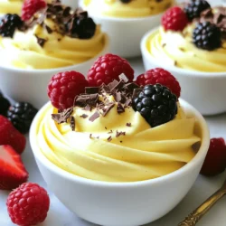 To make the perfect vanilla mousse, gather these ingredients: - 2 cups heavy whipping cream - 1 cup whole milk - 1/2 cup granulated sugar - 2 tablespoons pure vanilla extract - 3 large egg yolks - 1 tablespoon unflavored gelatin powder - 3 tablespoons cold water - Pinch of salt Each ingredient plays a vital role. The heavy cream gives the mousse its rich texture. Whole milk adds creaminess without being too heavy. Granulated sugar sweetens the dessert. Pure vanilla extract infuses a lovely flavor. Egg yolks help thicken the mousse. Unflavored gelatin ensures the mousse sets well. Cold water helps bloom the gelatin. Lastly, a pinch of salt balances the sweetness. If you need alternatives, you can adjust some ingredients. For a lighter option, use half-and-half instead of heavy cream. You can try almond milk in place of whole milk for a dairy-free option. For those avoiding sugar, a sugar substitute can work well. If you're vegan, use aquafaba (whipped chickpea water) instead of egg yolks and gelatin. This way, everyone can enjoy this delightful dessert! For the full recipe, check out the detailed steps ahead. To make Vanilla Mousse, follow these simple steps. First, bloom the gelatin. Sprinkle it over cold water in a small bowl and let it sit for about 5-10 minutes. While that happens, combine milk, sugar, and a pinch of salt in a saucepan. Heat this over medium heat until the sugar dissolves. Next, whisk egg yolks in a separate bowl. Gradually pour half of the hot milk mixture into the yolks. Whisk constantly to avoid cooking the eggs. Now, return this egg mix to the saucepan with the rest of the milk mixture. Cook on low heat until it thickens enough to coat the back of a spoon. This takes about 5 minutes. Remove from heat and stir in the bloomed gelatin and vanilla extract until fully dissolved. Let it cool to room temperature. While it cools, whip the heavy cream in a large bowl until soft peaks form. Once your milk-gelatin mix has cooled, gently fold it into the whipped cream. Be careful not to deflate it. Finally, divide the mousse into serving dishes and refrigerate for at least 4 hours until set. To get the best consistency, keep these tips in mind. First, make sure the gelatin blooms properly. If it doesn't, your mousse may not set right. Also, when you fold the mixtures, use a gentle hand. This keeps the mousse light and airy. Whipping the cream is key too. Whip it until soft peaks form, but don't over-whip. If you do, the mousse can become grainy. Finally, let the mousse chill for enough time. Four hours is best, but overnight is even better if you can wait. To enhance the flavor of your Vanilla Mousse, consider a few simple techniques. Use high-quality vanilla extract for the best taste. You can also scrape the seeds from a vanilla bean into the milk mixture for an extra burst of flavor. If you like, add a pinch of cinnamon or a dash of nutmeg. These spices can give your mousse a warm, cozy feel. Lastly, top your mousse with fresh berries or chocolate shavings. These not only add flavor but also make your dessert look beautiful. For the full recipe, refer to the earlier section to ensure you have every detail covered. Enjoy this delightful treat! One mistake is not blooming the gelatin. If you skip this step, your mousse won't set well. Another common error is over-whipping the cream. This can lead to a grainy texture. Make sure to whip until soft peaks form, then stop. Lastly, avoid rushing the cooling process. If your mixture is too warm, it can deflate the whipped cream. For the best texture, use cold heavy cream. This helps create a light and airy mousse. Make sure your milk mixture is warm, but not boiling. This keeps the egg yolks from scrambling. To boost flavor, always use pure vanilla extract. This small detail makes a big difference. You can also add a pinch of salt to enhance the sweetness. A good whisk is key for mixing the egg yolks and cream. I also recommend a rubber spatula for folding the mixtures. A saucepan with a heavy bottom helps to heat the milk evenly. Use a thermometer to check your milk's temperature. Finally, a mixing bowl that is large enough will make folding easier. These tools will help you create a perfect vanilla mousse every time. For the complete recipe, check out the Full Recipe section. {{image_2}} You can make a chocolate vanilla mousse easily. Just add chocolate to the base. Start with the vanilla mousse recipe. Melt 4 ounces of dark chocolate. Mix it in after you heat the milk. Stir until smooth. Then, continue with the rest of the recipe. This adds a rich flavor and a nice twist. You can serve this in small cups for a fancy look. If you want a vegan option, swap a few ingredients. Use coconut cream instead of heavy cream. Replace whole milk with almond or soy milk. For sweetening, use maple syrup or agave. You can also use agave gel instead of gelatin. This keeps the mousse creamy and fluffy. Follow the same steps from the full recipe, and you will have a vegan delight. Seasonal fruits can elevate your mousse. In summer, try fresh berries on top. Strawberries and raspberries add a bright color. In fall, use spiced apples or pears. The warm spices mix well with vanilla. You can even blend fruit into the mousse for a fruity twist. This adds flavor and makes it look stunning. Each season brings new ideas to enjoy your vanilla mousse! Store your vanilla mousse in the fridge. Use airtight containers to keep it fresh. You can also cover individual servings with plastic wrap. This helps avoid any unwanted odors from the fridge. Make sure the mousse cools completely before you store it. This keeps the texture just right. Vanilla mousse lasts about three days in the fridge. It tastes best when served cold, right from the fridge. Before serving, check for any signs of spoilage. If it looks or smells odd, it’s best to throw it away. Serve with fresh berries or chocolate shavings for a nice touch. Reheating mousse is not recommended. It can change the texture and ruin the dish. Instead, think of ways to use leftovers. You can blend it into a smoothie for a sweet treat. You can also layer it in parfaits with fruits or granola. This way, you enjoy it in new and fun ways. For the full recipe, check out the Heavenly Vanilla Mousse section. Vanilla mousse has roots in French cuisine. It dates back to the 18th century. Cooks made it as a light dessert. They used whipped cream and egg whites. Over time, mousse recipes grew. They became more creative with flavors. Vanilla became a favorite choice. People love its sweet and fragrant taste. The mousse style spread across Europe. Today, you can find it worldwide. Yes, you can make vanilla mousse ahead of time. It is perfect for parties or gatherings. You can prepare it a day in advance. Just store it in the fridge. It will stay fresh and tasty. The mousse needs at least four hours to set. So, plan ahead. This gives you more time to enjoy the event. Toppings can enhance your vanilla mousse. Here are some great ideas: - Fresh berries (strawberries, raspberries, blueberries) - Chocolate shavings or curls - Whipped cream - Crushed cookies (like Oreos or graham crackers) - Caramel sauce or chocolate sauce These toppings add flavor and texture. They also make your dessert look pretty. You can mix and match to find your favorite combo. Enjoy making your mousse unique! In this post, I covered how to make Vanilla Mousse. We explored essential ingredients and substitutions. I shared step-by-step instructions for the perfect mousse. The tips helped avoid common mistakes and improved texture. You learned about fun variations, including vegan and seasonal options. Lastly, I outlined storage tips and answered common questions. With this knowledge, you can create delicious Vanilla Mousse at home. Enjoy making this treat and share it with others!