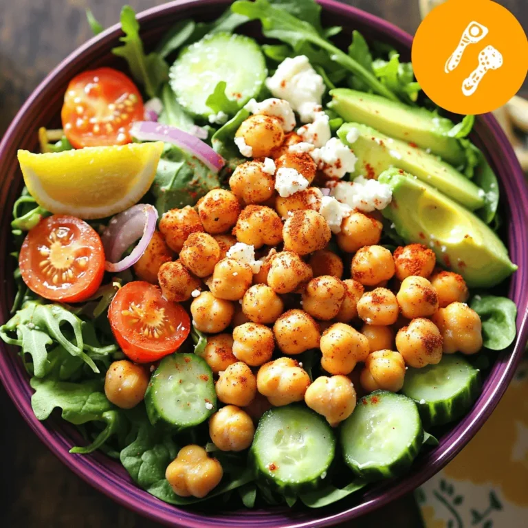To make a tasty Crispy Chickpea Salad, you need a few key ingredients. Here’s what you’ll gather: - Canned Chickpeas - Olive Oil - Spices: Smoked Paprika & Garlic Powder - Fresh Vegetables: Mixed Greens, Cherry Tomatoes, Cucumber, Red Onion - Optional Ingredients: Avocado & Feta Cheese - Dressing Ingredients: Tahini & Lemon Juice Each ingredient plays an important role. The chickpeas give protein and crunch. Olive oil adds flavor and helps with roasting. Smoked paprika and garlic powder create a warm, savory taste. Fresh vegetables bring color and nutrition. Avocado and feta cheese are great add-ins that boost creaminess and richness. The tahini dressing with lemon juice ties everything together with a zesty kick. When you gather these ingredients, you set yourself up for a fresh and flavorful salad. This dish is not just healthy; it is also fun to make and share. Check out the Full Recipe to get all the details! - Draining and Rinsing Start by opening the can of chickpeas. Pour the chickpeas into a strainer. Rinse them under cold water. This removes excess salt and makes them cleaner. Let them drain well for a few minutes. - Seasoning and Tossing In a bowl, add the drained chickpeas. Pour in 2 tablespoons of olive oil. Then, sprinkle 1 teaspoon of smoked paprika and 1 teaspoon of garlic powder on top. Season with salt and pepper to taste. Toss everything together until the chickpeas are well coated. - Oven Temperature and Timing Preheat your oven to 400°F (200°C). Spread the seasoned chickpeas on a baking sheet. Make sure they are in a single layer. Bake them for 20-25 minutes. This will make them golden and crispy. - Tips for Crispy Texture Halfway through baking, shake the pan gently. This helps the chickpeas cook evenly. Keep an eye on them. They should be crunchy, not burnt. - Chopping Vegetables While the chickpeas bake, chop your veggies. Dice 1 cucumber and halve 1 cup of cherry tomatoes. Thinly slice 1/4 red onion. These add freshness and crunch to your salad. - Mixing the Salad Ingredients In a large bowl, combine the mixed greens, chopped cucumber, tomatoes, and red onion. Toss the veggies gently to mix them. This forms the vibrant base of your salad. - Whisking the Ingredients In a small bowl, add 2 tablespoons of tahini and 1 tablespoon of lemon juice. Whisk these together until smooth. This will be the creamy dressing for your salad. - Adjusting Consistency If the dressing is too thick, add a little water. Whisk again until you reach your desired texture. The dressing should be pourable but not too runny. - Adding Chickpeas and Optional Ingredients Once the chickpeas are crispy, let them cool for a few minutes. Add them to the salad bowl. You can also add 1/2 sliced avocado and 1/4 cup of crumbled feta cheese if you want. - Tossing and Serving Drizzle the tahini dressing over the salad. Toss everything together gently. Serve immediately and enjoy the fresh flavors of your crispy chickpea salad! You can find the Full Recipe for more details. To get the best crispy chickpeas, you must dry them well. - Oven Techniques: Preheat your oven to 400°F (200°C). Drain and rinse the canned chickpeas. Pat them dry with a kitchen towel. Toss them with olive oil and spices. Spread them in a single layer on a baking sheet. Bake for 20-25 minutes. Shake the pan halfway for even cooking. They should be golden and crunchy. - Alternative Methods (e.g., Air Fryer): You can also use an air fryer. Preheat it to 375°F (190°C). Place the seasoned chickpeas in the basket. Cook for about 15-20 minutes. Shake the basket halfway to ensure even crisping. To make your chickpeas pop, add more spices. - Additional Spices to Consider: Try cumin for warmth, or chili powder for heat. You can also use onion powder for a savory kick. Experiment with dried herbs like oregano or thyme. - Popular Add-ins for Extra Flavor: Add nuts or seeds for crunch. Roasted sunflower seeds or sliced almonds work well. You can also mix in fresh herbs like parsley or cilantro for a fresh taste. Present your salad in a way that is as tasty as it is pretty. - Best Pairings with Other Dishes: This salad pairs well with grilled chicken or fish. Serve it alongside a warm pita or in a wrap. It also goes great with a side of hummus for more flavor. - Presentation Ideas for Serving: Use a large bowl to show off the colorful ingredients. Layer the salad with greens at the bottom and chickpeas on top. Garnish with lemon wedges for a bright touch. You could also sprinkle some extra feta on top for a stunning finish. Don't forget to check out the Full Recipe for more details! {{image_2}} Vegan Considerations This salad is already vegan since it uses chickpeas and fresh veggies. If you skip the feta, you stay true to vegan values. You can also add more plant-based proteins like quinoa or lentils for extra nutrition. Gluten-Free Options Crispy Chickpea Salad fits gluten-free diets. All the ingredients are naturally gluten-free. Just make sure any dressings or extras you use are also gluten-free. Other Legumes or Proteins You can swap chickpeas for black beans or kidney beans. Both options add great taste and texture. For a protein boost, think about adding grilled chicken or tofu. Seasonal Vegetables Use seasonal veggies to keep the salad fresh. In summer, add bell peppers or corn. In fall, think about roasted sweet potatoes or squash. Each change brings new flavors. Alternative Dressings to Try If tahini isn’t your thing, try a balsamic vinaigrette. You can mix olive oil with lemon juice for a tangy taste. A yogurt-based dressing can also add creaminess. Flavor Profiles to Experiment With Add spices like cumin or curry powder for a new twist. Fresh herbs like basil or cilantro can brighten your salad. Mix and match until you find your favorite combo. For the complete recipe, check the [Full Recipe]. To keep your crispy chickpea salad fresh, store it in an airtight container. This helps keep the veggies crunchy and the flavors bright. Avoid mixing the chickpeas with the salad if you plan to eat it later. Instead, keep them separate until you serve. Use a glass or plastic container with a tight lid for best results. This will help maintain the salad’s taste and texture. You can freeze crispy chickpeas, but the salad does not hold up well. If you freeze the chickpeas, store them in a freezer-safe bag. When ready to eat, thaw them in the fridge and reheat them in the oven at 400°F (200°C) for about 10 minutes. This will bring back their crunch. However, I do not recommend freezing the salad itself. The fresh veggies will lose their crispness. Your salad lasts about 3 days in the fridge. Store it in the airtight container I mentioned earlier. If you see any wilting greens or soggy veggies, it's time to toss it. Look for signs like a bad smell or discoloration. These signs mean your salad is no longer fresh. Enjoy it while it’s still vibrant and tasty! To make crispy chickpeas, start with canned chickpeas. Drain and rinse them well. Pat them dry with a towel. Toss them in a bowl with olive oil, smoked paprika, garlic powder, salt, and pepper. Spread the chickpeas on a baking sheet. Bake at 400°F (200°C) for 20-25 minutes. Shake the pan halfway through for even cooking. When they turn golden and crunchy, they are done. Yes, you can use dried chickpeas. Soak them overnight in water. Cook them until soft, then drain and dry them well. The method for seasoning and baking remains the same. Just make sure they are fully cooked and dry before baking. You can add many toppings to this salad. Here are some great options: - Sliced radishes - Chopped herbs like parsley or cilantro - Toasted nuts or seeds - Grated carrots - A dollop of yogurt These toppings add flavor and texture. To make the salad more filling, consider adding protein. Grilled chicken or chickpeas work well. You can also add quinoa or farro for extra carbs. Adding more avocado or nuts can help too. These ingredients will keep you full longer. Crispy Chickpea Salad is healthy and packed with nutrients. Chickpeas provide protein and fiber. Mixed greens offer vitamins and minerals. Tomatoes add antioxidants, while avocados give healthy fats. The dressing with tahini adds more nutrients. Overall, this salad is a balanced meal, rich in flavor and good for you. For the full recipe, check out the details above. In this blog post, we covered how to make a tasty Crispy Chickpea Salad. I shared the key ingredients and step-by-step instructions for preparing the salad. I also included helpful tips for achieving crispy chickpeas and variations to suit dietary needs. Storing leftovers properly ensures the salad stays fresh longer. Remember, this salad is not just delicious; it is also versatile. You can change the flavors and ingredients based on your taste. Enjoy making and sharing this healthy dish!
