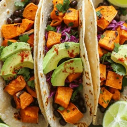 - 2 medium sweet potatoes, peeled and diced - 1 can (15 oz) black beans, rinsed and drained - 8 small corn or flour tortillas - 1 tablespoon olive oil - 1 teaspoon cumin - 1 teaspoon smoked paprika - 1/2 teaspoon chili powder - Salt and pepper to taste - 1 avocado, sliced - 1 cup red cabbage, shredded - 1/2 cup fresh cilantro, chopped - 1 lime, cut into wedges - Optional: Hot sauce, for serving Let’s dive into what makes these Sweet Potato Black Bean Tacos so delightful. First, you will need the sweet potatoes; they bring a natural sweetness and creamy texture. Choose medium-sized ones for even cooking. Next, the black beans add protein and fiber. They bring heartiness to the dish. Remember to rinse them well to remove excess salt. This keeps the flavor fresh. For the tortillas, you can use corn or flour. Corn tortillas are gluten-free, while flour tortillas have a soft texture. Choose what you enjoy most. Now, let’s talk spices. Olive oil helps the spices stick to the sweet potatoes. Cumin adds warmth, smoked paprika gives a subtle smokiness, and chili powder brings a little heat. Lastly, the toppings. Avocado adds creaminess, while red cabbage gives a nice crunch. Fresh cilantro adds brightness. Lime wedges will enhance every bite. You’ll find all these ingredients in the [Full Recipe]. Enjoy crafting this vibrant, flavorful meal! - Preheat oven to 425°F (220°C). - Toss sweet potatoes with olive oil, cumin, smoked paprika, chili powder, salt, and pepper. To start, I preheat the oven. This step ensures the sweet potatoes roast perfectly. I gather my sweet potatoes and peel them. Then, I dice them into small cubes. Next, I place them in a large bowl. I drizzle the olive oil over the sweet potatoes. After that, I add cumin, smoked paprika, and chili powder. I season with salt and pepper too. I mix everything well until the sweet potatoes are coated evenly. - Spread on a baking sheet and roast for 25-30 minutes. Now, I spread the sweet potatoes on a baking sheet. I make sure they are in a single layer. This helps them cook evenly. I place the baking sheet in the oven and set a timer for 25 minutes. Halfway through, I flip the sweet potatoes. This step helps them caramelize nicely. When done, they should be tender and slightly golden. - Heat black beans and warm tortillas. - Layer ingredients and serve. While the sweet potatoes roast, I heat the black beans in a small saucepan. I keep it on medium heat until they are warm. I rinse and drain the beans first. Next, I warm the tortillas in a dry skillet. I do this for about 20 seconds on each side. Once everything is ready, I take a tortilla and layer roasted sweet potatoes on it. Then, I add a spoonful of black beans. I finish it off with shredded red cabbage, avocado slices, and fresh cilantro. Finally, I serve with lime wedges and hot sauce for those who like a kick. For the full recipe, check out the details above. To make sweet potatoes soft and tasty, start by cutting them evenly. This helps them cook at the same rate. Toss them in olive oil and spices. I use cumin, smoked paprika, and chili powder for a warm flavor. Roast them at 425°F (220°C) for 25-30 minutes. Flip them halfway through for even cooking. You want them tender and a bit caramelized. This adds sweetness. Warming tortillas is key for tasty tacos. You can use a dry skillet on medium-high heat. Heat each tortilla for about 20 seconds on each side. This makes them soft and easy to fold. Avoid overcooking, or they will tear. You can also wrap them in a damp cloth and microwave for a quick warm-up. This keeps them moist and pliable. Want to spice up your tacos? Try adding lime juice for brightness. You can also mix in garlic powder or onion powder for extra flavor. Fresh herbs like cilantro or parsley add freshness. If you like heat, drizzle hot sauce on top. You could also use different beans, like pinto or kidney beans, for variety. These changes can keep your tacos exciting and new. For the full recipe, check the earlier sections. {{image_2}} To add more protein to your tacos, consider grilled chicken or tofu. Grilled chicken gives a nice smoky flavor. Simply season it with spices similar to the sweet potatoes. For tofu, press it to remove excess water, then cube it. Sauté it with olive oil, cumin, and chili powder until golden. Both options will enhance the dish and keep it filling. You can add many vegetables to enhance the taste. Bell peppers add a sweet crunch when roasted. Corn brings a pop of sweetness and texture. Zucchini or mushrooms can also work well. Just sauté these veggies before adding them to your tacos. They will complement the sweet potatoes and black beans beautifully. If you need to make the tacos gluten-free, use corn tortillas. Check labels for any hidden gluten in processed ingredients. For a nut-free version, skip any nut-based toppings. You can use seeds instead, like pumpkin or sunflower seeds, for crunch. These adjustments ensure everyone can enjoy the meal without worry. To keep your Sweet Potato Black Bean Tacos fresh, store them in an airtight container. This helps prevent any unwanted moisture and keeps them tasty. If you have leftover filling, separate it from the tortillas. The tortillas can become soggy if left together. Refrigerate the tacos for up to three days. For longer storage, you can freeze the filling and tortillas separately. Place them in freezer bags, and they can last for about three months. When it’s time to enjoy your leftovers, reheating is key. The best way to reheat the filling is in a small pot over medium heat. Stir it often until warm. For the tortillas, heat them in a dry skillet. Just a few seconds on each side will help them regain their softness and prevent tearing. Avoid using the microwave, as it can make them chewy. In the fridge, your Sweet Potato Black Bean Tacos will stay fresh for up to three days. If you freeze them, the filling can last about three months. However, for the best taste and texture, enjoy them sooner rather than later. The flavors will shine when you eat them fresh. If you want the full experience, check out the Full Recipe for details on preparation. Yes, you can make these tacos ahead of time. Prepare the sweet potatoes and black beans as instructed. Store them separately in airtight containers. This keeps flavors fresh. You can keep them in the fridge for up to three days. When ready to eat, reheat the sweet potatoes and beans. Warm the tortillas just before serving. This way, the tacos stay tasty and fun to eat. If you want to switch up flavors, try using butternut squash. It has a similar texture and sweetness. You can also use regular potatoes for a different taste. If you want a low-carb option, try cauliflower. It adds a nice twist and is still healthy. Each choice brings its own flavor, so feel free to experiment. Yes, these tacos are very healthy! Sweet potatoes are packed with vitamins. They are high in fiber, which helps digestion. Black beans add extra protein and fiber. Together, they make a filling meal. Using fresh vegetables as toppings adds more nutrients. Overall, this recipe is a great choice for a balanced diet. You will enjoy a meal that is good for your body and taste buds. For the full recipe, check out the details provided! This blog post covered making delicious Sweet Potato Black Bean Tacos. We looked at key ingredients, simple steps, and clever tips for success. Roasting sweet potatoes brings out their natural sweetness, while black beans add protein. You can customize your tacos with various proteins and toppings. In closing, these tacos are both healthy and easy to make. Enjoy your meal prep and feel free to experiment with flavors. Happy cooking!