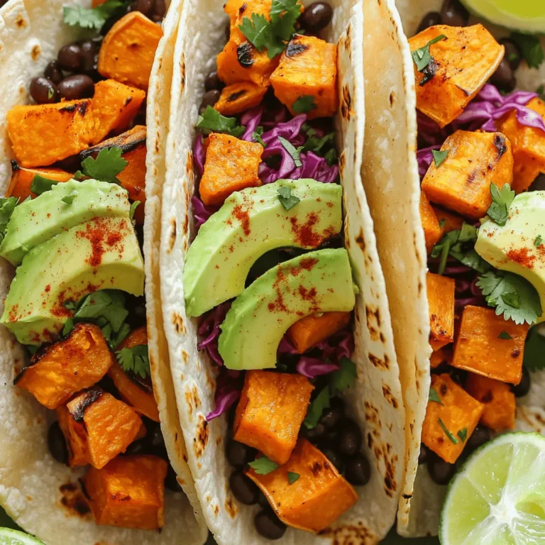 - 2 medium sweet potatoes, peeled and diced - 1 can (15 oz) black beans, rinsed and drained - 8 small corn or flour tortillas - 1 tablespoon olive oil - 1 teaspoon cumin - 1 teaspoon smoked paprika - 1/2 teaspoon chili powder - Salt and pepper to taste - 1 avocado, sliced - 1 cup red cabbage, shredded - 1/2 cup fresh cilantro, chopped - 1 lime, cut into wedges - Optional: Hot sauce, for serving Let’s dive into what makes these Sweet Potato Black Bean Tacos so delightful. First, you will need the sweet potatoes; they bring a natural sweetness and creamy texture. Choose medium-sized ones for even cooking. Next, the black beans add protein and fiber. They bring heartiness to the dish. Remember to rinse them well to remove excess salt. This keeps the flavor fresh. For the tortillas, you can use corn or flour. Corn tortillas are gluten-free, while flour tortillas have a soft texture. Choose what you enjoy most. Now, let’s talk spices. Olive oil helps the spices stick to the sweet potatoes. Cumin adds warmth, smoked paprika gives a subtle smokiness, and chili powder brings a little heat. Lastly, the toppings. Avocado adds creaminess, while red cabbage gives a nice crunch. Fresh cilantro adds brightness. Lime wedges will enhance every bite. You’ll find all these ingredients in the [Full Recipe]. Enjoy crafting this vibrant, flavorful meal! - Preheat oven to 425°F (220°C). - Toss sweet potatoes with olive oil, cumin, smoked paprika, chili powder, salt, and pepper. To start, I preheat the oven. This step ensures the sweet potatoes roast perfectly. I gather my sweet potatoes and peel them. Then, I dice them into small cubes. Next, I place them in a large bowl. I drizzle the olive oil over the sweet potatoes. After that, I add cumin, smoked paprika, and chili powder. I season with salt and pepper too. I mix everything well until the sweet potatoes are coated evenly. - Spread on a baking sheet and roast for 25-30 minutes. Now, I spread the sweet potatoes on a baking sheet. I make sure they are in a single layer. This helps them cook evenly. I place the baking sheet in the oven and set a timer for 25 minutes. Halfway through, I flip the sweet potatoes. This step helps them caramelize nicely. When done, they should be tender and slightly golden. - Heat black beans and warm tortillas. - Layer ingredients and serve. While the sweet potatoes roast, I heat the black beans in a small saucepan. I keep it on medium heat until they are warm. I rinse and drain the beans first. Next, I warm the tortillas in a dry skillet. I do this for about 20 seconds on each side. Once everything is ready, I take a tortilla and layer roasted sweet potatoes on it. Then, I add a spoonful of black beans. I finish it off with shredded red cabbage, avocado slices, and fresh cilantro. Finally, I serve with lime wedges and hot sauce for those who like a kick. For the full recipe, check out the details above. To make sweet potatoes soft and tasty, start by cutting them evenly. This helps them cook at the same rate. Toss them in olive oil and spices. I use cumin, smoked paprika, and chili powder for a warm flavor. Roast them at 425°F (220°C) for 25-30 minutes. Flip them halfway through for even cooking. You want them tender and a bit caramelized. This adds sweetness. Warming tortillas is key for tasty tacos. You can use a dry skillet on medium-high heat. Heat each tortilla for about 20 seconds on each side. This makes them soft and easy to fold. Avoid overcooking, or they will tear. You can also wrap them in a damp cloth and microwave for a quick warm-up. This keeps them moist and pliable. Want to spice up your tacos? Try adding lime juice for brightness. You can also mix in garlic powder or onion powder for extra flavor. Fresh herbs like cilantro or parsley add freshness. If you like heat, drizzle hot sauce on top. You could also use different beans, like pinto or kidney beans, for variety. These changes can keep your tacos exciting and new. For the full recipe, check the earlier sections. {{image_2}} To add more protein to your tacos, consider grilled chicken or tofu. Grilled chicken gives a nice smoky flavor. Simply season it with spices similar to the sweet potatoes. For tofu, press it to remove excess water, then cube it. Sauté it with olive oil, cumin, and chili powder until golden. Both options will enhance the dish and keep it filling. You can add many vegetables to enhance the taste. Bell peppers add a sweet crunch when roasted. Corn brings a pop of sweetness and texture. Zucchini or mushrooms can also work well. Just sauté these veggies before adding them to your tacos. They will complement the sweet potatoes and black beans beautifully. If you need to make the tacos gluten-free, use corn tortillas. Check labels for any hidden gluten in processed ingredients. For a nut-free version, skip any nut-based toppings. You can use seeds instead, like pumpkin or sunflower seeds, for crunch. These adjustments ensure everyone can enjoy the meal without worry. To keep your Sweet Potato Black Bean Tacos fresh, store them in an airtight container. This helps prevent any unwanted moisture and keeps them tasty. If you have leftover filling, separate it from the tortillas. The tortillas can become soggy if left together. Refrigerate the tacos for up to three days. For longer storage, you can freeze the filling and tortillas separately. Place them in freezer bags, and they can last for about three months. When it’s time to enjoy your leftovers, reheating is key. The best way to reheat the filling is in a small pot over medium heat. Stir it often until warm. For the tortillas, heat them in a dry skillet. Just a few seconds on each side will help them regain their softness and prevent tearing. Avoid using the microwave, as it can make them chewy. In the fridge, your Sweet Potato Black Bean Tacos will stay fresh for up to three days. If you freeze them, the filling can last about three months. However, for the best taste and texture, enjoy them sooner rather than later. The flavors will shine when you eat them fresh. If you want the full experience, check out the Full Recipe for details on preparation. Yes, you can make these tacos ahead of time. Prepare the sweet potatoes and black beans as instructed. Store them separately in airtight containers. This keeps flavors fresh. You can keep them in the fridge for up to three days. When ready to eat, reheat the sweet potatoes and beans. Warm the tortillas just before serving. This way, the tacos stay tasty and fun to eat. If you want to switch up flavors, try using butternut squash. It has a similar texture and sweetness. You can also use regular potatoes for a different taste. If you want a low-carb option, try cauliflower. It adds a nice twist and is still healthy. Each choice brings its own flavor, so feel free to experiment. Yes, these tacos are very healthy! Sweet potatoes are packed with vitamins. They are high in fiber, which helps digestion. Black beans add extra protein and fiber. Together, they make a filling meal. Using fresh vegetables as toppings adds more nutrients. Overall, this recipe is a great choice for a balanced diet. You will enjoy a meal that is good for your body and taste buds. For the full recipe, check out the details provided! This blog post covered making delicious Sweet Potato Black Bean Tacos. We looked at key ingredients, simple steps, and clever tips for success. Roasting sweet potatoes brings out their natural sweetness, while black beans add protein. You can customize your tacos with various proteins and toppings. In closing, these tacos are both healthy and easy to make. Enjoy your meal prep and feel free to experiment with flavors. Happy cooking!
