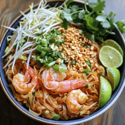 For an easy Pad Thai with shrimp, you need a few key ingredients. Each adds a unique flavor to the dish. Here’s what you will need: - 200g rice noodles - 200g shrimp, peeled and deveined - 2 tablespoons tamarind paste - 3 tablespoons soy sauce - 1 tablespoon fish sauce - 1 tablespoon sugar - 2 tablespoons vegetable oil - 2 cloves garlic, minced - 1 egg - 1 cup bean sprouts - 2 green onions, sliced - 1 tablespoon crushed peanuts - Fresh cilantro for garnish - Lime wedges for serving These ingredients come together to create a tasty meal. You can also add optional ingredients for extra flavor: - Red pepper flakes for heat - Bell peppers for crunch - Broccoli for a healthy twist Feel free to mix in what you enjoy! For the full recipe, check out "Shrimp-tastic Pad Thai ." To make great Pad Thai, cook the rice noodles until al dente. This means they should be firm but not hard. If you cook them too long, they will get mushy. After cooking, drain the noodles and rinse them under cold water. This stops the cooking process and keeps them from sticking together. Next, mix the tamarind paste, soy sauce, and fish sauce in a small bowl. Add sugar to balance the flavors. Taste the sauce and adjust as needed. If it is too sour, add more sugar. If it is too sweet, add more tamarind or soy sauce. This balance is key to a great Pad Thai. Heat vegetable oil in a large skillet over medium heat. Add minced garlic and sauté for about 30 seconds until fragrant. Then, add the shrimp and cook for about 2-3 minutes. They should turn pink and opaque. Remove the shrimp and set them aside. In the same skillet, crack the egg. Scramble it until just set, then mix it with the shrimp. Now it is time to combine all the ingredients. Add the cooked noodles to the skillet along with the Pad Thai sauce. Toss everything together to ensure the noodles are well coated. This will help each bite be full of flavor. For a beautiful presentation, serve Pad Thai in a large bowl. Garnish with crushed peanuts and fresh cilantro. Arrange lime wedges on the side for squeezing over. This adds a fresh touch and makes the dish pop. For the full recipe, check out "Shrimp-tastic Pad Thai ". - When to add each component for best results: Start with the garlic. Cook it for a short time until it smells great. Then, add the shrimp. Cook it just until it turns pink. This keeps the shrimp juicy. After that, add the egg. Scramble it quickly, then mix it with the shrimp. Finally, add the noodles and sauce. This order makes sure every part cooks just right. - How to avoid sticky noodles: To keep your noodles from sticking, rinse them well after cooking. Use cold water to stop the cooking process. This helps keep them separate. When you mix them with the sauce, do it gently. This way, they stay nice and loose. - Alternatives for shrimp: If you don't like shrimp, try chicken or tofu. Both cook well and soak up the flavors. You can also use cooked pork or beef. Just make sure to adjust the cooking time. - Vegan options for the dish: For a vegan Pad Thai, skip the shrimp and use firm tofu. Also, replace fish sauce with soy sauce or a vegan fish sauce. This keeps the flavor bold and delicious without animal products. {{image_2}} You can easily switch up the protein in this recipe. For a lighter option, use chicken. Simply cut it into thin strips and cook it the same way as the shrimp. Chicken cooks quickly, so keep an eye on it. It should reach a safe internal temperature of 165°F. If you prefer a plant-based meal, try tofu. Firm tofu works best. Press it to remove excess water, then cut it into cubes. Sauté it until golden brown before adding it to the dish. Tofu absorbs flavors well, making it a great substitute. Adjusting the flavors in your Pad Thai is simple and fun. If you like heat, add more chili flakes or a touch of sriracha. Start with a small amount and taste as you go. You can also add lime juice for extra tang. For a sweeter sauce, increase the sugar. Just be careful not to overpower the other flavors. If you want a saltier taste, add more soy sauce. Taste your sauce as you mix it, making sure it suits your liking. You can also experiment with fresh herbs. Basil or mint can add a fresh twist. Each choice brings a unique flavor to your dish, so feel free to get creative! For more details, check out the Full Recipe. To keep your Pad Thai fresh, store it in an airtight container. Make sure it cools down first. You can keep it in the fridge for up to three days. If you want to store it longer, freeze it for up to two months. Just remember to separate the shrimp and noodles if you can. This helps keep the texture nice. When reheating Pad Thai, avoid the microwave if possible. It can make the noodles soggy. Instead, use a skillet. Heat a bit of oil over medium heat. Add the leftovers and stir gently. If it seems dry, splash in a little water or sauce. Cook until everything is warm. This keeps the dish tasty and the shrimp tender. For more details, check the full recipe for Shrimp-tastic Pad Thai . Yes, you can make Pad Thai ahead of time. To prep in advance, cook the rice noodles and shrimp separately. Store them in airtight containers. Keep the sauce in a jar in the fridge. When ready to eat, simply reheat everything in a skillet. This method keeps the flavors fresh and the texture right. If you don't have tamarind paste, try using lime juice and brown sugar. This mix gives you the sweet-and-sour flavor of tamarind. Another option is to use lemon juice with sugar. Both will change the taste slightly but will still be tasty. Pad Thai can be gluten-free! Use rice noodles, which are naturally gluten-free. For the sauce, choose gluten-free soy sauce. Many brands offer this option. Always check the labels to be sure. This way, you can enjoy a gluten-free version without missing out on flavor. For the full recipe, check out "Shrimp-tastic Pad Thai ." It has all the details you need to create this delicious dish. Enjoy cooking! Now you know how to make Easy Pad Thai with Shrimp. We explored key ingredients, cooking steps, and helpful tips. You can swap proteins, adjust flavors, and create your perfect dish. Remember to store leftovers properly and reheat wisely to keep the taste vibrant. For full details, check out the Shrimp-tastic Pad Thai recipe. Enjoy your cooking adventure and impress your friends with this tasty meal!