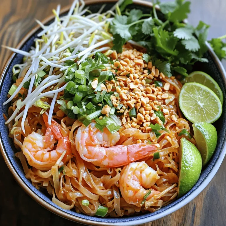 For an easy Pad Thai with shrimp, you need a few key ingredients. Each adds a unique flavor to the dish. Here’s what you will need: - 200g rice noodles - 200g shrimp, peeled and deveined - 2 tablespoons tamarind paste - 3 tablespoons soy sauce - 1 tablespoon fish sauce - 1 tablespoon sugar - 2 tablespoons vegetable oil - 2 cloves garlic, minced - 1 egg - 1 cup bean sprouts - 2 green onions, sliced - 1 tablespoon crushed peanuts - Fresh cilantro for garnish - Lime wedges for serving These ingredients come together to create a tasty meal. You can also add optional ingredients for extra flavor: - Red pepper flakes for heat - Bell peppers for crunch - Broccoli for a healthy twist Feel free to mix in what you enjoy! For the full recipe, check out "Shrimp-tastic Pad Thai ." To make great Pad Thai, cook the rice noodles until al dente. This means they should be firm but not hard. If you cook them too long, they will get mushy. After cooking, drain the noodles and rinse them under cold water. This stops the cooking process and keeps them from sticking together. Next, mix the tamarind paste, soy sauce, and fish sauce in a small bowl. Add sugar to balance the flavors. Taste the sauce and adjust as needed. If it is too sour, add more sugar. If it is too sweet, add more tamarind or soy sauce. This balance is key to a great Pad Thai. Heat vegetable oil in a large skillet over medium heat. Add minced garlic and sauté for about 30 seconds until fragrant. Then, add the shrimp and cook for about 2-3 minutes. They should turn pink and opaque. Remove the shrimp and set them aside. In the same skillet, crack the egg. Scramble it until just set, then mix it with the shrimp. Now it is time to combine all the ingredients. Add the cooked noodles to the skillet along with the Pad Thai sauce. Toss everything together to ensure the noodles are well coated. This will help each bite be full of flavor. For a beautiful presentation, serve Pad Thai in a large bowl. Garnish with crushed peanuts and fresh cilantro. Arrange lime wedges on the side for squeezing over. This adds a fresh touch and makes the dish pop. For the full recipe, check out "Shrimp-tastic Pad Thai ". - When to add each component for best results: Start with the garlic. Cook it for a short time until it smells great. Then, add the shrimp. Cook it just until it turns pink. This keeps the shrimp juicy. After that, add the egg. Scramble it quickly, then mix it with the shrimp. Finally, add the noodles and sauce. This order makes sure every part cooks just right. - How to avoid sticky noodles: To keep your noodles from sticking, rinse them well after cooking. Use cold water to stop the cooking process. This helps keep them separate. When you mix them with the sauce, do it gently. This way, they stay nice and loose. - Alternatives for shrimp: If you don't like shrimp, try chicken or tofu. Both cook well and soak up the flavors. You can also use cooked pork or beef. Just make sure to adjust the cooking time. - Vegan options for the dish: For a vegan Pad Thai, skip the shrimp and use firm tofu. Also, replace fish sauce with soy sauce or a vegan fish sauce. This keeps the flavor bold and delicious without animal products. {{image_2}} You can easily switch up the protein in this recipe. For a lighter option, use chicken. Simply cut it into thin strips and cook it the same way as the shrimp. Chicken cooks quickly, so keep an eye on it. It should reach a safe internal temperature of 165°F. If you prefer a plant-based meal, try tofu. Firm tofu works best. Press it to remove excess water, then cut it into cubes. Sauté it until golden brown before adding it to the dish. Tofu absorbs flavors well, making it a great substitute. Adjusting the flavors in your Pad Thai is simple and fun. If you like heat, add more chili flakes or a touch of sriracha. Start with a small amount and taste as you go. You can also add lime juice for extra tang. For a sweeter sauce, increase the sugar. Just be careful not to overpower the other flavors. If you want a saltier taste, add more soy sauce. Taste your sauce as you mix it, making sure it suits your liking. You can also experiment with fresh herbs. Basil or mint can add a fresh twist. Each choice brings a unique flavor to your dish, so feel free to get creative! For more details, check out the Full Recipe. To keep your Pad Thai fresh, store it in an airtight container. Make sure it cools down first. You can keep it in the fridge for up to three days. If you want to store it longer, freeze it for up to two months. Just remember to separate the shrimp and noodles if you can. This helps keep the texture nice. When reheating Pad Thai, avoid the microwave if possible. It can make the noodles soggy. Instead, use a skillet. Heat a bit of oil over medium heat. Add the leftovers and stir gently. If it seems dry, splash in a little water or sauce. Cook until everything is warm. This keeps the dish tasty and the shrimp tender. For more details, check the full recipe for Shrimp-tastic Pad Thai . Yes, you can make Pad Thai ahead of time. To prep in advance, cook the rice noodles and shrimp separately. Store them in airtight containers. Keep the sauce in a jar in the fridge. When ready to eat, simply reheat everything in a skillet. This method keeps the flavors fresh and the texture right. If you don't have tamarind paste, try using lime juice and brown sugar. This mix gives you the sweet-and-sour flavor of tamarind. Another option is to use lemon juice with sugar. Both will change the taste slightly but will still be tasty. Pad Thai can be gluten-free! Use rice noodles, which are naturally gluten-free. For the sauce, choose gluten-free soy sauce. Many brands offer this option. Always check the labels to be sure. This way, you can enjoy a gluten-free version without missing out on flavor. For the full recipe, check out "Shrimp-tastic Pad Thai ." It has all the details you need to create this delicious dish. Enjoy cooking! Now you know how to make Easy Pad Thai with Shrimp. We explored key ingredients, cooking steps, and helpful tips. You can swap proteins, adjust flavors, and create your perfect dish. Remember to store leftovers properly and reheat wisely to keep the taste vibrant. For full details, check out the Shrimp-tastic Pad Thai recipe. Enjoy your cooking adventure and impress your friends with this tasty meal!