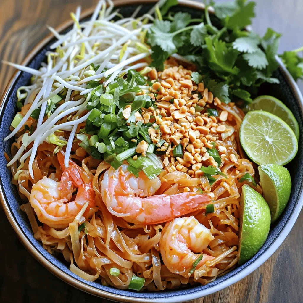 For an easy Pad Thai with shrimp, you need a few key ingredients. Each adds a unique flavor to the dish. Here’s what you will need: - 200g rice noodles - 200g shrimp, peeled and deveined - 2 tablespoons tamarind paste - 3 tablespoons soy sauce - 1 tablespoon fish sauce - 1 tablespoon sugar - 2 tablespoons vegetable oil - 2 cloves garlic, minced - 1 egg - 1 cup bean sprouts - 2 green onions, sliced - 1 tablespoon crushed peanuts - Fresh cilantro for garnish - Lime wedges for serving These ingredients come together to create a tasty meal. You can also add optional ingredients for extra flavor: - Red pepper flakes for heat - Bell peppers for crunch - Broccoli for a healthy twist Feel free to mix in what you enjoy! For the full recipe, check out "Shrimp-tastic Pad Thai ." To make great Pad Thai, cook the rice noodles until al dente. This means they should be firm but not hard. If you cook them too long, they will get mushy. After cooking, drain the noodles and rinse them under cold water. This stops the cooking process and keeps them from sticking together. Next, mix the tamarind paste, soy sauce, and fish sauce in a small bowl. Add sugar to balance the flavors. Taste the sauce and adjust as needed. If it is too sour, add more sugar. If it is too sweet, add more tamarind or soy sauce. This balance is key to a great Pad Thai. Heat vegetable oil in a large skillet over medium heat. Add minced garlic and sauté for about 30 seconds until fragrant. Then, add the shrimp and cook for about 2-3 minutes. They should turn pink and opaque. Remove the shrimp and set them aside. In the same skillet, crack the egg. Scramble it until just set, then mix it with the shrimp. Now it is time to combine all the ingredients. Add the cooked noodles to the skillet along with the Pad Thai sauce. Toss everything together to ensure the noodles are well coated. This will help each bite be full of flavor. For a beautiful presentation, serve Pad Thai in a large bowl. Garnish with crushed peanuts and fresh cilantro. Arrange lime wedges on the side for squeezing over. This adds a fresh touch and makes the dish pop. For the full recipe, check out "Shrimp-tastic Pad Thai ". - When to add each component for best results: Start with the garlic. Cook it for a short time until it smells great. Then, add the shrimp. Cook it just until it turns pink. This keeps the shrimp juicy. After that, add the egg. Scramble it quickly, then mix it with the shrimp. Finally, add the noodles and sauce. This order makes sure every part cooks just right. - How to avoid sticky noodles: To keep your noodles from sticking, rinse them well after cooking. Use cold water to stop the cooking process. This helps keep them separate. When you mix them with the sauce, do it gently. This way, they stay nice and loose. - Alternatives for shrimp: If you don't like shrimp, try chicken or tofu. Both cook well and soak up the flavors. You can also use cooked pork or beef. Just make sure to adjust the cooking time. - Vegan options for the dish: For a vegan Pad Thai, skip the shrimp and use firm tofu. Also, replace fish sauce with soy sauce or a vegan fish sauce. This keeps the flavor bold and delicious without animal products. {{image_2}} You can easily switch up the protein in this recipe. For a lighter option, use chicken. Simply cut it into thin strips and cook it the same way as the shrimp. Chicken cooks quickly, so keep an eye on it. It should reach a safe internal temperature of 165°F. If you prefer a plant-based meal, try tofu. Firm tofu works best. Press it to remove excess water, then cut it into cubes. Sauté it until golden brown before adding it to the dish. Tofu absorbs flavors well, making it a great substitute. Adjusting the flavors in your Pad Thai is simple and fun. If you like heat, add more chili flakes or a touch of sriracha. Start with a small amount and taste as you go. You can also add lime juice for extra tang. For a sweeter sauce, increase the sugar. Just be careful not to overpower the other flavors. If you want a saltier taste, add more soy sauce. Taste your sauce as you mix it, making sure it suits your liking. You can also experiment with fresh herbs. Basil or mint can add a fresh twist. Each choice brings a unique flavor to your dish, so feel free to get creative! For more details, check out the Full Recipe. To keep your Pad Thai fresh, store it in an airtight container. Make sure it cools down first. You can keep it in the fridge for up to three days. If you want to store it longer, freeze it for up to two months. Just remember to separate the shrimp and noodles if you can. This helps keep the texture nice. When reheating Pad Thai, avoid the microwave if possible. It can make the noodles soggy. Instead, use a skillet. Heat a bit of oil over medium heat. Add the leftovers and stir gently. If it seems dry, splash in a little water or sauce. Cook until everything is warm. This keeps the dish tasty and the shrimp tender. For more details, check the full recipe for Shrimp-tastic Pad Thai . Yes, you can make Pad Thai ahead of time. To prep in advance, cook the rice noodles and shrimp separately. Store them in airtight containers. Keep the sauce in a jar in the fridge. When ready to eat, simply reheat everything in a skillet. This method keeps the flavors fresh and the texture right. If you don't have tamarind paste, try using lime juice and brown sugar. This mix gives you the sweet-and-sour flavor of tamarind. Another option is to use lemon juice with sugar. Both will change the taste slightly but will still be tasty. Pad Thai can be gluten-free! Use rice noodles, which are naturally gluten-free. For the sauce, choose gluten-free soy sauce. Many brands offer this option. Always check the labels to be sure. This way, you can enjoy a gluten-free version without missing out on flavor. For the full recipe, check out "Shrimp-tastic Pad Thai ." It has all the details you need to create this delicious dish. Enjoy cooking! Now you know how to make Easy Pad Thai with Shrimp. We explored key ingredients, cooking steps, and helpful tips. You can swap proteins, adjust flavors, and create your perfect dish. Remember to store leftovers properly and reheat wisely to keep the taste vibrant. For full details, check out the Shrimp-tastic Pad Thai recipe. Enjoy your cooking adventure and impress your friends with this tasty meal!