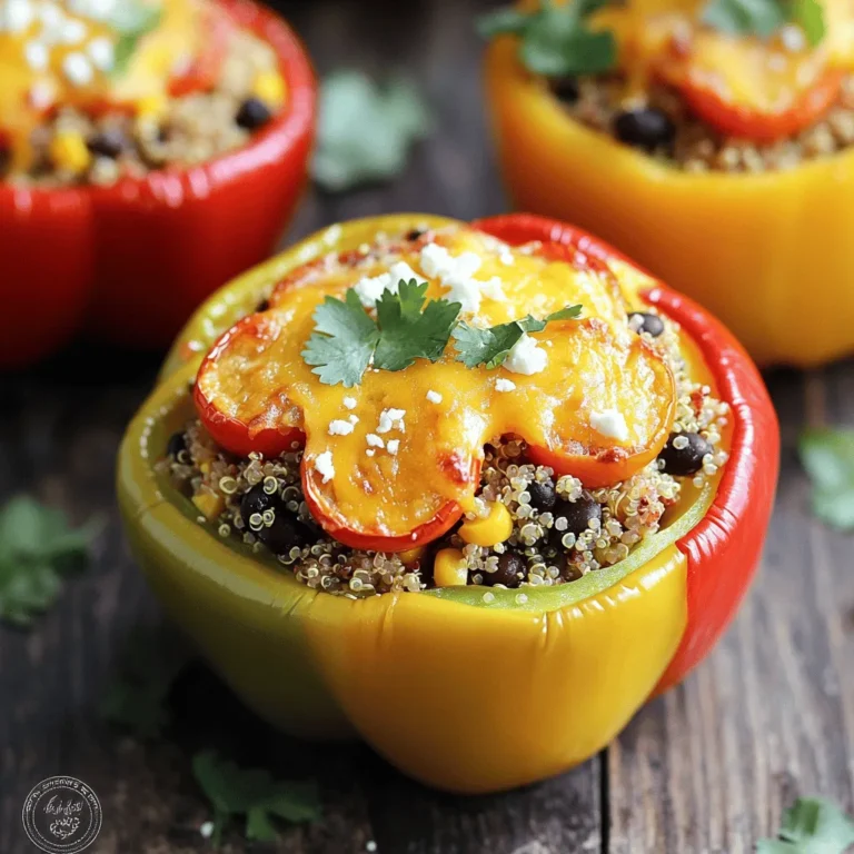 - 4 large bell peppers (any color) - 1 cup cooked quinoa (or rice) - 1 cup black beans, drained and rinsed - 1 cup corn kernels (fresh, frozen, or canned) - 1 cup cherry tomatoes, halved - 1 teaspoon chili powder - ½ teaspoon cumin - 1 cup shredded cheddar cheese - ½ cup crumbled feta cheese - 2 tablespoons olive oil - Salt and pepper to taste - Fresh cilantro, for garnish Each ingredient in this recipe plays a big role in flavor and texture. Bell peppers, with their sweet notes, serve as a colorful base. Quinoa or rice adds a hearty element, making the meal filling. Black beans boost protein and fiber, while corn gives a sweet crunch. Cherry tomatoes add freshness and acidity, balancing the richness of the cheese. Seasoning is key! Chili powder and cumin provide a warm, spicy touch. Cheddar and feta cheese create a creamy, savory contrast. Olive oil enhances the flavors and helps the peppers cook evenly. Don't forget salt and pepper; they elevate every ingredient. For garnish, fresh cilantro adds a pop of color and brightness. This simple herb makes your dish look great and tastes even better. Want the full recipe? Check out the [Full Recipe]. 1. Preheat your oven to 375°F (190°C). 2. Cut the tops off the bell peppers. Remove the seeds and membranes. Place the peppers cut-side up in a baking dish. 3. In a large bowl, mix the cooked quinoa, black beans, corn, cherry tomatoes, chili powder, cumin, half of the cheddar cheese, and half of the feta cheese. Stir until well mixed. Add salt and pepper to taste. 4. Drizzle olive oil over the filled peppers to lightly coat them. 5. Stuff each bell pepper with the quinoa mixture. Pack it gently but firmly. 6. Sprinkle the remaining cheddar and feta cheese on top of each stuffed pepper. 1. Cover the baking dish with aluminum foil. Bake for 25 minutes. 2. Remove the foil and bake for another 10-15 minutes. The peppers should be tender, and the cheese should bubble and turn golden. 3. Once done, take them out of the oven. Let them cool for a few minutes before serving. You can find the full recipe above to guide you through the process. Enjoy your cheesy stuffed bell peppers! How to choose the best bell peppers Pick large bell peppers that feel firm. Look for bright colors like red, yellow, or green. These colors mean the peppers are fresh and sweet. Avoid any that have soft spots or wrinkles. The best bell peppers hold their shape well during cooking. Tips for seasoning and adjusting flavors Start with the basic seasonings in the recipe. Taste as you mix the filling. If it needs more flavor, add more chili powder or cumin. You can also try adding garlic powder or onion powder for depth. Fresh herbs like cilantro or parsley can brighten the dish. Don't forget to balance flavors with a little salt and pepper. Importance of watching cheese for the perfect melt As the peppers bake, keep an eye on the cheese. You want it to melt but not burn. If it browns too quickly, cover the dish with foil. This keeps the heat in and helps the cheese melt evenly. The goal is a gooey, cheesy top that looks inviting. Alternatives for cooking methods (like grilling or air frying) You can grill the stuffed peppers for a smoky flavor. Just wrap them in foil and place them on the grill. Air frying is another great option. It cooks them quickly and gives a nice crisp outside. Adjust the cooking time to about 20-25 minutes at 375°F. Both methods keep the peppers tasty and fun to eat. For the full recipe, check out the details and enjoy making these cheesy stuffed bell peppers! {{image_2}} You can change the filling to match your taste. Try using different grains, like rice or couscous. Each grain adds a unique texture and flavor to the dish. For protein, consider ground turkey, beef, or even tofu. Each option gives a different bite and makes the meal satisfying. For a fresh twist, mix in some herbs or spices. You can also add chopped veggies like zucchini or spinach. This makes the dish colorful and tasty. Experiment with what you have in your kitchen. You may find a new favorite! Choosing the right cheese makes a big difference. Cheddar is a classic choice for stuffing and topping. It melts well and gives a rich flavor. You can also use mozzarella for a gooey texture. Feta adds a tangy twist, giving your peppers a unique kick. If you want dairy-free options, there are great alternatives! Look for plant-based cheeses made from nuts or soy. They melt well and can taste just as good. Always check labels to find the best options for your diet. For the full recipe, be sure to check the details provided earlier. To store stuffed bell peppers in the fridge, let them cool first. Place them in an airtight container. They will stay fresh for about 3 to 5 days. When you want to eat them again, simply take them out. For reheating, use the oven for the best taste. Preheat your oven to 350°F (175°C). Place the peppers in a baking dish. Cover them with foil to keep moisture in. Heat for about 15 to 20 minutes or until they feel warm. To freeze stuffed bell peppers safely, wrap each one in plastic wrap. Then, place them in a freezer bag or container. They can last up to 3 months in the freezer. When you want to eat them later, take the peppers out of the freezer. Thaw them in the fridge for 24 hours before reheating. For reheating, you can use the oven again. Set it to 350°F (175°C) and bake for 20 to 25 minutes. This keeps them tasty and fresh. For the full recipe, check out the details above. Enjoy your cheesy stuffed bell peppers! Yes, you can prepare cheesy stuffed bell peppers ahead of time. Just stuff the peppers and cover them tightly. Place them in the fridge for a day or two. When ready to bake, you can cook them straight from the fridge. Just add a few extra minutes to the baking time. You can use rice instead of quinoa. Brown rice or white rice works well. Other good options include couscous or even lentils. Each will add a unique flavor and texture to your stuffed peppers. To add heat, mix in chopped jalapeños or a dash of hot sauce to the filling. You can also use spicy cheese, like pepper jack, instead of regular cheddar. These small changes will give your dish a nice kick. Cheesy stuffed bell peppers can be healthy. They are packed with veggies and protein from beans or meat. If you use whole grains like quinoa, you also get great fiber. Just watch the cheese and oil to keep them lighter. Overall, they make a balanced meal. You now have a complete guide to making cheesy stuffed bell peppers. We covered ingredients, preparation steps, cooking techniques, and storage tips. You learned how to choose the best peppers and adjust the flavors to your liking. Explore variations with different grains, proteins, and cheeses. Remember, these peppers are versatile and easy to make. Enjoy your cooking, and don’t hesitate to experiment! Your taste buds will thank you for the delicious meals ahead.