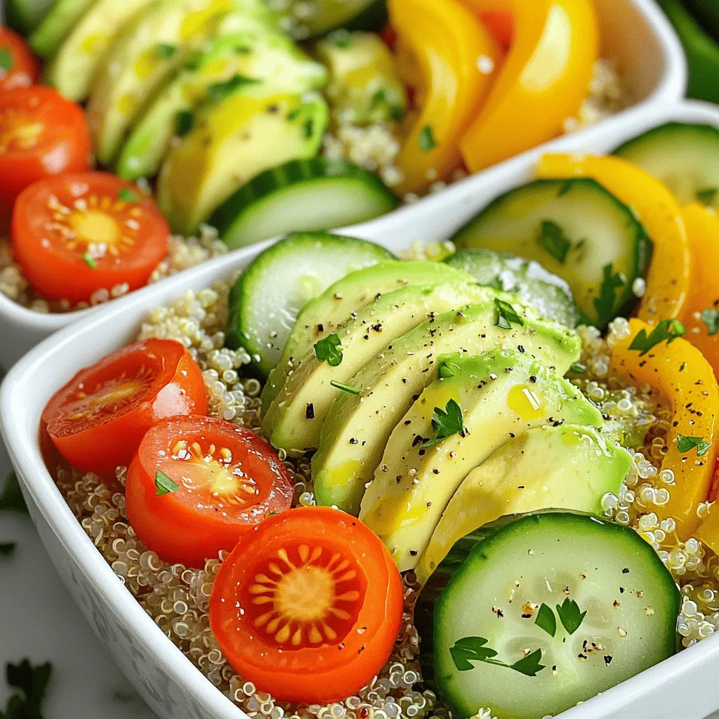 - 1 cup quinoa, rinsed - 2 cups vegetable broth - 1 cup cherry tomatoes, halved - 1 bell pepper, diced - 1 cup cucumber, diced - 1 cup canned chickpeas, rinsed and drained - 1 avocado, sliced - 1/4 cup fresh parsley, chopped - 2 tablespoons olive oil - 2 tablespoons lemon juice - Salt and pepper to taste - Optional seasonings: 1 teaspoon garlic powder, 1 teaspoon cumin For a healthy lunch, I focus on fresh and colorful ingredients. This recipe is all about balance. Quinoa serves as a great base, packed with protein. The vegetable broth adds flavor, making it more tasty. The cherry tomatoes give a burst of sweetness. The bell pepper adds crunch and color. Cucumbers bring a refreshing taste. Chickpeas add more protein and fiber, keeping you full. Don’t forget the avocado! It adds creaminess and healthy fats. Fresh parsley gives a pop of color and flavor. The dressing ties it all together. Olive oil and lemon juice brighten the dish. You can also add garlic powder and cumin for extra flavor. These spices give a warm, earthy taste. This recipe is flexible, so you can mix and match flavors to fit your taste. You can find the full recipe for these Colorful Quinoa Veggie Bowls 🥗 to create your meal prep lunches. - First, bring 2 cups of vegetable broth to a boil. - Next, add 1 cup of rinsed quinoa. Cover the pot and lower the heat. - Simmer for about 15 minutes until all the broth is absorbed. - Remove from heat and let it sit for 5 minutes, covered. Fluff with a fork. - While the quinoa cooks, chop 1 bell pepper and 1 cucumber. - Halve 1 cup of cherry tomatoes for a burst of flavor. - In a large bowl, combine the cooked quinoa and chopped veggies. - Add 1 cup of rinsed chickpeas for protein. - In a small bowl, whisk together 2 tablespoons of olive oil and 2 tablespoons of lemon juice. - Season with salt, pepper, and optional garlic powder and cumin. - Drizzle the dressing over the quinoa mix and toss to combine. - Divide the quinoa veggie mix into meal prep containers. - Top each bowl with sliced avocado for creaminess. - Store in the fridge for up to 4 days. Enjoy cold or warm! For the full recipe, check out the Colorful Quinoa Veggie Bowls. - Cook quinoa in bulk for multiple recipes. This saves time and ensures you have a healthy base ready for other meals. - Keep dressings separate until ready to eat. This keeps your meal fresh and crunchy. If you mix it too soon, ingredients can get soggy. - Try herbs like basil, cilantro, or dill to boost taste. You can also add spices like paprika or chili powder for a kick. - Customize based on your likes. If you love garlic, add more garlic powder. Prefer spicy? Toss in some red pepper flakes. - Aim for about one cup of quinoa per serving. This helps keep portions balanced. - Use a food scale if you count calories. Knowing your serving size helps you stay on track with your meal goals. For a full recipe, check out the Colorful Quinoa Veggie Bowls. {{image_2}} You can easily change the grains in your meal prep. Quinoa is great, but brown rice works too. Farro adds a nutty taste, while couscous cooks fast. Each grain brings its own flavor and texture. Try them all to see which you like best! Using seasonal vegetables makes your meal fresh and tasty. In spring, use asparagus or peas. Summer brings zucchini and corn. Fall is perfect for squash or sweet potatoes. In winter, try carrots and Brussels sprouts. Pick what you find at the store or farmers market! Adding protein to your meal prep boosts nutrition. Grilled chicken is a classic choice. If you want a veggie option, try tofu or tempeh. Both soak up flavors well. You can mix and match proteins based on your taste. This makes your meal exciting and filling. To keep your meals fresh, use airtight containers. Glass or BPA-free plastic work great. These containers help prevent spills and keep food safe. Label each container with the meal name and date. This way, you’ll know what you have and when to eat it. Your colorful quinoa veggie bowls last up to four days in the fridge. After that, the veggies may lose their crunch. If you want to store them longer, freeze portions. Use freezer-safe containers and leave some space for expansion. Thaw them overnight in the fridge when ready to enjoy. To warm up your quinoa bowls, microwave them for about 1-2 minutes. Stir halfway through for even heat. If you prefer, enjoy them cold, especially on warm days. They taste great straight from the fridge! For extra flavor, drizzle a bit of olive oil or fresh lemon juice before serving. For the full recipe, check the main article. Quinoa bowls can stay fresh in the fridge for up to four days. Make sure to store them in airtight containers. This helps keep the food safe and tasty. After four days, the quality may drop, and the flavors can fade. Yes, this recipe is already vegan-friendly! It uses quinoa, vegetables, and chickpeas for protein. You can add more veggies or plant-based protein if you want. Just skip any animal products, and you’re all set. Here are a few healthy lunch ideas: - Wraps with hummus and veggies - Salad with beans and avocado - Rice bowls with grilled chicken or tofu - Soup with lots of veggies These options are easy to make and great for meal prep. Yes, you can use canned vegetables. They save time and are often just as nutritious. Be sure to rinse them well to reduce sodium. Drain and add them to your bowls for a quick meal. To make larger servings, simply multiply the ingredients by the number of servings you need. If you want to serve eight, double all the ingredients. This way, you keep the same great taste and balance. Just remember to adjust cooking times if needed. For the full recipe, check out the Colorful Quinoa Veggie Bowls. In this post, we explored a simple quinoa veggie bowl recipe. You learned how to cook quinoa, prepare fresh vegetables, and mix everything in just a few steps. Meal prep tips helped ensure your bowls stay fresh and tasty. Remember, you can customize ingredients and swap grains or proteins to suit your taste. With these ideas, creating healthy meals can be easy and fun. Enjoy making your delicious, nutritious quinoa bowls!
