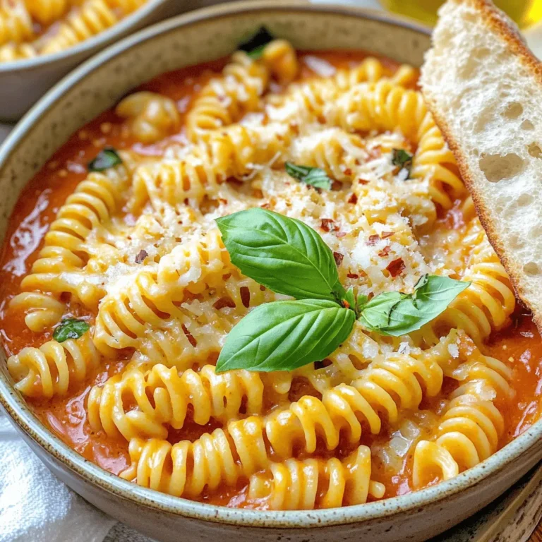 - 8 oz fusilli or penne pasta - 2 tablespoons olive oil - 4 cloves garlic, minced - 1 can (14 oz) crushed tomatoes - 1 cup heavy cream - ½ cup grated Parmesan cheese (plus more for serving) - Salt and pepper to taste - 1 cup fresh basil leaves, chopped - 1 teaspoon dried oregano - Red pepper flakes (optional, for heat) Gather these ingredients before you start cooking. The pasta gives the dish its base. Olive oil adds richness, while garlic brings out the flavor. The crushed tomatoes are the heart of the sauce. Heavy cream makes it creamy and smooth. Parmesan cheese adds a salty kick. Fresh basil and oregano create an amazing aroma. Finally, red pepper flakes can add a bit of heat if you like spice. For the full recipe, be sure to check out the detailed cooking steps. This dish is not just easy; it’s packed with flavor and freshness! To start, grab a large pot and fill it with water. Add a pinch of salt to make it tasty. Bring the water to a boil. Once boiling, add 8 oz of fusilli or penne pasta. Cook the pasta until it is al dente, which means it should be firm but not hard. This usually takes about 8 to 10 minutes. Remember to reserve ½ cup of pasta water before draining the pasta. Set the drained pasta aside. In the same pot, pour in 2 tablespoons of olive oil and heat it over medium heat. When the oil is hot, add 4 cloves of minced garlic. Sauté the garlic for about 1 minute. You want it fragrant but not burnt. Then, add 1 can of crushed tomatoes (14 oz). Bring this mixture to a simmer. Let it cook for 3 to 5 minutes to build flavor. Next, stir in 1 cup of heavy cream into the sauce. This will make it rich and creamy. Add in 1 cup of chopped fresh basil, 1 teaspoon of dried oregano, salt, and pepper to taste. If you like a little heat, sprinkle in red pepper flakes. Mix everything well and let it simmer for another 2 minutes. Finally, add the drained pasta back into the pot. Toss it with the sauce until well-coated. If the sauce seems too thick, gradually stir in some reserved pasta water until you reach your desired consistency. Now, stir in ½ cup of grated Parmesan cheese until it melts and makes the sauce even creamier. Adjust the seasoning if needed. You are now ready to enjoy this creamy tomato basil pasta! For a full recipe and more tips, check out the [Full Recipe]. To get the right sauce thickness, save some pasta water. This water has starch from the pasta. Adding it helps create a creamy texture. If the sauce seems too thick, just stir in a bit of that reserved water until you like it. Simmering the sauce is key for flavor. After adding tomatoes and cream, let it bubble gently. This helps the flavors mix well. Aim for a simmer of about 3-5 minutes. Then, add the herbs and let it simmer for a couple more minutes. This makes the sauce rich and tasty. When seasoning, use salt and spices wisely. A pinch of salt goes a long way. Start with a small amount, then taste. Add more if needed. This helps you control the flavor and avoid making it too salty. You can also add toppings to boost taste. Fresh basil leaves on top add a nice touch. Grated Parmesan cheese gives a salty, creamy finish. For heat, sprinkle a few red pepper flakes. This adds a warm kick to the dish. Presentation matters! Serve the creamy tomato basil pasta in shallow bowls. This makes it look nice and inviting. Top each bowl with more Parmesan and a drizzle of olive oil. A sprinkle of red pepper flakes adds color and flair. Consider pairing this pasta with sides. Garlic bread is a great option. It complements the pasta well. A simple green salad can add freshness. The crispness of the salad balances the creamy pasta nicely. {{image_2}} You can make creamy tomato basil pasta even better with some protein. Adding chicken or shrimp gives the dish a hearty touch. For chicken, grill or sauté it first, then mix it in with the pasta. Shrimp cooks quickly, so add it to the sauce just a few minutes before serving. If you prefer a vegetarian option, consider mushrooms. Sauté some sliced mushrooms in olive oil until brown, then add them to the sauce. They add a tasty, meaty texture without using meat. Want to boost the nutrition and flavor? Adding veggies is a great way to do this! Spinach is a good choice. Just toss in some fresh spinach leaves when you add the sauce. It wilts quickly and adds color. Bell peppers also work well. Chop them up and add them to the pot after the garlic. Let them cook for a bit before adding the tomatoes. This will make a garden-style pasta dish that is both tasty and healthy. Changing the sauce can make your creamy tomato basil pasta unique. Different types of tomatoes can change the flavor. Try using diced tomatoes or fire-roasted tomatoes for more depth. Each type brings its own twist to the dish. If you want to go dairy-free, there are options too! Using cashew cream or coconut milk can create a rich, creamy sauce without dairy. Just blend soaked cashews with water to make a smooth cream. It’s a great alternative that keeps the dish creamy and delicious. For the full recipe, check out the [Full Recipe]. To store leftover creamy tomato basil pasta, let it cool down first. Then, place it in an airtight container. This keeps the pasta fresh and prevents it from drying out. You can enjoy it for up to three days in the fridge. Make sure to label the container with the date. This helps you track how long it has been stored. To freeze creamy tomato basil pasta, place the cooled leftovers in a freezer-safe container. Leave some space at the top for expansion. You can freeze it for up to three months. When you're ready to eat, thaw it in the fridge overnight. To reheat, place it in a saucepan over low heat. Add a splash of cream or reserved pasta water. This helps bring back the creamy texture. Stir gently until heated through. Enjoy your meal just as good as the first time! To make creamy tomato basil pasta vegetarian, you can simply omit any meat. Use the same ingredients for the sauce. If you want to add protein, try using mushrooms, tofu, or chickpeas instead. These options blend well with the creamy sauce. You can also enhance the dish with more veggies like spinach or zucchini. This way, you keep the meal hearty and full of flavor. Yes, you can use dried basil instead of fresh. Dried basil has a stronger flavor, so use about one teaspoon for every tablespoon of fresh basil. Add it to the sauce early in the cooking process to allow it to release its flavors. While fresh basil gives a bright taste, dried basil is a great backup. Just remember, the flavor will be different, but still tasty! The best types of pasta for creamy tomato basil pasta are fusilli or penne. Fusilli’s twists hold onto the sauce well. Penne has ridges that also grab the sauce nicely. Both shapes work great with creamy sauces. You can even use shells or farfalle if you like. The goal is to choose a pasta that will soak up the flavors well. For the full recipe, check out the Creamy Tomato Basil Pasta section. This blog post covered how to make creamy tomato basil pasta, starting with key ingredients. We explored the cooking process, tips for the best sauce, and how to enhance flavors. We also looked at variations for proteins and veggies, plus storage tips for leftovers. In closing, this dish is versatile and easy to tweak. You can create many flavors while keeping it simple. Enjoy your cooking and the tasty results!