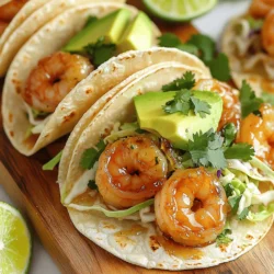 To make honey garlic shrimp tacos, gather these key items: - 1 lb shrimp, peeled and deveined - 2 tablespoons honey - 3 cloves garlic, minced - 1 tablespoon soy sauce (or tamari for gluten-free) - 1 tablespoon lime juice - 1 tablespoon vegetable oil - 1 teaspoon chili powder - Salt and pepper to taste - 8 small corn tortillas - 1 cup cabbage, shredded (red or green) - ½ avocado, sliced - Fresh cilantro for garnish - Lime wedges for serving These ingredients create a sweet and savory flavor. The shrimp pairs well with the crunchy cabbage and creamy avocado. I recommend using large or medium shrimp for these tacos. You can choose: - Gulf shrimp - Argentinian shrimp - Black tiger shrimp These types of shrimp have great taste and texture. Always pick shrimp that look fresh and plump. Frozen shrimp works too; just thaw it before cooking. Feel free to add your favorite toppings. Here are some ideas: - Diced tomatoes - Sliced jalapeños - Sour cream or Greek yogurt - Sliced radishes - Cotija cheese These garnishes can boost flavor and make the tacos even more fun to eat. Explore different toppings to find your favorite mix. Check out the Full Recipe for more detailed steps on making these tasty tacos! Start by mixing the marinade. In a bowl, combine honey, minced garlic, soy sauce, lime juice, and chili powder. Stir well until it blends smoothly. This mix will bring sweetness and depth to your shrimp. Next, add your shrimp to the marinade. Make sure each piece gets a good coat. Let them sit for 15 to 20 minutes. This step lets the flavors soak into the shrimp, making them more tasty. Heat vegetable oil in a large skillet over medium-high heat. Once the oil is hot, add the marinated shrimp. Cook them for about 2 to 3 minutes on each side. You want them pink, opaque, and slightly caramelized. While the shrimp cook, warm the corn tortillas in a separate skillet. Cook them on low heat for about 30 seconds on each side. Now it’s time to build your tacos. Place a generous amount of shredded cabbage on each warm tortilla. Add the cooked shrimp on top. Then, add avocado slices and sprinkle fresh cilantro for a bright finish. Serve your tacos right away with lime wedges on the side for extra flavor. For the complete recipe, check [Full Recipe]. For shrimp tacos, I always go for fresh or frozen shrimp. Look for shrimp that are large or jumbo-sized. They hold up well in tacos. If you can, choose shrimp that are wild-caught. Farmed shrimp can have a different taste. When buying, check for a slight sea smell. This means they are fresh. If using frozen shrimp, thaw them in the fridge overnight. This keeps them firm and juicy. Cooking shrimp is fast and easy. I heat my skillet over medium-high heat. When the pan is hot, I add vegetable oil. This helps create a nice sear on the shrimp. I cook them for about 2-3 minutes on each side. They should turn pink and opaque. Do not overcook them; this can make them tough. A little caramelization adds great flavor. Always season with salt and pepper at the end for best taste. To amp up the flavor, I use a mix of spices. Chili powder adds warmth, while lime juice gives a fresh zing. You can also use paprika for a smoky flavor. If you like heat, add cayenne pepper or diced jalapeños. Fresh cilantro on top adds a burst of freshness. Pair these with a squeeze of lime for a perfect finish. Feel free to experiment with spices to suit your taste. For the full recipe, check out the Honey Garlic Shrimp Tacos 🦐 section. {{image_2}} You can switch the shrimp for other seafood. Try scallops or fish. White fish like tilapia works well. Just remember to adjust cooking time. Scallops take about 2-3 minutes per side. Fish may cook a bit faster. Choose seafood that you enjoy. Each option gives a new twist to the dish. If you prefer not to eat seafood, you can make a veggie version. Use tofu or tempeh for protein. Marinate them the same way as shrimp. You can also try mushrooms. Portobello or shiitake mushrooms add great flavor. Serve with the same toppings, like cabbage and avocado. Feel free to explore various taco styles. You can use flour tortillas instead of corn. For a crunchy twist, try taco shells. You can also go for a lettuce wrap for a low-carb option. Each style gives a different taste and texture. Mix it up based on your mood or diet! For the full recipe, check out the Honey Garlic Shrimp Tacos! Store leftover shrimp in an airtight container. Place it in the fridge. Use it within two days for the best taste. Ensure the shrimp is cooled before storage. If you want to save it longer, consider freezing. Frozen shrimp can last up to three months. Just remember to thaw it safely in the fridge before reheating. To keep your corn tortillas fresh, wrap them in foil or plastic wrap. Store them in a cool, dry place. If you have opened a package, use them within a week. You can also refrigerate them to extend their life. For long-term storage, freeze the tortillas. Place parchment paper between each tortilla to prevent sticking. When it’s time to eat, reheat the shrimp in a skillet. Heat it over medium heat for about three to four minutes. Add a splash of water to keep it moist. For the tortillas, warm them in a dry skillet for 30 seconds on each side. This way, they stay soft and pliable. Enjoy your tacos as if they were fresh! For the full recipe, check out the recipe section. To add spice, use fresh chili peppers or hot sauce. You can also increase the chili powder in the marinade. Start with small amounts and taste as you go. This lets you find the perfect heat level for your tacos. For extra flavor, consider adding diced jalapeños or a sprinkle of cayenne pepper. Yes, you can prepare the shrimp ahead of time. Marinate the shrimp and store them in the fridge. They can stay fresh for up to 24 hours. When you’re ready, just cook them as directed in the Full Recipe. This saves time and makes your meal prep easier. Great sides include black beans, corn salad, or a fresh guacamole. You can also serve with a light coleslaw for added crunch. If you want something warm, try cilantro-lime rice. These sides complement the shrimp's sweet and savory flavors well. Yes, you can freeze the shrimp, but not the assembled tacos. Wrap cooked shrimp in plastic and place in an airtight container. They can stay frozen for up to three months. When you're ready to eat, thaw the shrimp and warm them up before serving. Try a refreshing drink like limeade or a light beer. A crisp white wine also pairs nicely. For something non-alcoholic, sparkling water with lime is a great choice. These drinks balance the sweetness of the honey garlic shrimp perfectly. In this blog post, we explored how to make Honey Garlic Shrimp Tacos. We covered key ingredients, cooking steps, and tips for great flavor. Remember to pick fresh shrimp and marinate them well. You can also try different fillings or switch to vegetarian options. Don’t forget to store any leftovers properly for later. With these ideas, you can enjoy tasty tacos anytime. Keep experimenting and have fun while you cook!