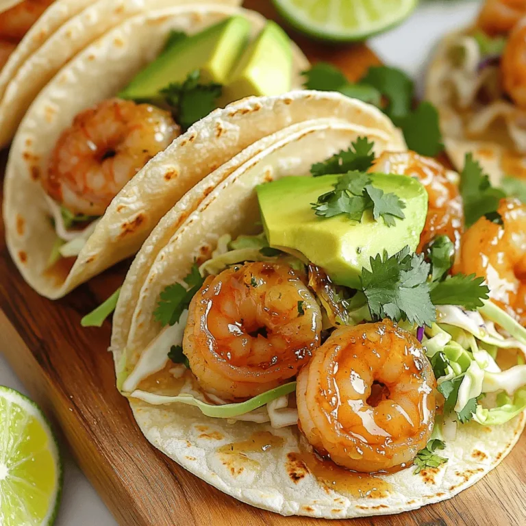 To make honey garlic shrimp tacos, gather these key items: - 1 lb shrimp, peeled and deveined - 2 tablespoons honey - 3 cloves garlic, minced - 1 tablespoon soy sauce (or tamari for gluten-free) - 1 tablespoon lime juice - 1 tablespoon vegetable oil - 1 teaspoon chili powder - Salt and pepper to taste - 8 small corn tortillas - 1 cup cabbage, shredded (red or green) - ½ avocado, sliced - Fresh cilantro for garnish - Lime wedges for serving These ingredients create a sweet and savory flavor. The shrimp pairs well with the crunchy cabbage and creamy avocado. I recommend using large or medium shrimp for these tacos. You can choose: - Gulf shrimp - Argentinian shrimp - Black tiger shrimp These types of shrimp have great taste and texture. Always pick shrimp that look fresh and plump. Frozen shrimp works too; just thaw it before cooking. Feel free to add your favorite toppings. Here are some ideas: - Diced tomatoes - Sliced jalapeños - Sour cream or Greek yogurt - Sliced radishes - Cotija cheese These garnishes can boost flavor and make the tacos even more fun to eat. Explore different toppings to find your favorite mix. Check out the Full Recipe for more detailed steps on making these tasty tacos! Start by mixing the marinade. In a bowl, combine honey, minced garlic, soy sauce, lime juice, and chili powder. Stir well until it blends smoothly. This mix will bring sweetness and depth to your shrimp. Next, add your shrimp to the marinade. Make sure each piece gets a good coat. Let them sit for 15 to 20 minutes. This step lets the flavors soak into the shrimp, making them more tasty. Heat vegetable oil in a large skillet over medium-high heat. Once the oil is hot, add the marinated shrimp. Cook them for about 2 to 3 minutes on each side. You want them pink, opaque, and slightly caramelized. While the shrimp cook, warm the corn tortillas in a separate skillet. Cook them on low heat for about 30 seconds on each side. Now it’s time to build your tacos. Place a generous amount of shredded cabbage on each warm tortilla. Add the cooked shrimp on top. Then, add avocado slices and sprinkle fresh cilantro for a bright finish. Serve your tacos right away with lime wedges on the side for extra flavor. For the complete recipe, check [Full Recipe]. For shrimp tacos, I always go for fresh or frozen shrimp. Look for shrimp that are large or jumbo-sized. They hold up well in tacos. If you can, choose shrimp that are wild-caught. Farmed shrimp can have a different taste. When buying, check for a slight sea smell. This means they are fresh. If using frozen shrimp, thaw them in the fridge overnight. This keeps them firm and juicy. Cooking shrimp is fast and easy. I heat my skillet over medium-high heat. When the pan is hot, I add vegetable oil. This helps create a nice sear on the shrimp. I cook them for about 2-3 minutes on each side. They should turn pink and opaque. Do not overcook them; this can make them tough. A little caramelization adds great flavor. Always season with salt and pepper at the end for best taste. To amp up the flavor, I use a mix of spices. Chili powder adds warmth, while lime juice gives a fresh zing. You can also use paprika for a smoky flavor. If you like heat, add cayenne pepper or diced jalapeños. Fresh cilantro on top adds a burst of freshness. Pair these with a squeeze of lime for a perfect finish. Feel free to experiment with spices to suit your taste. For the full recipe, check out the Honey Garlic Shrimp Tacos 🦐 section. {{image_2}} You can switch the shrimp for other seafood. Try scallops or fish. White fish like tilapia works well. Just remember to adjust cooking time. Scallops take about 2-3 minutes per side. Fish may cook a bit faster. Choose seafood that you enjoy. Each option gives a new twist to the dish. If you prefer not to eat seafood, you can make a veggie version. Use tofu or tempeh for protein. Marinate them the same way as shrimp. You can also try mushrooms. Portobello or shiitake mushrooms add great flavor. Serve with the same toppings, like cabbage and avocado. Feel free to explore various taco styles. You can use flour tortillas instead of corn. For a crunchy twist, try taco shells. You can also go for a lettuce wrap for a low-carb option. Each style gives a different taste and texture. Mix it up based on your mood or diet! For the full recipe, check out the Honey Garlic Shrimp Tacos! Store leftover shrimp in an airtight container. Place it in the fridge. Use it within two days for the best taste. Ensure the shrimp is cooled before storage. If you want to save it longer, consider freezing. Frozen shrimp can last up to three months. Just remember to thaw it safely in the fridge before reheating. To keep your corn tortillas fresh, wrap them in foil or plastic wrap. Store them in a cool, dry place. If you have opened a package, use them within a week. You can also refrigerate them to extend their life. For long-term storage, freeze the tortillas. Place parchment paper between each tortilla to prevent sticking. When it’s time to eat, reheat the shrimp in a skillet. Heat it over medium heat for about three to four minutes. Add a splash of water to keep it moist. For the tortillas, warm them in a dry skillet for 30 seconds on each side. This way, they stay soft and pliable. Enjoy your tacos as if they were fresh! For the full recipe, check out the recipe section. To add spice, use fresh chili peppers or hot sauce. You can also increase the chili powder in the marinade. Start with small amounts and taste as you go. This lets you find the perfect heat level for your tacos. For extra flavor, consider adding diced jalapeños or a sprinkle of cayenne pepper. Yes, you can prepare the shrimp ahead of time. Marinate the shrimp and store them in the fridge. They can stay fresh for up to 24 hours. When you’re ready, just cook them as directed in the Full Recipe. This saves time and makes your meal prep easier. Great sides include black beans, corn salad, or a fresh guacamole. You can also serve with a light coleslaw for added crunch. If you want something warm, try cilantro-lime rice. These sides complement the shrimp's sweet and savory flavors well. Yes, you can freeze the shrimp, but not the assembled tacos. Wrap cooked shrimp in plastic and place in an airtight container. They can stay frozen for up to three months. When you're ready to eat, thaw the shrimp and warm them up before serving. Try a refreshing drink like limeade or a light beer. A crisp white wine also pairs nicely. For something non-alcoholic, sparkling water with lime is a great choice. These drinks balance the sweetness of the honey garlic shrimp perfectly. In this blog post, we explored how to make Honey Garlic Shrimp Tacos. We covered key ingredients, cooking steps, and tips for great flavor. Remember to pick fresh shrimp and marinate them well. You can also try different fillings or switch to vegetarian options. Don’t forget to store any leftovers properly for later. With these ideas, you can enjoy tasty tacos anytime. Keep experimenting and have fun while you cook!