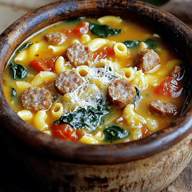 - Italian sausage (mild or spicy) - Ditalini pasta - Fresh spinach For this soup, the main ingredients are key. Italian sausage adds rich flavor. You can choose mild for a gentle taste or spicy for a kick. Ditalini pasta gives a nice bite. It looks cute and fits well in the soup. Fresh spinach adds color and nutrients. It wilts nicely, making the dish vibrant. - Grated Parmesan cheese - Fresh herbs (e.g., parsley, basil) Garnishes can really elevate your soup. Grated Parmesan cheese adds creaminess and depth. Fresh herbs, like parsley or basil, bring brightness and freshness. Sprinkle these on top before serving. They make the dish more appealing and tasty. - Low-sodium chicken broth - Diced tomatoes - Heavy cream Pantry staples make this recipe easy. Low-sodium chicken broth provides a savory base. It keeps the soup light and healthy. Diced tomatoes add sweetness and texture. They also enhance the color of the soup. Heavy cream makes it creamy and luxurious. It ties all the flavors together. For the full recipe, check out the detailed instructions to create this delicious dish! To start, heat a large pot over medium-high heat. Add 1 pound of Italian sausage to the pot. Cook until it is browned and fully cooked. This takes about 5 to 7 minutes. Use a wooden spoon to break the sausage apart as it cooks. Next, add 1 medium diced onion to the pot. Sauté the onion for 3 to 4 minutes until it turns translucent. This adds great flavor to the dish. After that, stir in 3 minced garlic cloves. Cook for 1 more minute until it smells great. Now it's time to add more flavor. Pour in 4 cups of low-sodium chicken broth and 1 can of diced tomatoes with juice. Make sure to scrape the bottom of the pot to get all the tasty bits. Bring this mixture to a boil. Once boiling, add 1 cup of ditalini pasta. Cook it according to the package instructions, usually about 7 to 8 minutes. Stir it occasionally to keep it from sticking. When the pasta is just right, reduce the heat to low. Stir in 1 cup of heavy cream and 2 cups of chopped fresh spinach. Add 1 teaspoon of dried Italian herbs, like oregano, basil, and thyme. Let it cook for another 2 to 3 minutes until the spinach is wilted. Finally, season the soup with salt and pepper to taste. Remove the pot from the heat. Let the soup sit for a couple of minutes to thicken slightly. For the full recipe, check out the details provided. To make your soup great, cook the pasta al dente. This means it should be firm when bitten. Follow the package directions for timing. Usually, it takes about 7-8 minutes. Stir it often to stop it from sticking. After cooking, let the soup thicken for a couple of minutes. This makes it creamy and rich. The heavy cream helps, but resting the soup really brings it together. Using fresh herbs can make a big difference. Fresh basil or parsley adds bright flavor. If you use dried herbs, add them early in the cooking. They blend in well. Spice levels are also up to you! If you like heat, add red pepper flakes. Start small and taste as you go. You can always add more spice, but you can't take it out. Preparing ingredients ahead saves time. Chop onions and garlic the night before. You can also pre-measure the spices and cream. This makes cooking faster. If you have leftovers, freezing is a great option. Store the soup in airtight containers. It can last for up to three months in the freezer. Just thaw it in the fridge overnight before reheating. Enjoy your creamy Italian sausage ditalini soup again! For the full recipe, check out the section above. {{image_2}} For those needing gluten-free options, swap the ditalini pasta for rice or gluten-free pasta. This keeps the soup hearty and tasty. You can also use cauliflower or zucchini noodles for a veggie touch. If you want a low-fat alternative, try using lighter cream or milk. This keeps the soup creamy but cuts down on calories. You can also use Greek yogurt as a base for a tangy twist. You can change up the protein by using chicken or turkey sausage. These options lower the fat while keeping the flavor big. For a veggie-packed version, add chopped carrots or zucchini. These veggies boost nutrition and add color to your dish. To enhance the flavor, experiment with different herbs like thyme or rosemary. These herbs give a fresh twist to the soup. You can also try adding a pinch of red pepper flakes for some heat. Incorporating different types of cheese adds richness. Try using mozzarella for a gooey texture or feta for a salty bite. These changes keep the soup exciting and full of flavor. For the full recipe, check out the [Full Recipe]. You can keep your creamy Italian sausage ditalini soup in the fridge for about three days. Make sure to let the soup cool before storing it. Use an airtight container to keep it fresh. When you're ready to eat, just reheat it on the stove or in the microwave. If you want to save some for later, freezing is a great option! Allow the soup to cool completely. Then, pour it into freezer-safe bags or containers. Lay the bags flat in the freezer for easy stacking. When you're ready to enjoy it, thaw it overnight in the fridge. Reheat on the stove, adding a little broth if needed. Choose containers that are safe for both freezing and reheating. Glass or BPA-free plastic containers work well. For easy meals, portion the soup into single servings. This way, you can grab just what you need. It helps reduce waste and makes meal prep a breeze. If you can’t find ditalini pasta, don’t worry! You can use other small pasta shapes. Here are some great options: - Small shells - Orzo - Elbow macaroni - Fusilli These shapes will work well in this creamy Italian sausage ditalini soup. Just remember to adjust the cooking time as needed. Yes, you can make this soup in a slow cooker! Start by browning the sausage in a skillet. Then, add the sausage, diced onion, garlic, chicken broth, and diced tomatoes to the slow cooker. Cook on low for 6-8 hours or on high for 3-4 hours. About 30 minutes before serving, stir in the ditalini pasta, heavy cream, and spinach. Let it cook until the pasta is tender. This creamy Italian sausage ditalini soup is not low-carb due to the pasta. However, you can make it lower in carbs. Substitute the ditalini pasta with vegetables, like: - Zucchini noodles - Cauliflower rice - Chopped broccoli These swaps will help you enjoy a tasty, lower-carb version without losing flavor. If you want to add some heat, try these tips: - Use spicy Italian sausage instead of mild. - Add red pepper flakes to taste while cooking. - Stir in some hot sauce before serving. These changes will give your soup a delightful kick! For the full recipe, check out the original instructions. This blog post covered a tasty soup with Italian sausage, ditalini pasta, and fresh spinach. You can add your favorite garnishes and pantry staples for extra flavor. I shared tips for cooking and storing the soup, as well as ideas to switch up ingredients or adjust the recipe for dietary needs. Enjoy making your soup your way. Explore the variations and savor every bowl!