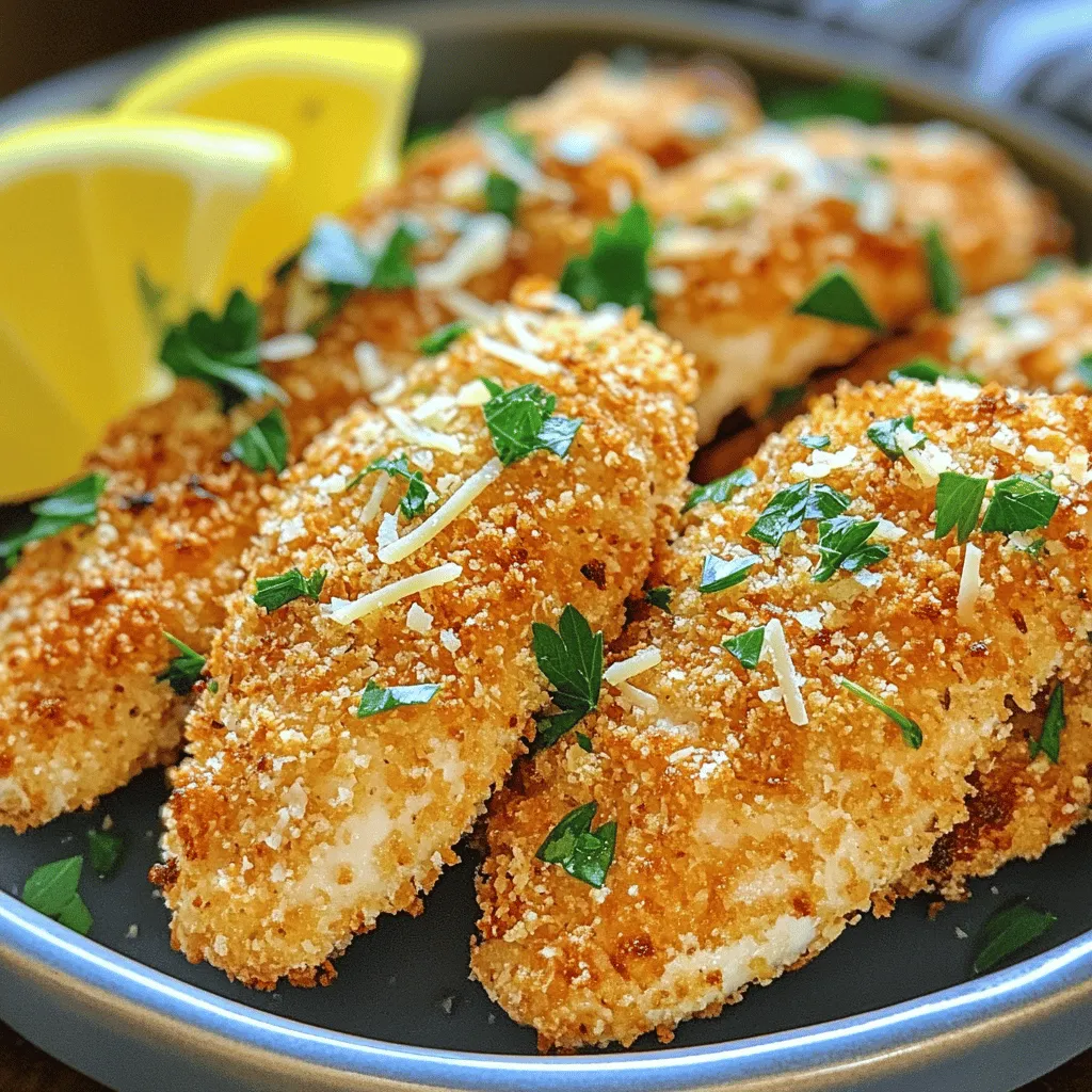 - 1 lb chicken tenders - 1 cup grated Parmesan cheese - 1 cup breadcrumbs (preferably panko) - 3 cloves garlic, minced - 1 lemon (zest and juice) - 1 teaspoon dried oregano - 1 teaspoon salt - ½ teaspoon black pepper - 2 tablespoons olive oil Gather these ingredients to create your Lemon Garlic Parmesan Chicken Tenders. The chicken tenders serve as the main star, bringing juicy texture. Grated Parmesan cheese adds a rich, nutty flavor. Breadcrumbs deliver a perfect crunch, especially if you use panko. Garlic gives this dish a delightful aroma and taste. The zest and juice of lemon brighten the flavors and add a tangy twist. Dried oregano brings an earthy note, enhancing the overall taste. For seasonings, salt and black pepper ensure each bite is well-balanced. Finally, olive oil adds moisture and helps the coating crisp up perfectly in the oven. Check out the [Full Recipe] for exact measurements and cooking instructions! 1. Preheat your oven to 400°F (200°C). This helps cook the chicken evenly. 2. Prepare the baking sheet by lining it with parchment paper. This makes cleanup easy. 1. In a large bowl, combine the grated Parmesan cheese, breadcrumbs, minced garlic, lemon zest, dried oregano, salt, and black pepper. Mix well until everything is even. 2. In a separate bowl, whisk together the olive oil and lemon juice. This adds flavor and helps the coating stick. 1. Dip each chicken tender into the lemon and olive oil mix. Make sure all sides are coated well. 2. Roll each tender in the Parmesan breadcrumb mixture. Press gently so the coating sticks. 3. Place the coated tenders on the prepared baking sheet, spaced out evenly. 4. Bake in the preheated oven for 20-25 minutes. Look for a golden brown color and check that the chicken is cooked through. 5. Once done, take the tenders out and let them rest for a few minutes. Garnish with chopped parsley before serving. Enjoy your delicious Lemon Garlic Parmesan Chicken Tenders! For the full recipe, check out the complete guide above. To get a crispy coating, use panko breadcrumbs. They give a light crunch. Make sure to coat each tender well. Press down gently to help the crumbs stick. Bake at 400°F for 20-25 minutes. This time ensures the chicken cooks fully. Check for a golden brown color on the coating. For dipping sauces, ranch and garlic mayo work great. They add a nice creamy flavor. You can also try honey mustard for a sweet twist. As for side dishes, a fresh salad pairs well. Roasted veggies also complement the chicken tenders nicely. For a fun touch, serve with lemon wedges. They add zest and freshness to each bite. You can find the full recipe for Lemon Garlic Parmesan Chicken Tenders [here](#). {{image_2}} You can make these chicken tenders even better for you. Instead of frying, bake them. Baking keeps the flavor while cutting down on fat. Just follow the full recipe for the baking steps. You can also use gluten-free breadcrumbs. This swap makes the dish safe for those with gluten issues. Look for gluten-free panko for that extra crunch. Want to change up the flavor? Try adding spices or herbs. A sprinkle of paprika gives a nice kick. You can also add fresh herbs like thyme or rosemary for extra taste. If you’re a cheese lover, substitute different cheeses. Cheddar or mozzarella can work great here. Each cheese brings its unique flavor to the dish. Experiment and find your favorite mix! After cooking, let the chicken tenders cool to room temperature. Place them in an airtight container. Store them in the fridge for up to three days. Keeping them sealed helps retain flavor and moisture. To reheat, preheat your oven to 350°F (175°C). Place the chicken tenders on a baking sheet. Heat for 10-15 minutes until warm. This method keeps the coating crispy and delicious. You can also use a microwave if you’re in a hurry. However, it might make them a bit soggy. To freeze chicken tenders, first, let them cool completely. Arrange them in a single layer on a baking sheet. Freeze for about an hour until solid. This prevents them from sticking together. Once frozen, transfer the tenders to a freezer bag. Remove all air before sealing. They can stay good in the freezer for up to three months. When you’re ready to eat them, take the chicken tenders out of the freezer. Place them in the fridge to thaw overnight. For faster thawing, you can use a microwave on the defrost setting. After thawing, reheat as directed above. Enjoy your tasty chicken tenders again! For the full recipe, check the previous section. How long to bake chicken tenders? Bake chicken tenders for 20 to 25 minutes at 400°F (200°C). Check for a golden-brown color. The chicken should also be cooked through. Can I use chicken breasts instead? Yes, you can use chicken breasts. Just cut them into strips. Adjust the cooking time as needed. How do I know when the chicken is done? Check the internal temperature with a meat thermometer. It should reach 165°F (75°C). The juices should run clear, not pink. What to serve with Lemon Garlic Parmesan Chicken Tenders? These tenders pair well with a fresh salad or roasted vegetables. You can also serve them with fries or rice. Add lemon wedges for a zesty touch. Can I prepare them ahead of time? Yes, you can prep the chicken tenders a few hours in advance. Keep them in the fridge until you are ready to bake. This helps the flavors blend. How do I make them spicier? To add heat, mix red pepper flakes into the breadcrumb mix. You can also add hot sauce to the olive oil and lemon juice mix. Caloric content per serving Each serving has about 350 calories. This may vary based on portion size and exact ingredients used. Nutritional benefits of main ingredients Chicken is a great source of protein. Parmesan cheese adds calcium. Garlic offers health benefits, including boosting the immune system. Lemon provides vitamin C, which is good for your skin. This guide covered making Lemon Garlic Parmesan Chicken Tenders. We explored the key ingredients like chicken, cheese, and breadcrumbs. I detailed preparation steps, from coating to baking and serving. You learned tips for crispy texture and pairing ideas. I also shared storage info and common FAQs. Try these easy tips and enjoy tasty meals. Cooking can be fun and rewarding!