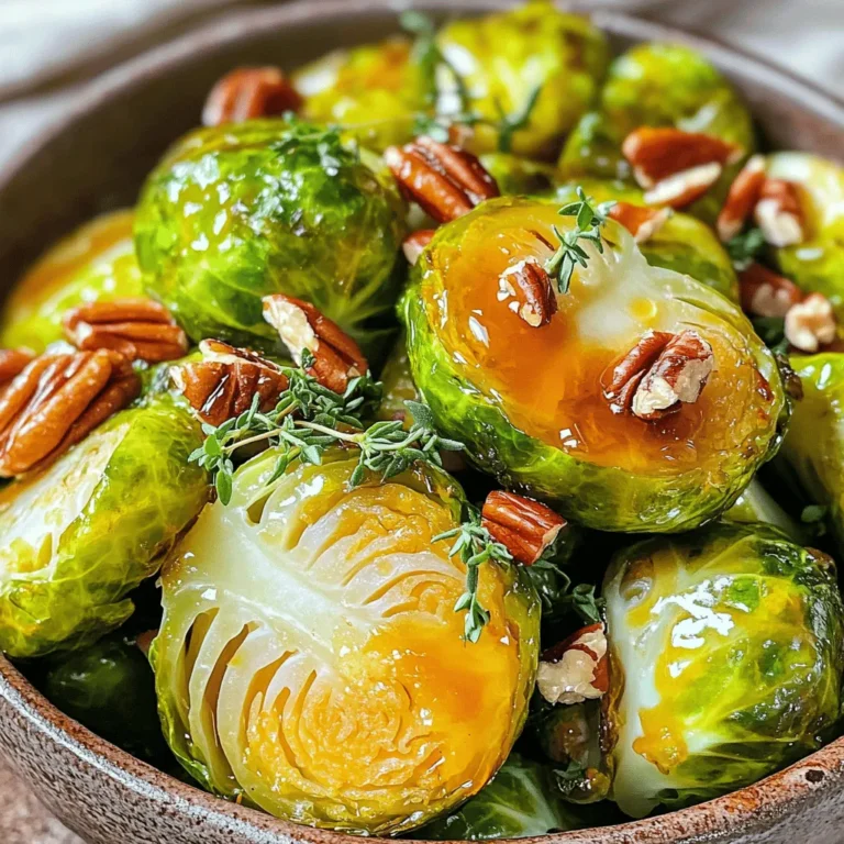 To make Maple Glazed Brussels Sprouts, gather these ingredients: - 1 lb Brussels sprouts, halved - 3 tablespoons pure maple syrup - 2 tablespoons olive oil - 1 tablespoon balsamic vinegar - 1 teaspoon garlic powder - Salt and pepper to taste - 1/4 cup chopped pecans (optional) - 1 tablespoon fresh thyme leaves (optional) This list gives you all you need for a tasty dish. You can easily swap some ingredients if you want. Here are a few ideas: - Use honey instead of maple syrup for a different sweetness. - Replace olive oil with avocado oil for a lighter flavor. - Try apple cider vinegar instead of balsamic vinegar for a fruity twist. - If you don’t have garlic powder, fresh minced garlic works well too. - For a nut-free option, leave out the pecans. Feel free to mix and match based on what you have. When picking Brussels sprouts, fresh is usually best. Fresh sprouts taste better and have a nice crunch. Look for bright green, firm sprouts. Frozen Brussels sprouts can work in a pinch. They are pre-washed and cut, making them convenient. However, they may not have the same flavor and texture as fresh ones. If you choose frozen, cook them longer to get rid of extra moisture. Aim for a nice brown color when roasting. To start, you need to preheat your oven to 425°F (220°C). This step helps caramelize the Brussels sprouts. Next, take a large bowl and add the halved Brussels sprouts. Pour in the olive oil and maple syrup. Add the balsamic vinegar, garlic powder, salt, and pepper. Toss everything well to coat the sprouts evenly. This mixture gives them a sweet and savory flavor. Now, spread the coated Brussels sprouts on a baking sheet. Make sure they are cut side down. This position helps them brown nicely. Roast the Brussels sprouts in the preheated oven for about 20 to 25 minutes. At the halfway point, stir the sprouts to ensure even cooking. They should become tender and start to brown. If you want a crunch, you can add chopped pecans during the last 5 minutes of roasting. This step gives an extra layer of flavor and texture. You’ll know your Brussels sprouts are done when they are golden brown and tender. The edges should look crispy, and a fork should easily pierce them. This texture makes them perfect for serving. Once they are ready, take them out and sprinkle fresh thyme leaves if you desire. This adds a fresh touch. Finally, transfer them to a serving dish and drizzle any leftover glaze over the top for added flavor. Enjoy your delicious maple glazed Brussels sprouts! For a complete recipe, check [Full Recipe]. To get the best flavor from your Maple Glazed Brussels Sprouts, start with fresh sprouts. Look for bright green, firm Brussels sprouts. Halve them for a more even cook and better glaze coverage. Use pure maple syrup for the best taste. It brings a rich sweetness that pairs well with the sprouts. Toss them well in oil and syrup to coat every piece. This ensures each bite bursts with flavor. One common mistake is overcrowding the baking sheet. If you pile too many sprouts, they will steam instead of roast. Give them space to caramelize properly. Another mistake is not preheating the oven. Roasting at 425°F (220°C) gives you crispy, browned edges. Also, avoid skipping the stirring step. This helps them cook evenly and prevents burning. For this recipe, you need a few basic tools. A large mixing bowl makes combining the ingredients easier. Use a sharp knife for halving the Brussels sprouts. A baking sheet lined with parchment paper helps with cleanup. A spatula is great for stirring the sprouts halfway through roasting. If you choose to add pecans, a small pan can help toast them lightly during the last few minutes. For the full recipe, check the complete guide. {{image_2}} You can change the flavor of your maple glazed Brussels sprouts easily. Here are a few fun ideas: - Citrus zest: Add lemon or orange zest for a fresh kick. - Spicy kick: Mix in a pinch of red pepper flakes for heat. - Cheese: Sprinkle with Parmesan cheese right before serving for a savory touch. - Bacon: Add crispy bacon bits during the last five minutes of roasting for a smoky flavor. This recipe is already vegan and gluten-free. You can keep it that way by using pure maple syrup and olive oil. Make sure your balsamic vinegar is gluten-free. This way, everyone can enjoy this tasty dish! You can mix in other vegetables for a seasonal twist. Here are some ideas: - Sweet potatoes: Dice them and roast with the Brussels sprouts for sweetness. - Carrots: Slice carrots into thin sticks and roast them with the sprouts. - Root veggies: Try parsnips or turnips. They add great texture and flavor. - Cauliflower: Toss in some cauliflower florets for extra crunch. With these variations, you can keep your maple glazed Brussels sprouts exciting and fresh each time you make them! For the complete recipe, check out the [Full Recipe]. To keep your Maple Glazed Brussels sprouts fresh, place them in an airtight container. You can store them in the fridge for up to three days. Make sure they cool down before sealing the container. This helps prevent sogginess. When reheating, use an oven or an air fryer. Preheat the oven to 350°F (175°C). Spread the sprouts on a baking sheet. Heat for about 10 minutes until they are warm and crisp. If using an air fryer, set it to 350°F and cook for about 5 minutes. You can freeze Maple Glazed Brussels sprouts if you want longer storage. Place the cooled sprouts in a freezer-safe bag. Remove as much air as possible before sealing. They can last up to three months in the freezer. When you are ready to eat, thaw them in the fridge overnight before reheating. For the best taste, use them fresh whenever you can. For the full recipe, check out the complete guide above. You can cook Brussels sprouts on the stovetop. Start by steaming the halved Brussels sprouts for about 5-7 minutes. This softens them. Then, heat olive oil in a skillet over medium heat. Add the steamed sprouts. Drizzle with maple syrup and balsamic vinegar. Sprinkle garlic powder, salt, and pepper on top. Sauté for 5-10 minutes until they are golden. This method gives you a tasty dish without using the oven. Yes, you can prepare Brussels sprouts ahead of time. You can wash and cut the sprouts a day in advance. Store them in a sealed container in the fridge. You can also mix the glaze ingredients in a bowl and keep it covered. On the day you plan to serve them, toss the sprouts in the glaze and cook them. This keeps your meal prep simple and stress-free. Brussels sprouts are very healthy. They are low in calories and high in fiber. This helps with digestion. They also have vitamins C and K, which are good for your immune system and bones. Additionally, Brussels sprouts contain antioxidants. These help protect your body from damage. Eating Brussels sprouts can help you stay healthy and strong while enjoying delicious flavors. Maple glazed Brussels sprouts offer a delicious way to enjoy this nutritious veggie. We covered the key ingredients, cooking steps, and helpful tips for great taste. I shared variations to suit different diets and seasons. Proper storage and reheating methods keep your leftovers tasty. With these insights, you can create a flavorful dish, impressing both family and friends. Enjoy the journey of making maple glazed Brussels sprouts and the joy they bring to your table.