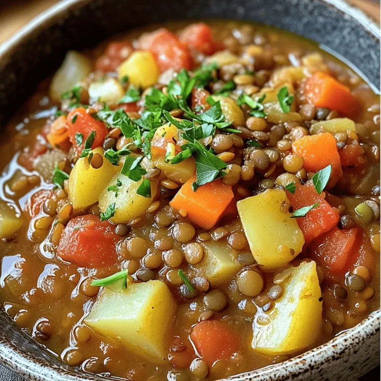 For my Hungarian Lentil Vegetable Stew, I use: - 1 cup green or brown lentils, rinsed - 1 medium onion, diced - 2 garlic cloves, minced - 1 bell pepper (red or green), diced - 2 medium carrots, sliced - 2 medium potatoes, cubed - 1 can (14 oz) diced tomatoes - 4 cups vegetable broth These ingredients give the stew its hearty base. Lentils are packed with protein and fiber. The mix of fresh vegetables adds color and nutrition. For flavor, I add: - 2 tablespoons Hungarian paprika - 1 teaspoon dried thyme - 1 teaspoon caraway seeds - Salt and pepper, to taste - 2 tablespoons olive oil Hungarian paprika gives the stew a warm, smoky taste. Caraway seeds add a unique, earthy flavor. The olive oil helps to sauté the vegetables and brings everything together. To finish, I use: - Fresh parsley for serving Chopped parsley not only looks nice but adds a bright, fresh taste. It’s the perfect touch to my stew. For the full recipe, you can check out the detailed steps I’ve prepared! - Rinse and prepare lentils. This removes dirt and ensures they cook evenly. - Chop the vegetables. Dice the onion, mince the garlic, and slice the carrots. Cube the potatoes and bell pepper. - Sauté onion and garlic. In a large pot, heat olive oil over medium heat. Add the onion. Cook for about 5 minutes until it is soft. Then, stir in the garlic and cook for another minute. - Add vegetables and spices. Now, toss in the bell pepper, carrots, and potatoes. Cook these for about 5 minutes. Sprinkle in Hungarian paprika, thyme, and caraway seeds. Mix everything well to coat the veggies in spices. - Combine with tomatoes and broth. Pour in the diced tomatoes and vegetable broth. Bring this to a boil. - Integrate lentils and adjust heat. Add the rinsed lentils once boiling. Lower the heat to let it simmer. Cover the pot. - Stir and monitor consistency. Let the stew cook for 30-35 minutes. Stir it often. If it seems too thick, add more broth or water. Check for tenderness in the lentils and vegetables. This stew is not just filling; it’s also packed with flavor and nutrients. For the full details, check the Full Recipe. To sauté vegetables well, start with a hot pan. Add olive oil and let it heat. Once hot, add diced onion first. Cook it until it turns soft and clear. This takes about five minutes. Next, add minced garlic. Stir for one to two minutes. You want to smell that garlic! When it comes to lentils, timing is key. Rinse lentils before adding them to the stew. Green or brown lentils cook well. They usually need about 30 to 35 minutes to soften. If you want them tender, check them after 30 minutes. If they need more time, let them cook a bit longer. Seasoning is crucial for taste. Start with salt and pepper. Add these to your stew at the end of cooking. This allows you to control the flavor. Hungarian paprika gives the dish its unique taste. You can also try adding herbs. Dried thyme works well. Caraway seeds add a nice touch too. Feel free to experiment with other spices like cumin or bay leaves. For serving, use a deep bowl. A ladle works well to scoop the stew. Top it off with a sprinkle of fresh parsley. This adds color and a fresh taste. You can serve the stew with crusty bread. This makes a great pair. Enjoy your meal with family or friends! For more details, check the Full Recipe. {{image_2}} You can easily change some veggies in this stew. Try using: - Zucchini for a softer texture - Spinach for a fresh touch - Sweet potatoes for sweetness - Mushrooms for an earthy flavor If you want more protein, add: - Cooked quinoa for a nutty taste - Tofu for a hearty bite - Tempeh for a firm texture Get creative with seasonings. Instead of just Hungarian paprika, you can try: - Smoked paprika for a deeper taste - Cumin for a warm and spicy kick - Italian herbs for a different vibe Switching broth can also add variety. Use: - Mushroom broth for an umami boost - Coconut milk for a creamy twist - Low-sodium vegetable broth if you want less salt This stew can fit many diets. For gluten-free options, just check your broth and spices. You can also keep it low-sodium by: - Using fresh veggies that are low in salt - Making your own broth without added salt These swaps make the dish healthier without losing flavor. Try these ideas to make your own version of Hungarian Lentil Vegetable Stew! For the full recipe, check out the earlier sections. To keep your Hungarian lentil vegetable stew fresh, let it cool first. Once it cools, transfer it to an airtight container. This helps prevent moisture loss. Store it in the fridge for up to four days. If you have a lot of leftovers, consider dividing it into smaller portions for easy access. Freezing is a great option if you want to enjoy this stew later. Use freezer-safe containers or bags. Make sure to leave some space in the container for expansion. This stew can last up to three months in the freezer. When you’re ready to eat it, thaw it overnight in the fridge. To reheat, warm it on the stove over low heat, stirring occasionally. You can also use a microwave. Just heat it in short bursts, mixing in between. In the fridge, this stew lasts about four days. If you freeze it, expect it to last up to three months. Always check for any signs of spoilage before eating, like off smells or visible mold. Enjoy making this delicious stew and savoring its hearty flavors! You can find the full recipe [here](#). You can pair this stew with several tasty side dishes. Here are some great ideas: - Crusty bread: A fresh loaf of sourdough or whole grain bread works well. - Rice or quinoa: These grains soak up the stew’s flavors nicely. - Salad: A light green salad adds a fresh touch. - Pickles: They give a crunchy, tangy contrast to the stew. If you like heat, there are simple ways to spice things up: - Add red pepper flakes: Start with a pinch and adjust to your taste. - Use hot paprika: This adds both heat and flavor to your stew. - Add diced jalapeños: Fresh or pickled jalapeños can give a nice kick. - Stir in hot sauce: A few drops can enhance the overall taste. Yes, you can use dried lentils. Here’s how to adjust: - Rinse the lentils: Ensure you clean them before cooking. - Increase cooking time: Dried lentils will need about 10-15 more minutes. - Check for doneness: Taste the lentils to see if they are tender. For the full recipe, refer to the main section of the article. Enjoy your cooking adventure! In this article, we explored how to make a hearty Hungarian lentil vegetable stew. We covered ingredients, like lentils, fresh veggies, and spices. I shared tips for cooking and enhancing flavor. You can easily swap ingredients or adjust seasonings to suit your taste. Remember to store leftovers properly for the best taste. With these steps, you can enjoy a delicious meal. Cooking at home can be fun and rewarding!