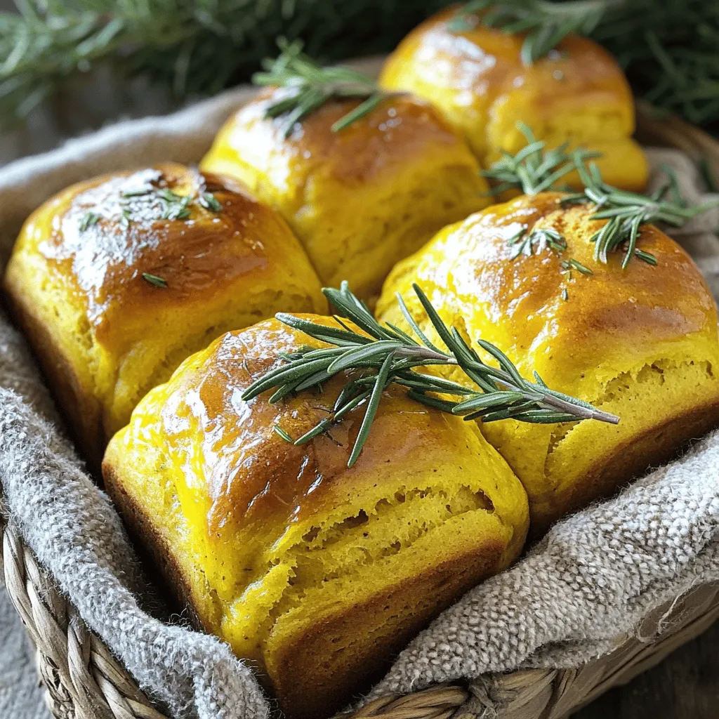 To make these soft and tasty rolls, you will need: - 2 cups all-purpose flour - 1 cup canned pumpkin - 1/4 cup warm milk (or plant-based milk) - 1/4 cup olive oil - 2 tablespoons fresh rosemary, finely chopped - 1 tablespoon sugar - 1 teaspoon salt - 1 teaspoon instant yeast - 1/2 teaspoon ground cinnamon - 1/4 teaspoon ground nutmeg - 1/4 teaspoon black pepper - Extra rosemary sprigs for garnish Fresh rosemary makes a big difference. Choose rosemary that is bright green and fragrant. Avoid any that looks brown or dry. You can also use dried rosemary if fresh isn’t available; however, cut the amount in half. For dietary needs, you can swap the milk with almond or oat milk. If you want a gluten-free option, use a gluten-free flour blend. Just check that your yeast is gluten-free. These rolls are simple to prepare. The blend of pumpkin and rosemary creates a unique flavor. Enjoy the process and the delightful smell that fills your kitchen! For the full recipe, refer to the section below. To start making rosemary pumpkin bread rolls, we first need to activate the yeast. In a small bowl, mix warm milk with sugar. Sprinkle the instant yeast on top and let it sit for about 5 minutes. You want it to get frothy. This means your yeast is active and ready to help your dough rise. Next, let’s mix the dry and wet ingredients. In a large bowl, combine the flour, salt, cinnamon, nutmeg, and black pepper. Stir these dry ingredients well. Then, make a well in the center. Add the canned pumpkin, olive oil, chopped rosemary, and your yeast mixture. Mix it all with a wooden spoon until a dough starts to form. If your dough is sticky, add flour a little at a time. Aim for a soft dough that is not sticky. Now we focus on creating the perfect dough consistency. Once your dough comes together, knead it on a floured surface. Knead for about 5 to 7 minutes. You want it smooth and elastic. This kneading helps develop gluten, which makes your rolls soft. It’s time for the dough to rise. Place your kneaded dough in a greased bowl. Cover it with a clean kitchen towel. Let it rise in a warm spot for about 1 hour, or until it doubles in size. This is the first rise. After it has risen, gently punch it down to release air. Now, divide the dough into 12 equal pieces. Shape each piece into a roll. Place the rolls on a baking sheet lined with parchment paper. Cover them again with a towel and let them rise for another 30 to 40 minutes. This is your second rise. When your rolls have puffed up, preheat your oven to 375°F (190°C). Bake the rolls for 15 to 20 minutes, or until they turn golden brown. Remove them from the oven and let them cool for a few minutes. You can add extra rosemary sprigs for a nice touch. For the full recipe, please refer to the complete instructions provided. To boost the taste of your rosemary pumpkin bread rolls, try adding other herbs. Thyme and sage pair well with rosemary. They bring a warm, earthy taste. For a kick, add a pinch of red pepper flakes. This adds a nice zing. To infuse more pumpkin flavor, use fresh pumpkin puree instead of canned. You can roast and mash your pumpkin for a richer taste. Also, adding a bit of pumpkin spice can deepen the flavor. This mix usually includes cinnamon, nutmeg, and cloves. One common mistake is dough that is too sticky. If your dough feels sticky, add a bit more flour. A soft, but not sticky, dough is what you want. Knead it until it feels smooth and elastic. Another issue is rolls drying out. To avoid this, cover the rolls with a towel while they rise. Keep them in a warm place, but not too hot. After baking, wrap them in a cloth to keep them soft. These rosemary pumpkin bread rolls pair wonderfully with soups and salads. Try them with a warm, creamy pumpkin soup for a cozy meal. They also work well with a simple green salad. For a creative presentation, serve them in a basket lined with a cloth. Drizzle with olive oil or melted butter for extra richness. You can also add a sprig of fresh rosemary on top for a lovely touch. For more ideas, check out the Full Recipe for tips on how to make these rolls shine. {{image_2}} You can mix things up by using other herbs. Try thyme or sage instead of rosemary. Each herb adds its own taste. For a cheesy twist, add grated cheese like cheddar or feta. This will make your rolls rich and savory. Cheese melts into the dough, making the rolls soft and flavorful. If you're in the mood for something sweet, you can change the rolls. Add a bit more sugar to the dough. Consider mixing in chocolate chips or dried fruits like cranberries. For a sweet topping, try a glaze made from powdered sugar and milk. These sweet rolls will be a hit at breakfast or as a dessert. For the full recipe, check out the detailed instructions and ingredients list. To keep your cooked rosemary pumpkin bread rolls fresh, store them in an airtight container. This will help prevent them from drying out. You can also wrap each roll in plastic wrap for extra protection. When ready to eat, reheat them in the oven at 350°F (175°C) for about 10 minutes. This warms them up nicely and keeps them soft. Freezing is a great way to keep extra rolls for later. If you want to freeze unbaked rolls, shape them first and place them on a baking sheet. Freeze them until firm, then transfer to a freezer bag. For baked rolls, let them cool completely. Wrap each roll in foil or plastic wrap. Place them in a freezer bag to save space. To thaw, simply take out the rolls and leave them in the fridge overnight. Reheat baked rolls in the oven at 350°F (175°C) for around 15 minutes. This will refresh their texture and flavor. For unbaked rolls, you can bake them straight from frozen, just add a few extra minutes to the baking time. To store leftover rolls, first let them cool completely. Then, place them in an airtight container. You can keep them at room temperature for up to two days. For longer storage, wrap them in plastic wrap and place them in the fridge. They can last up to a week this way. If you want to keep them fresh for a month, freeze them. Just make sure to wrap them well to avoid freezer burn. Yes, you can make these rolls gluten-free. Use a gluten-free all-purpose flour mix instead of regular flour. Make sure the mix contains xanthan gum or add some for better texture. The rolls may vary in texture but should still taste great. I recommend testing a small batch first to get the right feel. To adjust the recipe, simply cut all the ingredients in half. This will give you six rolls instead of twelve. If you want just a few rolls, you can also make a quarter of the recipe. Just remember to keep an eye on the baking time, as smaller rolls may bake faster. You can try many fun variations. Swap rosemary for thyme or sage for a different herb flavor. Add cheese, like cheddar or feta, for a savory twist. You can also mix nuts or seeds into the dough for added crunch. For a sweeter touch, add chocolate chips or dried fruit into the mix. To check if the rolls are done, look for a golden-brown color. You can also tap the bottom of a roll; if it sounds hollow, it’s done. Use a toothpick to test the center; it should come out clean. Remember, baking times may vary based on your oven, so keep an eye on them. Here’s a quick look at the ingredients and steps to make rosemary pumpkin bread rolls. You will love how easy and fun this recipe is! Ingredients: - 2 cups all-purpose flour - 1 cup canned pumpkin - 1/4 cup warm milk (or plant-based milk) - 1/4 cup olive oil - 2 tablespoons fresh rosemary, finely chopped - 1 tablespoon sugar - 1 teaspoon salt - 1 teaspoon instant yeast - 1/2 teaspoon ground cinnamon - 1/4 teaspoon ground nutmeg - 1/4 teaspoon black pepper - Extra rosemary sprigs for garnish Cooking Steps: 1. Mix warm milk and sugar in a small bowl. Add instant yeast and wait 5 minutes. 2. In a large bowl, mix flour, salt, cinnamon, nutmeg, and black pepper. 3. Make a well in the flour and add pumpkin, olive oil, chopped rosemary, and yeast mix. 4. Stir until a dough forms. If sticky, add flour, one tablespoon at a time. 5. Knead the dough on a floured surface for 5-7 minutes until smooth. 6. Put the dough in a greased bowl, cover, and let rise for 1 hour in a warm spot. 7. Preheat your oven to 375°F (190°C). 8. Punch down the risen dough. Divide it into 12 pieces and shape each into a roll. 9. Place rolls on a parchment-lined baking sheet. Cover and let rise for 30-40 minutes. 10. Bake for 15-20 minutes until golden brown. 11. Cool for a few minutes and garnish with rosemary. For a detailed view of the preparation, check the Full Recipe. I hope you enjoy making these rolls! In this blog post, I covered how to make rosemary pumpkin bread rolls. You learned about the essential ingredients and how to pick fresh rosemary. I provided step-by-step instructions for making the dough and tips for rising and baking. Don't forget the flavor tips, common mistakes, and serving suggestions to enjoy these rolls. Experiment with different herbs and sweet variations to make this recipe your own. By following my storage tips, these rolls can stay fresh longer, ready for you to enjoy!