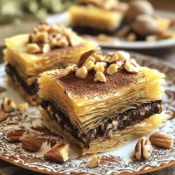 Chocolate kataifi bars are a fun dessert. They mix crispy kataifi pastry with rich chocolate. This recipe is simple and quick to follow. You will love how they look and taste. Here’s what you need: - 200g kataifi pastry - 100g unsalted butter, melted - 200g dark chocolate, chopped - 150g sweetened condensed milk - 50g chopped nuts (walnuts or pistachios) - 1 teaspoon vanilla extract - A pinch of salt - 1 tablespoon sugar (optional, for extra sweetness) Each ingredient plays a key role in flavor and texture. The kataifi gives a light crunch. The chocolate adds a rich, creamy taste. Nuts provide a nice bite. If you don't have kataifi, try phyllo dough. It gives a similar texture. You can swap dark chocolate with milk chocolate for a sweeter taste. For nuts, choose almonds or skip them for a nut-free option. You can use coconut milk instead of sweetened condensed milk for a dairy-free treat. These changes keep the bars tasty and fun! To start making your Chocolate Kataifi Bars, you first need to prepare the kataifi pastry. If your kataifi isn't already shredded, take a bowl and break it apart. This helps create those lovely strands. Next, pour the melted unsalted butter over the shredded kataifi. Use your hands to toss the pastry until it is well-coated. This step is key for flavor and texture. Now, take half of the buttered kataifi and press it firmly into the bottom of an 8x8 inch baking pan. Make sure it’s even. Bake this layer in a preheated oven at 180°C (350°F) for about 15 minutes, or until it turns golden brown. This gives your bars a nice base. While your kataifi bakes, it’s time to make the chocolate filling. In a saucepan, combine chopped dark chocolate, sweetened condensed milk, a pinch of salt, and vanilla extract. Place the saucepan over low heat. Stir gently as the chocolate melts. This should take just a few minutes. Once smooth, remove the pan from the heat. Add the chopped nuts, mixing them in well. Now, pour the melted chocolate mixture over the baked kataifi layer in your pan. Use a spatula to spread the chocolate evenly. Next, take the remaining kataifi and sprinkle it over the chocolate layer. Press it down gently to create an even top layer. If you want, add a sprinkle of sugar for extra sweetness and crunch. Return the pan to the oven and bake for another 20-25 minutes, until the top is golden and crispy. After baking, let your bars cool in the pan for about 30 minutes. Use the parchment overhang to lift the bars out and slice them into squares or rectangles. For a delightful finish, serve your Chocolate Kataifi Bars on a nice plate, perhaps dusted with cocoa or powdered sugar. Enjoy! For the best texture, make sure to bake the kataifi until golden. This step gives a nice crunch. Use high-quality dark chocolate for a rich, deep flavor. The balance of chocolate and sweetened condensed milk is key. Do not skip the pinch of salt; it enhances the chocolate. If you like nuts, chop them finely. This helps them mix well into the chocolate filling. For a softer bar, reduce the baking time slightly. Keep an eye on the bars as they bake. Presentation makes a big difference. You can serve the bars on a nice plate. A dusting of cocoa powder or powdered sugar adds charm. Garnish with whole nuts on top for a rustic look. You can also pair these bars with a scoop of vanilla ice cream. This adds creaminess and complements the chocolate flavor. Consider using small dessert cups for serving. This way, guests can grab a bar without mess. One common mistake is over-baking the kataifi. This can make it too hard. Aim for a golden color, not dark brown. Another mistake is not letting the bars cool completely before slicing. This can lead to messy cuts. If the chocolate mixture is too hot, it can melt the kataifi below. Be careful when pouring it over the kataifi layer. Lastly, do not forget to line the baking pan with parchment paper. This step helps with easy removal of the bars later. Follow these tips for a perfect treat every time! {{image_2}} If you want to make nut-free chocolate kataifi bars, just skip the nuts. The bars will still taste great! You can add a bit of crunch by using seeds. Try sunflower seeds or pumpkin seeds instead. They will add texture without the nut allergy risk. You can switch up the chocolate for these bars. Use milk chocolate for a sweeter taste. Dark chocolate gives a rich flavor, while white chocolate adds a creamy touch. You can even mix different chocolates for a fun twist. Just remember, the type of chocolate affects the sweetness and taste of your bars. To make your bars unique, think about adding flavors. Dried fruits like raisins or cranberries can add sweetness. You could also use spices like cinnamon or cardamom for a warm flavor. Another fun option is to mix in some coffee or espresso powder. This will enhance the chocolate taste and give a kick. For the complete instructions on making these delicious bars, check out the Full Recipe. To keep your Chocolate Kataifi Bars fresh, store them in an airtight container. This helps maintain their texture and flavor. Place a layer of parchment paper between layers to prevent sticking. Keep the container in a cool, dry place. You can also store them in the fridge for extra freshness. However, be aware that cold storage can affect the crunchiness of the kataifi. Yes, you can freeze these bars! After cutting them, wrap each piece tightly in plastic wrap. Then, place the wrapped bars in a freezer-safe container or bag. They can last up to three months in the freezer without losing flavor. When you’re ready to enjoy them, simply remove from the freezer and let them thaw in the fridge overnight. If your bars lose their crispiness, you can restore it easily. Preheat your oven to 180°C (350°F). Place the bars on a baking sheet and warm them for about 10 minutes. This process revives that lovely crunch. Enjoy your bars warm for a delightful treat! You can make many tasty desserts with kataifi pastry. Try these ideas: - Baklava: This classic uses layers of kataifi, nuts, and honey syrup. - Kataifi Nest: Shape the pastry into nests, fill with cream, and top with fruit. - Kataifi Cheesecake: Use kataifi as a crust for a creamy cheesecake. - Kataifi Pudding: Layer kataifi with custard or pudding for a fun treat. These options let you play with textures and flavors, just like in chocolate kataifi bars. Yes, you can make chocolate kataifi bars ahead of time. They stay fresh for a few days. Here’s what to do: - Prepare: Make the bars as directed and let them cool completely. - Store: Wrap them tightly in plastic wrap or foil. This keeps them moist. - Refrigerate: Place them in the fridge to keep them fresh longer. If you want to serve them warm, you can reheat them in the oven for a few minutes. You might find chocolate kataifi bars at local bakeries or specialty shops. Look for these places: - Middle Eastern Markets: They often have kataifi-based sweets. - Online Stores: Check websites that specialize in international foods. - Gourmet Bakeries: Some bakeries make unique desserts with kataifi. If you can’t find them, making your own is fun and rewarding. Check the Full Recipe for guidance! In this article, we explored how to make delicious chocolate kataifi bars. We covered the key ingredients, detailed step-by-step instructions, and helpful tips to perfect your dish. You can try fun variations to suit your taste, and I shared best practices for storing your bars. Remember, practice makes perfect in the kitchen. With simple steps and a few tricks, you can create a dessert everyone will enjoy. Don't hesitate to experiment with ingredients and flavors to make this treat your own. Enjoy your baking!
