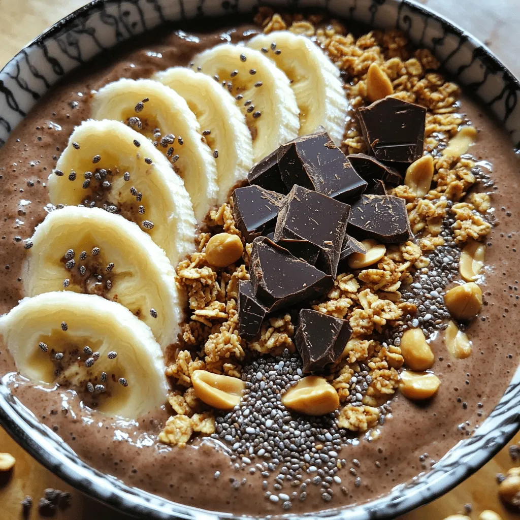 - 2 ripe bananas, frozen - 1 cup unsweetened almond milk (or any milk of choice) - 2 tablespoons natural peanut butter - 2 tablespoons unsweetened cocoa powder - 1 tablespoon honey or maple syrup - 1 teaspoon vanilla extract The main ingredients create a rich and creamy base. Frozen bananas give a nice texture. Almond milk keeps it dairy-free, but you can use any milk. Peanut butter adds protein and flavor. Cocoa powder gives that delicious chocolate taste. Honey or maple syrup adds sweetness. Vanilla extract rounds out the flavor. - Sliced bananas - Granola - Chopped dark chocolate - Chia seeds - Crushed peanuts Toppings make your smoothie bowl fun and tasty. Sliced bananas add freshness. Granola gives a nice crunch. Chopped dark chocolate adds a rich bite. Chia seeds boost nutrition. Crushed peanuts offer extra crunch. Mix and match your favorites for a special touch! - Calories per serving: Around 300 - Macronutrient breakdown: - Fat: 14g - Carbs: 36g - Protein: 8g This smoothie bowl is both tasty and nutritious. It fuels you with energy and satisfies your sweet tooth. Key ingredients like bananas and peanut butter provide vitamins and minerals. Bananas offer potassium, while peanut butter gives healthy fats and protein. Enjoy this guilt-free treat! For the full recipe, check the section above. - First, grab a high-speed blender. - Add 2 ripe frozen bananas to the blender. - Pour in 1 cup of almond milk, or any milk you like. - Add 2 tablespoons of natural peanut butter for richness. - Next, mix in 2 tablespoons of unsweetened cocoa powder. - Sweeten with 1 tablespoon of honey or maple syrup. Adjust it to your taste. - Lastly, include 1 teaspoon of vanilla extract for extra flavor. To blend, start at a low speed. Gradually increase to high speed. Blend until the mixture is smooth and creamy. Stop to scrape down the sides as needed. If your smoothie is too thick, add more almond milk. Blend again until it reaches your desired consistency. Now, pour the smoothie into bowls. Make sure to serve it right away for the best taste. Get creative with your toppings! You can add sliced bananas, granola, or chopped dark chocolate. Chia seeds and crushed peanuts are great for extra crunch. Arrange them nicely on top to make it look pretty. You can prepare this smoothie in advance. Just blend everything as mentioned. If you have leftovers, store them in an airtight container. Keep it in the fridge for up to 24 hours. For longer storage, pour the smoothie into ice cube trays. Freeze them for later use. When you're ready, thaw the cubes and blend again. This way, you can enjoy your Chocolate Peanut Butter Smoothie Bowl anytime! For the full recipe, don't forget to check the earlier section. To get the right smoothness, you may face thick smoothies. If your mix is too thick, add more almond milk, a little at a time. This will help you reach a creamy texture. Use a high-speed blender for the best results. Blend on high and stop often to scrape the sides. This ensures all ingredients mix well. You can add spices or extracts to boost flavor. A pinch of cinnamon or a drop of almond extract can make a big difference. Want to switch the nut butter? Try almond or cashew butter instead of peanut butter. Each will give a unique taste to your bowl. Adding protein can make your smoothie bowl more filling. You can use protein powder or Greek yogurt. Both options work well. Want to sneak in some greens? Spinach or kale blends nicely without changing the taste much. This adds vitamins and minerals, making your bowl even healthier. For the full recipe, check out the Chocolate Peanut Butter Smoothie Bowl. {{image_2}} You can change the taste of your smoothie bowl easily. One fun option is the mint chocolate peanut butter version. Just add a few drops of mint extract to the mix. This gives it a refreshing taste that pairs well with chocolate and peanut butter. Another tasty choice is the banana strawberry chocolate smoothie bowl. Simply blend in fresh or frozen strawberries with the bananas. This adds a fruity twist that brightens up the flavors. You will love how tasty these combos are! If you want a vegan or dairy-free version, there are great swaps. Use plant-based milk like oat or coconut milk instead of almond milk. These milks add creaminess without dairy. For sweeteners, try maple syrup or agave nectar. Both options keep your bowl sweet while staying plant-based. You can also use date syrup for a unique flavor. To make this recipe low-carb or keto-friendly, swap bananas with ripe avocado. The avocado will give a creamy texture without the carbs. For sweeteners, use stevia or erythritol. These will sweeten your bowl without adding sugar. You can enjoy a delicious treat without the carbs! Explore these variations to find your favorite twist on the classic chocolate peanut butter smoothie bowl. For the full recipe, check out the Chocolate Peanut Butter Smoothie Bowl recipe delight! To store any leftover smoothie bowl, place it in an airtight container. This keeps it fresh. You can refrigerate it for up to two days. However, the best taste comes when you eat it right away. If the smoothie thickens in the fridge, just stir in a splash of milk before serving. If you want to save some for later, freezing is a great option. Pour the smoothie into freezer-safe containers. Make sure to leave some space at the top, as liquids expand when frozen. You can also use ice cube trays to freeze smaller portions. This way, you can blend a quick smoothie later. When you're ready to enjoy your frozen smoothie, take it out of the freezer. Let it thaw in the fridge overnight or at room temperature for a few hours. If it's still thick, blend it with a bit of milk for a smooth texture. Serve it topped with your favorite ingredients for a tasty treat. To make your smoothie bowl thicker, try these tips: - Adding frozen fruits or vegetables: Use frozen strawberries or spinach to boost thickness. Frozen bananas work great, too. They add creaminess and chill your bowl. - Adjusting liquid levels: Use less almond milk for a thicker base. Start with half a cup, then add more only if needed. This helps keep the smoothie nice and thick. Yes, you can make this recipe sugar-free with simple swaps: - Suggestions for sugar substitutes: Use stevia or erythritol instead of honey or maple syrup. Both sweeteners offer sweetness without the sugar spike. - Discussing natural sweeteners: You might also try ripe bananas. They add a natural sweetness without extra sugar. Just make sure your bananas are really ripe for the best flavor. If you have nut allergies, here are some great substitutes: - Alternatives for nut allergies: Try sunflower seed butter or soy nut butter. Both provide a similar texture and flavor without nuts. - Seed butter options: Pumpkin seed butter is another tasty choice. It has a unique flavor and works well in smoothies, too. This smoothie bowl recipe combines tasty ingredients with nutritional benefits. You learned about preparation, serving, and storing. Tips help you make it perfect every time. You can customize flavors or adapt it to dietary needs. Explore different combinations to keep things fun. Remember, healthy eating can be delicious and easy! Enjoy your smoothie bowl adventures and get creative with toppings.