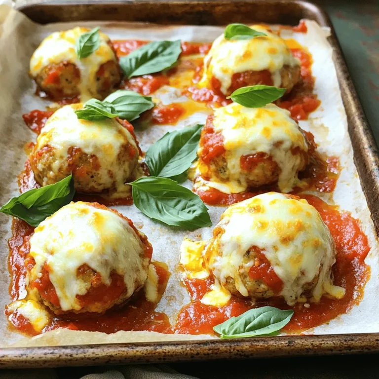 To make Baked Chicken Parmesan Meatballs, here’s what you need: - 1 lb ground chicken - 1/2 cup grated Parmesan cheese - 1/2 cup breadcrumbs - 1/4 cup fresh parsley, chopped - 1 teaspoon garlic powder - 1 teaspoon onion powder - 1/2 teaspoon dried oregano - 1 teaspoon salt - 1/4 teaspoon black pepper - 1 large egg - 1 cup marinara sauce - 1 cup shredded mozzarella cheese - Fresh basil leaves for garnish These ingredients blend together to make a dish that is tasty and wholesome. I recommend using fresh ingredients when possible. Fresh parsley and cheese enhance the flavor. Frozen meat or cheese can work, but they may alter the texture. You want your meatballs to be moist and flavorful. Using fresh ensures they turn out just right. If you are missing an item, don’t worry! Here are some easy swaps: - Ground chicken can be replaced with ground turkey or lean beef. - Use almond flour instead of breadcrumbs for a gluten-free option. - If you don’t have Parmesan cheese, try using Pecorino Romano for a similar taste. - Fresh parsley can be switched with dried parsley, but use less. These substitutions give you flexibility while keeping the great taste of Baked Chicken Parmesan Meatballs. For the complete recipe, you can check the full recipe. Before you start, gather all your ingredients. You need 1 pound of ground chicken, Parmesan cheese, breadcrumbs, and fresh parsley. You also need garlic powder, onion powder, oregano, salt, black pepper, and a large egg. Don’t forget marinara sauce and mozzarella cheese for topping. Make sure your oven is ready by preheating it to 400°F (200°C). Line a baking sheet with parchment paper for easy cleanup. 1. In a large bowl, mix the ground chicken with Parmesan cheese and breadcrumbs. 2. Add chopped parsley, garlic powder, onion powder, oregano, salt, black pepper, and the egg. 3. Use your hands to combine the ingredients. Make sure not to overmix; this keeps the meatballs nice and tender. 4. Form the mixture into meatballs the size of golf balls. Place them on the baking sheet with some space between each one. 5. Bake the meatballs in your preheated oven for about 20 minutes. They should be golden brown and fully cooked. 6. Once done, take them out and spoon marinara sauce over each meatball. 7. Sprinkle shredded mozzarella cheese on top. 8. Put them back in the oven for about 5 more minutes until the cheese melts. 9. Let the meatballs cool slightly before serving. 10. Finish by garnishing with fresh basil leaves. To get the best meatballs, ensure your oven is at the right temperature. Space the meatballs evenly on the baking sheet to help them cook evenly. If you want extra flavor, you can add more herbs or spices to your mix. Be careful not to overbake them; a little pink in the middle is okay if you check the temperature. Use a meat thermometer to ensure they reach 165°F (74°C). For more details, check the Full Recipe. To get tender meatballs, mix the ingredients gently. Overmixing can make them tough. Use your hands to combine the ground chicken, cheese, and spices. Adding an egg helps bind the meatballs and keeps them moist. Another tip is to chill the mixture before forming meatballs. This helps them hold their shape while baking. One common mistake is not measuring the salt. Too much salt can overpower the flavor. Another mistake is baking them too long. Keep an eye on the oven to avoid dry meatballs. Also, don’t skip the marinara sauce and cheese topping. This step adds flavor and moisture. To boost flavor, try adding chopped garlic or onion. Fresh herbs like basil or oregano give a fresh taste. You can also mix in chopped spinach for added nutrition. If you enjoy a bit of heat, add red pepper flakes to the meat mixture. These small changes can make a big difference in flavor. {{image_2}} You don’t have to stick to marinara sauce. Try different flavors to change things up. Here are a few ideas: - Alfredo Sauce: Creamy and rich, it adds a nice twist. - Pesto: This green sauce brings a fresh taste and herby notes. - Barbecue Sauce: For a smoky, sweet flavor, this is a fun option. Each sauce adds its own touch, making the meatballs new every time. Want to get creative? You can mix in extra goodies. Here are some tasty add-ins: - Chopped Spinach: Adds nutrients and color. - Feta Cheese: Crumbles of feta give a tangy flavor. - Chopped Sun-Dried Tomatoes: These add sweetness and a chewy texture. Feel free to mix and match based on what you love. If you need to make changes for dietary needs, it’s easy. Here’s how: - Gluten-Free: Use gluten-free breadcrumbs or almond flour instead. - Low-Carb: Substitute breadcrumbs with crushed pork rinds or cauliflower rice. These swaps keep the taste while fitting your diet. Enjoy your meal without worry! After you enjoy your baked chicken Parmesan meatballs, let them cool down. Place the meatballs in an airtight container. Store them in the fridge for up to three days. This keeps them fresh and tasty. If you want to keep them longer, freezing is a great option. To reheat your meatballs, use the oven for the best results. Preheat your oven to 350°F (175°C). Place the meatballs on a baking sheet. Cover them with foil to keep them moist. Heat for about 15 minutes, or until warm. You can also use the microwave. Just place them on a microwave-safe plate. Heat for about 1-2 minutes, checking often to avoid overcooking. If you want to save your meatballs for later, freezing works well. First, let the meatballs cool completely. Then, place them on a baking sheet. Freeze them for a few hours until firm. After that, transfer them to a freezer bag. Label the bag with the date. These meatballs can last up to three months in the freezer. When you are ready to eat, thaw them in the fridge overnight before reheating. Check the full recipe for more tips! Baked Chicken Parmesan Meatballs last about 3 to 4 days in the fridge. Make sure to store them in an airtight container. If you want to keep them longer, you can freeze them. Yes, you can make these meatballs ahead of time! You can prepare the meatball mixture and form them into balls. Then, store them in the fridge for up to 24 hours. You can also freeze them for up to 3 months before baking. Just remember to thaw them before cooking. These meatballs pair well with many sides. Here are some ideas: - Spaghetti or any pasta - Garlic bread for a crunchy side - A fresh salad with greens - Steamed veggies for a healthy touch - A side of extra marinara for dipping For the complete recipe, check out the Full Recipe. This post covered everything about making Baked Chicken Parmesan Meatballs. We discussed key ingredients, cooking steps, and tips for tender meatballs. You learned variations, storage info, and answers to common questions. Remember, using fresh ingredients boosts flavor. With careful prep and cooking, you'll enjoy delicious meatballs. Don’t be afraid to experiment with the recipe. Enjoy your cooking journey and delight in every bite!