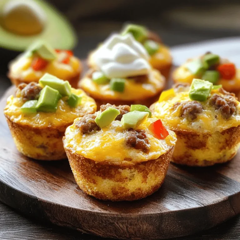 - 2 cups all-purpose flour - 1 tablespoon baking powder - 1/2 teaspoon baking soda - 1 teaspoon salt - 1/2 teaspoon ground black pepper - 1 cup shredded cheddar cheese - 1/2 cup cooked and crumbled breakfast sausage - 1/2 cup diced bell peppers (red and green) - 1/4 cup chopped green onions - 3 large eggs - 1 cup buttermilk - 1/4 cup olive oil To make savory breakfast muffins, gather all the ingredients first. This will make the process smooth. The flour, baking powder, and baking soda form the base of the muffins. Salt and black pepper add flavor. Cheddar cheese gives a rich taste. The breakfast sausage adds heartiness, while bell peppers and green onions bring freshness. Eggs bind everything together. Buttermilk makes them moist, and olive oil adds richness. - Various cheese options (e.g., feta, mozzarella) - Herbs and spices for additional flavor (e.g., parsley, garlic powder) - Different vegetables (e.g., spinach, zucchini) You can customize your muffins with optional add-ins. Use different cheeses for unique flavors. Fresh herbs and spices can enhance the taste. Adding vegetables like spinach or zucchini keeps them healthy. This way, you can create a breakfast muffin that suits your taste perfectly. For the full recipe, check out the details above. 1. Preheat the oven to 375°F (190°C) and prepare the muffin tin. Grease it or use paper liners. 2. In a large bowl, mix the dry ingredients: flour, baking powder, baking soda, salt, and black pepper. Make sure they blend well. 3. In another bowl, combine the wet ingredients: eggs, buttermilk, and olive oil. Whisk until smooth. 4. Pour the wet mix into the dry ingredients. Stir gently until just mixed; a few lumps are fine. Next, add the cheese, sausage, bell peppers, and green onions. Stir until evenly mixed. 5. Spoon the batter into the muffin tin, filling each cup about three-quarters full. This helps them rise properly. 6. Bake the muffins in the preheated oven for 18-20 minutes. They should be golden and a toothpick should come out clean. Let them cool in the pan for a few minutes before moving them to a wire rack. These savory breakfast muffins are simple and tasty. For the complete recipe, check out the Full Recipe section. - Avoid overmixing the batter for a fluffy texture. Mixing too much makes them dense. - Use room temperature ingredients for better incorporation. Cold ingredients can lead to lumps. - Experiment with different savory ingredients. Try adding spinach, mushrooms, or sun-dried tomatoes. - Consider adding spices for an extra kick. A pinch of paprika or cumin can elevate the flavor. - Present with sour cream or avocado slices for a tasty twist. Both add creaminess and flavor. - Serve warm for the best taste and texture. Warm muffins are soft and inviting. {{image_2}} You can switch up the flavors in your savory breakfast muffins. One option is Mediterranean muffins. Just add olives and feta cheese for a rich taste. The salty olives mix well with the creamy feta. This combination offers a burst of flavor in every bite. Another great choice is Southwest-style muffins. Add corn and jalapeño for a spicy kick. The corn gives a sweet crunch, while jalapeño adds heat. These muffins are perfect for those who crave bold flavors. If you need a gluten-free option, you can use alternative flours. Almond flour or oat flour works well in this recipe. Just keep the same measurements for the best results. You can still enjoy these muffins without gluten. For a vegetarian version, simply omit the sausage. You can add more veggies or extra cheese instead. Spinach or mushrooms can replace the meat nicely. This way, you can keep the muffins tasty and satisfying. For the full recipe, check out the complete section above. To keep your savory breakfast muffins fresh, store them in an airtight container at room temperature. This method keeps your muffins soft and tasty for a few days. If you want them to last longer, refrigerate them. The cold slows down spoilage and keeps the flavors intact. Just remember to let them cool completely before sealing them up. Freezing is a great way to save muffins for later. Wrap each muffin individually in plastic wrap. This makes it easy to grab one whenever you want. Place the wrapped muffins in a freezer bag. They can last up to three months in the freezer. When you're ready to eat, just take a muffin out and reheat it. You can warm it in the microwave for about 30 seconds or bake it in the oven at 350°F (175°C) for 10-15 minutes. This way, your muffins will taste fresh and delicious, just like when they were baked. Savory breakfast muffins last about three days at room temperature. Store them in an airtight container. If you refrigerate them, they can last up to a week. This keeps them moist and fresh. Yes, you can make these muffins ahead of time. Bake them the night before and store them in a sealed container. You can also freeze muffins for up to three months. Just reheat them in the oven or microwave when you’re ready to enjoy. If you don’t have buttermilk, use regular milk mixed with lemon juice or vinegar. Just add one tablespoon of lemon juice or vinegar to one cup of milk. Let it sit for about five minutes, and it will thicken slightly. You can replace eggs with applesauce or mashed banana. Use about 1/4 cup of either for each egg. This keeps the muffins moist and adds a hint of sweetness. You can also use flaxseed meal mixed with water as a binder. A non-stick muffin tin works best for these muffins. Silicone muffin tins are great too, as they help muffins pop out easily. Choose a standard size, which holds about 1/4 cup of batter per cup. This size gives you the perfect muffin. These savory breakfast muffins are easy to make and full of flavor. We covered the key ingredients and steps to prepare them, ensuring a tasty outcome. Remember, feel free to get creative with add-ins and flavors. Store leftovers properly to keep them fresh longer. Whether you're busy or just want a yummy snack, these muffins fit the bill. Try different versions to suit your taste. Enjoy baking and savor each bite!