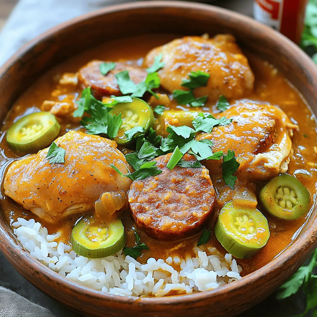 To make a tasty Cajun Chicken and Sausage Gumbo, gather these items: - 1 pound boneless, skinless chicken thighs, cut into bite-sized pieces - 1 pound smoked sausage, sliced (andouille sausage works great) - 1/2 cup vegetable oil - 1/2 cup all-purpose flour - 1 large onion, diced - 1 green bell pepper, diced - 1 stalk celery, diced - 3 garlic cloves, minced - 6 cups chicken broth - 2 tablespoons Cajun seasoning - 1 teaspoon dried thyme - 2 bay leaves - 1 cup okra, sliced (fresh or frozen) - Salt and pepper to taste - 1/4 cup fresh parsley, chopped (for garnish) - Cooked white rice (for serving) - Hot sauce (for serving) You can swap some ingredients if needed. Here are a few ideas: - Use chicken breasts instead of thighs for leaner meat. - Swap smoked sausage for kielbasa if you can't find andouille. - Olive oil can replace vegetable oil for a different taste. - Use vegetable broth instead of chicken broth for a vegetarian option. - Fresh okra can be replaced with frozen okra if that's what you have. Using fresh ingredients gives the best flavor. Fresh vegetables add crunch and brightness. However, frozen options work well too. They often save time and are just as nutritious. For example, frozen okra is convenient and still tasty. Using frozen chicken is fine, but make sure to thaw it first. Fresh herbs like parsley add a lovely touch. If you can, choose fresh for the best gumbo experience. To make the roux, start by heating the vegetable oil in a large pot. Use medium heat. Gradually whisk in the flour until smooth. Keep stirring for about 20-30 minutes. You want the roux to turn a deep caramel color. Watch it closely so it doesn't burn. This is the base of your gumbo. It adds flavor and richness. Next, prepare the "holy trinity." This mix includes onion, bell pepper, and celery. Dice one large onion, one green bell pepper, and one stalk of celery. Once your roux is ready, add these vegetables to the pot. Sauté them for about 5-7 minutes. You want them to soften but not brown. This adds a wonderful flavor to your gumbo. Now it's time to cook the chicken and sausage. Add one pound of chicken thighs and one pound of smoked sausage to the pot. Stir everything together to coat with the roux and vegetables. Sauté for about 5 minutes until the chicken starts to brown. Pour in six cups of chicken broth. Add Cajun seasoning, thyme, bay leaves, and okra. Stir well to mix. Bring the gumbo to a boil, then reduce the heat. Cover it and let it simmer for around 45 minutes, stirring occasionally. Adjust the salt and pepper to your taste. If you want a thicker gumbo, simmer it uncovered for another 10-15 minutes. Just before serving, remove the bay leaves, and ladle the gumbo over cooked white rice. Garnish with fresh parsley and serve hot sauce on the side. Enjoy this comforting dish! For the full recipe, refer to the earlier section. To get the right roux color, start with equal parts oil and flour. Heat the oil over medium heat. Whisk in the flour slowly. Stir non-stop for about 20 to 30 minutes. Keep an eye on the color. You want it to turn a deep caramel brown. This gives the gumbo its rich flavor. If it burns, you must start over. Patience is key here! For a good Cajun flavor, use a blend that has paprika, garlic, and cayenne. You can buy ready-made Cajun seasoning. Or, make your own mix at home. A simple recipe includes: - 2 tablespoons paprika - 1 tablespoon onion powder - 1 tablespoon garlic powder - 1 teaspoon cayenne pepper - 1 teaspoon dried thyme - 1 teaspoon black pepper - 1 teaspoon salt Mix these together in a bowl. Store in a jar for future use. This blend will elevate your gumbo, giving it that authentic kick! If you want a thicker gumbo, let it simmer uncovered for 10 to 15 minutes. This helps the liquid reduce. You can also add a bit more okra, as it helps thicken the dish. Another option is to mash some of the okra into the gumbo. If you want an even richer texture, add a bit more roux. Just be sure to cook it a little longer to avoid a raw flour taste. {{image_2}} You can easily add seafood to your gumbo for a new twist. Shrimp, crab, or fish work well. Just cook them in the last 10 minutes of simmering. This way, they stay tender and tasty. I love adding shrimp for its sweet flavor. Adjust the seasoning as needed to complement the seafood. Adding a few drops of lemon juice can brighten the dish too. For a vegetarian or vegan gumbo, swap the chicken and sausage for hearty veggies or plant-based proteins. You can use mushrooms, eggplant, or lentils. Replace chicken broth with vegetable broth to keep the flavor rich. Add more spices to enhance the taste. You can also add beans for protein. This version is just as hearty and filling. If you like heat, add more Cajun seasoning or hot sauce. You can also use fresh peppers like jalapeños for extra spice. Be careful not to overdo it; you want a balanced flavor. For a milder dish, reduce the seasoning. Add a touch of cream or coconut milk for richness without heat. Don't forget, you can adjust the spices to your taste! For the full recipe, check out the detailed steps above. Enjoy cooking! To store leftover gumbo, let it cool at room temperature. Once cool, transfer it to a safe container. Seal the container tightly to keep out air. You can store the gumbo in the fridge for up to three days. Make sure to label it with the date to track freshness. Freezing gumbo is a great way to keep it longer. Pour the cooled gumbo into freezer-safe bags or containers. Leave some space for expansion. Seal them well and label with the date. You can freeze gumbo for up to three months. When ready to eat, thaw it overnight in the fridge. When reheating gumbo, do it slowly for the best taste. Pour the gumbo into a pot and heat it over medium-low heat. Stir often to avoid sticking. If it seems thick, add a bit of water or broth. You can also microwave it in a safe bowl. Heat in short bursts, stirring in between. This keeps the flavor fresh and tasty. Enjoy your gumbo with some rice and hot sauce, just like in the Full Recipe! For Cajun gumbo, I recommend using andouille sausage. It has a nice smoky flavor. This sausage adds depth and spice to the dish. If you can't find andouille, look for any smoked sausage. Just choose one that has bold flavors. You can use chicken breasts in your gumbo. However, chicken thighs are better for flavor. Thighs stay juicier and tender during cooking. If you use breasts, watch the cooking time closely. You don’t want them to dry out. To thicken gumbo without a roux, you can use okra. It thickens the dish nicely and adds texture. Another option is to mash some beans or use cornstarch. Mix cornstarch with cold water first, then add it to the gumbo. Both methods work well and keep the flavor rich. If you want to dive deeper into making this dish, check out the Full Recipe. It provides all the details to create a delicious Cajun Chicken and Sausage Gumbo! To make a great gumbo, you need to pay attention to each step. We covered the best ingredients, including fresh and frozen options. The roux is crucial for flavor and texture, so follow the tips for the perfect color. Don't forget variations, like seafood or vegan options, to suit your taste. Storing and reheating gumbo properly keeps it delicious for later. Overall, with the right tricks, you can create a dish that impresses everyone. Enjoy making your gumbo and have fun experimenting!