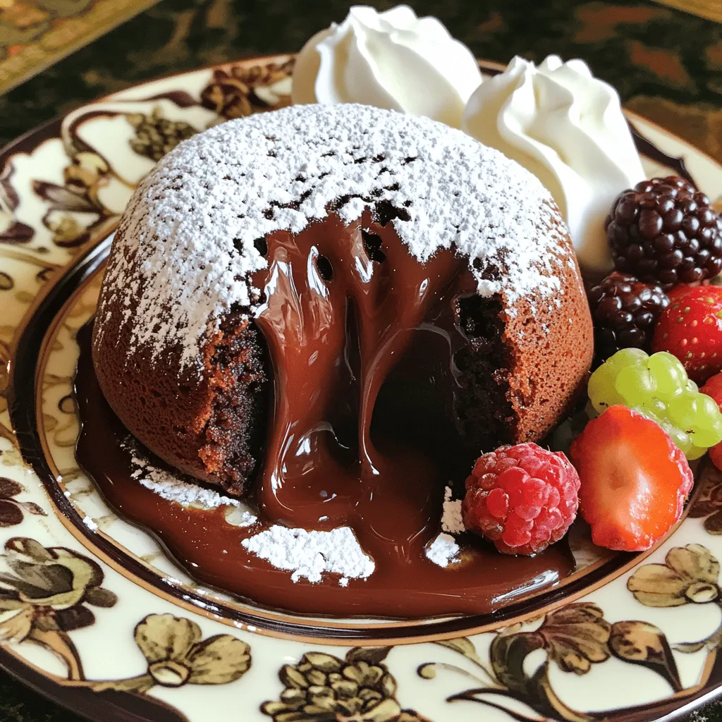 To make your chocolate lava cake, gather these key ingredients: - ½ cup unsalted butter (plus extra for greasing) - 1 cup semi-sweet chocolate chips - 2 large eggs - 2 large egg yolks - ½ cup granulated sugar - ¼ cup all-purpose flour - ¼ teaspoon salt - 1 teaspoon vanilla extract - Powdered sugar (for dusting) These ingredients work together to create a rich, gooey center that everyone loves. You can make your lava cake even better with these optional add-ins: - Fresh berries for a fruity touch - Whipped cream to add creaminess - A pinch of sea salt to enhance flavor These add-ins elevate the dessert and make it even more special. If you have dietary needs, here are some easy swaps: - Use dairy-free butter and chocolate chips for a vegan option. - Substitute gluten-free flour for a gluten-free version. - Replace granulated sugar with coconut sugar for a lower glycemic option. These substitutions let you enjoy chocolate lava cake no matter your diet. For the full recipe, check out the details above. Start by preheating your oven to 425°F (220°C). Grease four ramekins with butter. Dust them lightly with flour to stop the cakes from sticking. This step is very important for a smooth release. In a microwave-safe bowl, add the butter and chocolate chips. Heat this mix in 30-second bursts. Stir after each burst until it is smooth and melted. Let it cool for a few minutes. This keeps the chocolate from cooking the eggs when mixed. In a separate bowl, whisk together the eggs, egg yolks, and sugar. Do this for about 2-3 minutes until it looks pale and frothy. Now, pour the melted chocolate into the egg mixture. Mix until well blended. Next, gently fold in the flour, salt, and vanilla. Be careful not to overmix—just combine until you see no dry flour. Evenly fill the prepared ramekins with the batter, about ¾ full. Place them on a baking sheet for easy handling. Bake the cakes for 12-14 minutes. You want the edges firm and the center soft. Watch them closely to avoid overbaking. Once done, take them out and let them cool for 1 minute. Run a knife around the edges of the cakes. Invert each ramekin onto a plate and tap gently to release. Dust with powdered sugar for a nice touch. You can also add fresh berries and whipped cream for a delightful finish. Enjoy your delicious creation! For the complete process, refer to the Full Recipe. To get that gooey center, timing is key. Bake your cakes for about 12 to 14 minutes. The edges should be set, but the middle must remain soft. You can also check the cakes by gently shaking the ramekins. If the center jiggles, you’re good to go! Avoid overmixing your batter. This can make the cake dense instead of light. Also, do not skip greasing the ramekins. This helps the cakes come out easily. Lastly, don’t open the oven door too soon. This can cause the cakes to sink. For added flavor, consider mixing in a teaspoon of espresso powder. It deepens the chocolate taste. You can also use dark chocolate instead of semi-sweet for a richer flavor. To enhance texture, serve the cakes warm with fresh berries or a scoop of vanilla ice cream. These additions elevate your dessert and create a beautiful plate. For the full recipe, check the details above. Enjoy making this sweet treat! {{image_2}} You can switch up flavors in your chocolate lava cake. Try adding espresso for a rich coffee kick. Mix in raspberry puree for a fruity twist. You can also use orange zest for a bright citrus note. Each flavor adds its own magic to the dessert. You can bake your lava cake in unique ways. An air fryer works well and cuts down baking time. Just set it to 350°F (175°C) for about 8-10 minutes. You can also use a muffin tin for smaller portions. Just adjust the baking time to about 10-12 minutes. Both methods yield delicious results. Serving is key for this dessert. I love pairing it with a scoop of vanilla ice cream. The warm cake and cold ice cream create a delightful contrast. You can also top it with fresh berries and whipped cream for extra flair. For a fancy touch, drizzle chocolate sauce on the plate. This adds elegance and extra chocolatey goodness. For the full recipe, check out the original instructions above. To keep your leftover chocolate lava cakes fresh, let them cool first. Once cool, place them in an airtight container. Store them in the fridge for up to three days. This way, you can enjoy them later without losing flavor. When you're ready to eat your leftover cake, preheat your oven to 350°F (175°C). Place the ramekin with the cake inside for about 10-12 minutes. This warms the cake and keeps that gooey center. You can also use a microwave. Heat it for about 30 seconds. Check to ensure it is warm but not overcooked. If you want to freeze your cakes, first cool them completely. Wrap each ramekin tightly in plastic wrap. Then, place them in a freezer-safe bag or container. They will last up to three months in the freezer. To bake from frozen, add a few extra minutes to the baking time. Enjoy your chocolate lava cake anytime! For the full recipe, check out the guide above. Yes, you can prepare the batter ahead of time. Just fill your ramekins and cover them. Store them in the fridge for up to a day. Bake them right before you want to serve. This makes it easy for parties or special meals. If your cake does not ooze, it may have baked too long. The centers need to remain soft and gooey. Check your oven's temperature with an oven thermometer. Also, make sure to follow the baking time closely. That way, you can achieve the perfect melting center. Look for firm edges and a soft center. The tops should not jiggle too much. A good rule is to bake for 12 to 14 minutes. If the edges are set and the center is still a bit wobbly, they are ready to come out. You can serve it with fresh berries or a dollop of whipped cream. Ice cream is also a great choice. A drizzle of chocolate sauce adds a nice touch too. These pairings enhance the rich chocolate flavor and add fun textures. Yes, you can easily make this cake gluten-free! Just replace the all-purpose flour with a gluten-free blend. Most blends work well in baking. This way, you can enjoy the delicious flavor without the gluten. In this post, we covered everything you need for chocolate lava cake. We listed the key ingredients and optional add-ins, along with substitutions for special diets. I guided you through easy steps to prepare, bake, and serve the cakes while sharing tips to avoid mistakes. You learned delicious variations and how to store leftovers too. Now, you’re ready to impress with your lava cakes. Enjoy the rich taste and fun surprises inside each one!