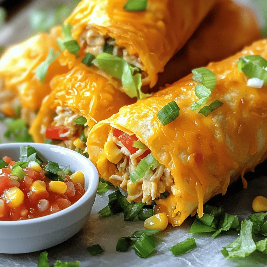 - 2 cups cooked chicken, shredded - 1 cup shredded cheddar cheese - 1/2 cup cream cheese, softened - 1/2 cup corn (canned or frozen) - 1/4 cup red bell pepper, diced - 1/4 cup green onions, chopped - 1 teaspoon garlic powder - 1 teaspoon chili powder - Salt and pepper to taste - 4 large flour tortillas To make Cheesy Chicken Wraps, you need simple and tasty items. First, gather your main ingredients. You start with cooked chicken. I prefer shredding it for better mixing. Next, add shredded cheddar cheese for that rich flavor. Cream cheese adds a creamy touch that makes it all blend well. For added flavor, corn brings a sweet crunch. I like using canned corn, but frozen works too. Diced red bell pepper adds color and sweetness. Finally, chopped green onions give a nice kick. Don't forget the seasonings! Garlic powder and chili powder enhance the taste. A sprinkle of salt and pepper ties it all together. Use large flour tortillas to wrap up this delicious mix. You can find the full recipe and details on how to assemble the wraps easily. This meal is quick, fun, and perfect for any day! - In a large mixing bowl, combine the shredded chicken, cheddar cheese, cream cheese, corn, red bell pepper, green onions, garlic powder, chili powder, salt, and pepper. - Mix everything well until the flavors blend. - Lay a flour tortilla flat on a clean surface. - Spoon a generous portion of the cheesy chicken mixture onto the center of the tortilla. - Make sure to leave space around the edges for folding. - Add a small handful of chopped lettuce on top. - Preheat a non-stick skillet over medium heat. - Once hot, place the wraps seam side down in the skillet. - Cook each wrap for 2-3 minutes until golden brown and crispy. - Flip the wraps and cook for another 2-3 minutes on the other side. Follow these steps, and you will have delicious cheesy chicken wraps ready to enjoy! Check out the Full Recipe for more details. To get the best texture in your cheesy chicken wraps, start with the right skillet temperature. Heat your non-stick skillet to medium. This way, your wraps will cook evenly and turn golden brown. To avoid soggy wraps, make sure to drain any excess liquid from your canned corn. You can also let the mixture cool slightly before filling the tortillas. This helps keep the wraps crisp. You can easily customize the flavor of your wraps. If you want a different cheese, try pepper jack or mozzarella. Both add a unique taste. For those who like heat, add spices like cayenne pepper or red pepper flakes. Just a little extra spice can make a big difference in flavor. To serve an attractive dish, cut the wraps in half and arrange them on a large plate. You can stack them or fan them out for a nice look. For dipping sauces, salsa works great, but you can also try guacamole or ranch dressing. These options add fun flavors and make the meal more exciting. For the full recipe, check out the recipe section above. {{image_2}} For a tasty vegetarian wrap, swap out chicken with beans. Black beans or chickpeas work well. Cream cheese can stay, or you can use a vegan cream cheese. This keeps the wrap creamy and rich. Adding spices like cumin can enhance the taste. Use veggies like zucchini or mushrooms to add texture and flavor. You can switch up the tortillas too. Whole wheat tortillas add fiber and a nutty flavor. If you're watching carbs, try lettuce wraps. They are light and crunchy. Just use large leaves of romaine or iceberg lettuce. They hold the filling well and add a fresh crunch. Get creative with your wraps! You can add avocado for creaminess or jalapeños for heat. Try different cheeses like pepper jack or mozzarella for unique flavors. Adding spinach or kale can boost nutrition without changing the taste much. Mix and match to find your favorite flavor combo! For the full recipe, check out the detailed instructions above. To store leftover cheesy chicken wraps, let them cool first. Place them in an airtight container. This keeps them fresh. They last in the fridge for up to three days. If you want to keep them longer, consider freezing. To freeze the wraps, wrap each one in plastic wrap. Then, put them in a freezer bag. This prevents freezer burn. When you’re ready to eat, take them out and let them thaw in the fridge overnight. To reheat, place them in a preheated skillet for a few minutes. This helps keep the wraps crispy. You can use leftover filling in many ways. Try adding it to salads or baked potatoes. You can also mix it into scrambled eggs for a tasty breakfast. If you want to avoid waste, make a dip with the remaining filling. Just add some sour cream or yogurt, and you have a great snack! Yes, you can! Cheese choices add fun and flavor. Here are some great options: - Monterrey Jack: It melts well and has a mild taste. - Pepper Jack: This adds a spicy kick with peppers and spices. - Mozzarella: It provides a stretchy, creamy texture. - Gouda: It gives a rich and smoky flavor. Feel free to mix cheeses too. This can create a unique taste. Experiment and find your favorite combo! To reheat your wraps, avoid drying them out. Here are some smart methods: - Oven: Preheat to 350°F (175°C). Wrap in foil and heat for about 10-15 minutes. - Skillet: Warm over low heat. Flip after a few minutes until hot. - Microwave: Place on a plate and cover with a damp paper towel. Heat for 30 seconds, check, and repeat if needed. These methods help keep the wraps soft and tasty! Want more heat? Here are some easy tips to spice things up: - Add diced jalapeños to the filling for a fresh kick. - Mix in hot sauce or sriracha into the cheese blend. - Use spicy cheese like pepper jack for extra flavor. - Sprinkle crushed red pepper flakes inside before rolling. These changes will give your wraps a fun, spicy twist! Cheesy chicken wraps are simple to make and packed with flavor. We explored key ingredients, step-by-step instructions, and useful tips. You learned how to customize your wraps and store leftovers properly. These wraps can fit any taste, from classic to spicy. Enjoy making them your own. I hope these ideas inspire you to create delicious meals that your family will love. Now, grab your ingredients and get cooking!