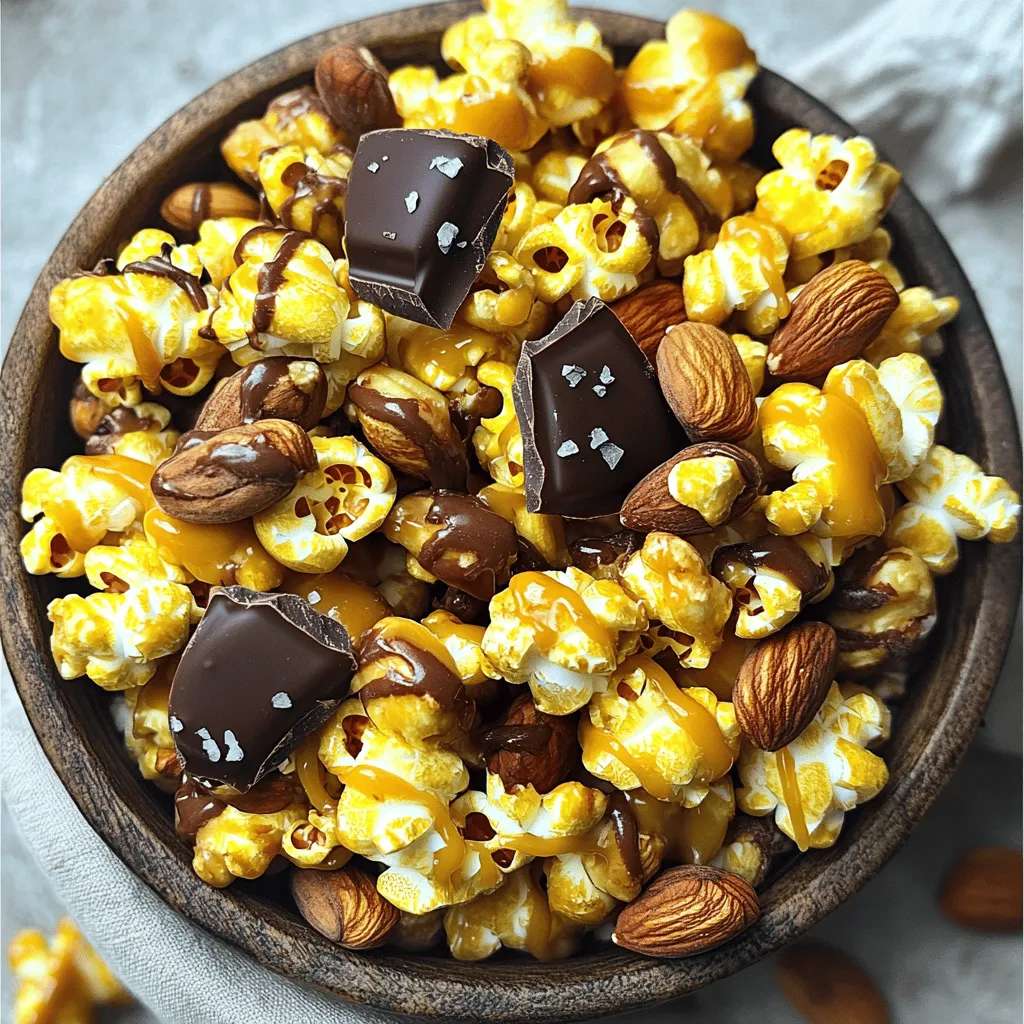 - 10 cups popped popcorn - 1 cup unsalted butter - 2 cups packed brown sugar - 1/2 cup light corn syrup - 1 teaspoon vanilla extract - 1/2 teaspoon baking soda - 1/2 teaspoon sea salt - 1 cup mixed nuts (cashews, almonds, pecans) - 1 cup chocolate chips (milk or dark) To make Moose Munch Caramel Popcorn, you need simple yet key ingredients. Popped popcorn is the base. The butter adds richness, while brown sugar gives it that sweet flavor. Light corn syrup makes the caramel smooth. Vanilla extract adds warmth and depth. Baking soda helps the caramel puff up, creating a light texture. Sea salt balances the sweetness. Mixed nuts add crunch and flavor, and chocolate chips finish it off with a sweet touch. Using high-quality ingredients will enhance your final treat. For the best taste, I recommend using fresh nuts and good chocolate. You can find the Full Recipe online to guide you through the steps. 1. Preheat your oven to 250°F (120°C) and prepare a baking sheet with parchment paper. 2. Pop the popcorn according to the package instructions. Place it in a large bowl and remove any unpopped kernels. 3. In a medium saucepan over medium heat, melt the unsalted butter. Stir in the packed brown sugar and light corn syrup. Bring this mixture to a boil while stirring constantly. Let it boil for about 4-5 minutes without stirring. 4. Remove the saucepan from heat. Carefully stir in the vanilla extract, baking soda, and sea salt. The mixture will bubble up, which is normal. 5. Immediately pour the caramel sauce over the popped popcorn. Use a spatula or wooden spoon to mix thoroughly. Make sure all the popcorn gets coated. 6. Gently fold in the mixed nuts for added crunch. Spread the caramel popcorn mixture evenly on the prepared baking sheet. 7. Bake in the preheated oven for about 1 hour. Stir every 15 minutes to ensure even coating and prevent burning. 8. Once done, remove the popcorn from the oven and let it cool completely. 9. While it cools, melt the chocolate chips in a microwave-safe bowl. Heat in 30-second intervals, stirring in between until smooth. 10. Drizzle the melted chocolate over the cooled popcorn mixture. Let it set for about 30 minutes before breaking it into clusters. For the full recipe, check the ingredients and detailed steps provided above. Enjoy your Moose Munch Caramel Popcorn! How to pop popcorn perfectly To pop popcorn well, use fresh kernels. Heat them in a pot with a lid. Add a bit of oil to help them pop. When you hear pops slow down, remove it from heat. Ensuring even caramel coating Pour the caramel over the popcorn while it is hot. Mix with a spatula quickly. This helps cover each piece evenly. Stir gently to avoid breaking the popcorn. Tips for using various nut combinations Mix and match nuts for fun flavors. Try cashews, almonds, or pecans. You can even use walnuts or peanuts. Just ensure they are roasted for the best taste. Adding different flavors to caramel You can spice up the caramel. Try adding a pinch of cinnamon or nutmeg. For a kick, mix in some cayenne pepper. This makes your treat unique and tasty. Substituting nuts or adding dried fruits If you want a twist, swap nuts for seeds. Pumpkin seeds or sunflower seeds work well. You can also add dried fruits like cranberries or raisins for a sweet touch. Using flavored chocolate for drizzling Instead of regular chocolate, use flavored ones. White chocolate or dark chocolate makes it special. Melt your choice and drizzle it over the popcorn for a gourmet feel. Check out the Full Recipe for more details! {{image_2}} You can have fun with this recipe by making seasonal versions. For Halloween, mix in candy corn for a spooky twist. The bright colors and sweet taste make it perfect for parties. Just sprinkle the candy on top before the caramel sets. During Christmas, try adding festive sprinkles. Use red and green sprinkles to bring holiday cheer. This adds a pop of color and makes the snack look special. You can also add mini marshmallows for a fun touch. If you need gluten-free options, use gluten-free popcorn. Most plain popcorn is naturally gluten-free. Check labels when buying pre-popped popcorn or flavorings. For those who follow a vegan diet, replace butter with dairy-free margarine. Use dairy-free chocolate chips for the drizzle. This way, everyone can enjoy Moose Munch Caramel Popcorn. You can feel good sharing this treat with friends and family. Don't forget to check out the Full Recipe for more delicious ideas! To keep Moose Munch Caramel Popcorn fresh, store it in airtight containers. This helps prevent moisture and keeps the popcorn crunchy. You can also use resealable plastic bags. For the best taste, keep it at room temperature. Avoid placing it in the fridge, as this can make it chewy. Moose Munch Caramel Popcorn stays fresh for about one to two weeks. After that, it may lose its crunch. Signs of spoilage include a stale taste or a soft texture. If you notice these, it’s best to toss it out. Always check the popcorn before serving it to friends and family. What is Moose Munch Caramel Popcorn? Moose Munch Caramel Popcorn is a sweet, crunchy snack. It combines popcorn, caramel, nuts, and chocolate. This treat is both fun and satisfying. You can enjoy it at parties or movie nights. Can I make it ahead of time? Yes, you can make it ahead of time. Just store it in an airtight container. It will stay fresh for about two weeks. This makes it great for gifts or events. Is there a way to make this recipe healthier? You can use less butter and sugar for a lighter version. Try using air-popped popcorn instead of oil-popped. Nuts are a healthy addition, so keep them in! What if my caramel doesn't harden? If the caramel stays soft, it may need more cooking time. Make sure to boil it for about 4-5 minutes. You can also try adding a bit more baking soda to help it set. How do I fix burnt popcorn? If your popcorn burns, start fresh with new kernels. Avoid using burnt pieces in your mix. For the best results, watch the popcorn closely while popping. This blog post covered all you need to make Moose Munch Caramel Popcorn. You learned about the simple ingredients and step-by-step prep. We shared tips to enhance flavor and ideas for seasonal versions. Plus, we discussed how to store your tasty treat properly. Now, you can enjoy this sweet snack any time. Experiment with flavors and share it with friends. This recipe brings joy to any occasion. Enjoy your popcorn adventure!
