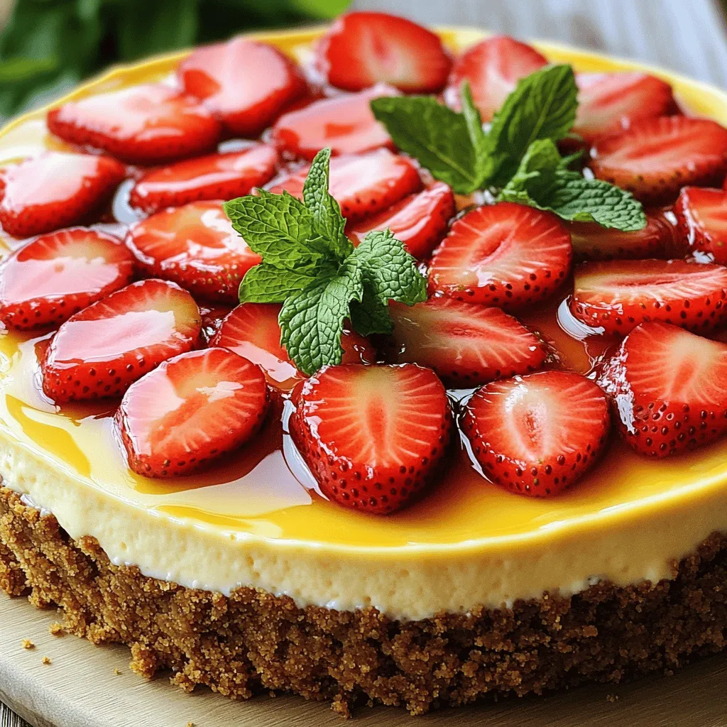 - 1 ½ cups graham cracker crumbs - ½ cup unsalted butter, melted - 2 tablespoons sugar - 16 oz cream cheese, softened - 1 cup powdered sugar - 2 teaspoons vanilla extract - 3 large eggs - 1 cup sour cream - 1 tablespoon lemon juice - 2 cups fresh strawberries, hulled and sliced - 1 tablespoon sugar - 1 tablespoon lemon juice To create the perfect strawberry cheesecake, start with the crust. You need graham cracker crumbs, unsalted butter, and sugar. Mix them well, then press the mixture into a springform pan. This blend gives your cheesecake a sweet, crunchy base. For the filling, you will need cream cheese, powdered sugar, vanilla extract, eggs, sour cream, and lemon juice. Make sure your cream cheese is soft. This helps mix it easily. Beat the cream cheese before adding the sugar and other ingredients. This step is key for a creamy texture. For the topping, fresh strawberries are a must. You’ll slice them and mix them with sugar and lemon juice. This brings out their natural sweetness. Let them sit for a bit to create a lovely syrup. Using these ingredients from the Full Recipe will help you make a delicious strawberry cheesecake. - Preheat the oven to 325°F (160°C). - In a bowl, combine 1 ½ cups graham cracker crumbs, ½ cup melted unsalted butter, and 2 tablespoons sugar. Mix until the crumbs look like wet sand. - Press this mixture into the bottom of a 9-inch springform pan. Bake for 10 minutes, then remove and let it cool. - In a large bowl, beat 16 oz of softened cream cheese with an electric mixer. Keep mixing until it is smooth. - Gradually add 1 cup of powdered sugar, mixing until blended. - Now, slowly mix in 2 teaspoons vanilla extract, 3 large eggs (one at a time), 1 cup of sour cream, and 1 tablespoon lemon juice. Beat on low. Don’t overmix! - Pour the filling over the cooled crust. Smooth the top with a spatula. - Bake the cheesecake for 55 to 60 minutes. The edges should be set, but the center may jiggle a bit. - After baking, turn off the oven. Leave the cheesecake inside with the door slightly open for 1 hour to cool down slowly. - After that, let it cool to room temperature. Refrigerate for at least 4 hours or overnight before enjoying it. For the full recipe, check the main article. - Use room temperature ingredients for a smoother blend. - Avoid overmixing to prevent cracks. When making cheesecake, texture is key. If you want a smooth result, make sure your cream cheese is at room temperature. Cold cream cheese won’t blend well and can lead to lumps. I always take it out of the fridge an hour before I start. Mix it slowly, and don’t rush. Overmixing adds air, which can cause cracks when baking. Keep your mixer on low and blend just until combined. - Garnish with mint leaves and strawberry syrup. - Serve slices on individual plates for presentation. Presentation makes a big difference. I love to add fresh mint leaves on top for a pop of color. Drizzle some strawberry syrup around each slice for a nice touch. This simple step makes your cheesecake look more inviting. When serving, place each slice on individual plates. It adds a personal touch and makes it feel special. - Not letting the cheesecake cool gradually. - Skipping the refrigeration step. Cooling is crucial. After baking, let your cheesecake cool in the oven with the door slightly open. This helps prevent cracks. If you rush it, your cheesecake might crack. Also, refrigeration is a must. It helps set the flavors and gives the cheesecake its perfect texture. If you skip this step, you’ll end up with a cheesecake that isn’t as rich or creamy. For the full recipe, check out Strawberry Bliss Cheesecake . {{image_2}} You can make a quick no-bake version. This makes it easy and fast. Here’s how: - Ingredients: - 1 ½ cups graham cracker crumbs - ½ cup unsalted butter, melted - 2 cups cream cheese, softened - 1 cup powdered sugar - 1 cup whipped cream - 2 cups fresh strawberries, hulled and sliced - Instructions: 1. Mix graham cracker crumbs and melted butter in a bowl. 2. Press the mix into a springform pan. 3. In another bowl, beat cream cheese and powdered sugar until smooth. 4. Fold in the whipped cream gently. 5. Spread the mixture over the crust. 6. Top with fresh strawberries. 7. Chill for at least 4 hours before serving. You can also try crusts made of Oreos or nuts for a twist. If you want a vegan option, it's easy to swap out some ingredients. - Substitutions: - Use cashew cream or silken tofu instead of cream cheese. - Replace sour cream with coconut milk. - Make sure to blend the cashew cream or tofu until smooth. This will give you a creamy filling that everyone can enjoy. For those who need gluten-free, you can still enjoy this delight. - Crust: - Use gluten-free graham crackers for the crust. - You can also use almond flour mixed with butter as a base. - Tips: - Always check labels to ensure all ingredients are gluten-free. - Be careful with toppings and any mix-ins. These variations let you enjoy strawberry cheesecake in many ways. Try them and find your favorite! For the full recipe, check out the earlier sections. After enjoying your cheesecake, store leftovers in the refrigerator. Use an airtight container to keep it fresh. This method helps maintain the taste and texture. For the best flavor, eat your cheesecake within 3-4 days. You can freeze strawberry cheesecake for later enjoyment. To do this, wrap the cheesecake tightly in plastic wrap. Then, place it in a freezer-safe container. It can last up to three months in the freezer. When you're ready to eat it, thaw it in the fridge overnight. This method keeps the cheesecake creamy and tasty. Watch for changes to know if your cheesecake is still good. If the texture becomes grainy or if it smells off, it’s best to toss it. Cheesecake can last up to a week in the fridge. Always trust your senses when checking for spoilage. To check if your cheesecake is done, look for a slight jiggle in the center. The edges should be set, but the middle will still be soft. Turn off the oven and leave it inside for an hour. This helps it finish cooking slowly. Cooling it gradually prevents cracks. Yes, you can use frozen strawberries! They work well, but they may lose some firmness. Fresh strawberries taste brighter and look nicer. If you use frozen ones, let them thaw first. Then, drain excess liquid before adding them to your cheesecake. If you can't use cream cheese, here are some good options: - Greek yogurt for a creamy texture - Silken tofu for a vegan choice - Ricotta cheese for a lighter flavor These substitutes change the taste and texture a bit, but they still work great. Absolutely! You can prepare it a day or two in advance. Once it cools, cover it and refrigerate. Just make sure to add the strawberry topping right before serving. This keeps the strawberries fresh and flavorful. To cut your cheesecake neatly, use a sharp knife. Dip the knife in hot water and wipe it dry. Cut through the cheesecake, and repeat for each slice. This helps create clean edges. You can also use a piece of dental floss for a fun twist! This cheesecake recipe combines simple ingredients for a delightful treat. We covered how to make the crust, filling, and toppings, along with essential tips to avoid common mistakes. Remember, letting the cheesecake cool gradually is key. Whether making a classic or trying a no-bake version, you can enjoy your delicious creation! Store leftovers properly, and always check for spoilage. I hope you feel inspired to bake and share this tasty dessert with others!