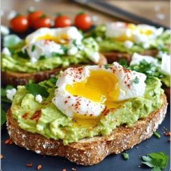 To make savory avocado toast with a poached egg, gather these items: - 2 slices of whole grain bread - 1 ripe avocado - 2 large eggs - 1 tablespoon lemon juice - Salt and black pepper to taste - 1/4 teaspoon red pepper flakes (optional) - Fresh herbs (like cilantro or chives) for garnish - Olive oil for drizzling - Optional toppings: cherry tomatoes, feta cheese, or radish slices Each serving of this dish provides a balanced mix of nutrients. Here’s what you can expect: - Calories: About 300 - Protein: 12 grams - Carbohydrates: 30 grams - Fats: 18 grams - Fiber: 8 grams This meal gives you energy and keeps you full for hours. Avocado is a true superfood. It offers many health benefits: - Rich in healthy fats: Avocados contain monounsaturated fats. These fats support heart health. - Packed with nutrients: They are full of vitamins E, K, and C, plus several B vitamins. - High in fiber: Fiber helps with digestion and keeps you feeling satisfied. - Antioxidant properties: Avocados can help fight free radicals in the body. By adding avocado to your toast, you not only enjoy creamy flavor but also boost your health. For the full recipe, check out the details above! To start, gather your ingredients. You will need whole grain bread, a ripe avocado, and eggs. Toast the bread until it is golden and crisp. Set your toast aside while you prepare the eggs. Next, take your ripe avocado. Cut it in half and remove the pit. Scoop the flesh into a bowl. Use a fork to mash the avocado until it is smooth, but still a little chunky. Add lemon juice, salt, and black pepper to taste. Mix well. Spread the mashed avocado evenly over each slice of toast. This creamy layer is the base for your poached egg. Fill a medium saucepan with water. Add a splash of vinegar; this helps the egg keep its shape. Heat the water over medium heat until it simmers gently. Crack an egg into a small bowl, then slide it into the simmering water. Repeat with the second egg. Poach them for about 3 to 4 minutes. This gives you a nice, runny yolk. If you like a firmer yolk, leave them a bit longer. Once cooked, use a slotted spoon to lift the eggs out. Place them on a plate lined with paper towels. This step removes any extra water. For the best avocado toast, use ripe avocados. They should feel soft but not mushy. The lemon juice adds brightness and helps keep the avocado green. When poaching eggs, make sure the water is not boiling. A gentle simmer is key. If you want extra flavor, sprinkle red pepper flakes on top. Feel free to add fresh herbs like cilantro or chives for a pop of color and taste. You can also drizzle a bit of olive oil for richness. For more ideas, check the Full Recipe. Enjoy your delicious avocado toast with poached egg! When making avocado toast, avoid using unripe avocados. They can be hard and bitter. Make sure to toast your bread just right; too light, and it will be soggy. Also, don’t skip the lemon juice. It adds flavor and keeps the avocado from browning. Finally, poaching eggs can be tricky. Make sure the water is just simmering, not boiling. To take your avocado toast up a notch, consider adding a dash of smoked paprika. This spice gives a warm, rich flavor. You can also try a sprinkle of nutritional yeast for a cheesy taste without the dairy. Another secret is using infused olive oil. Garlic or herb-infused oil adds depth to the dish. Fresh herbs, like cilantro or chives, give a bright finish. The bread you choose makes a big difference. Whole grain bread is a great choice for a nutty flavor and fiber. Sourdough adds a tangy taste that pairs well with avocado. If you like a bit of sweetness, try using multigrain bread. Rye bread also works nicely for a hearty bite. For a gluten-free option, look for good-quality gluten-free bread. Each type adds its unique twist to your dish. For the full recipe, check out the complete guide to making delicious avocado toast with a poached egg! {{image_2}} Avocado toast is fun because you can change it up! Here are some tasty ideas: - Cherry tomatoes: Slice them in half for a fresh burst of flavor. - Feta cheese: Crumble some on top for a tangy kick. - Radish slices: Add thin slices for a nice crunch. - Smoked salmon: This adds richness and a savory touch. - Sliced cucumber: This gives a refreshing crunch. Feel free to mix and match! You can even create a theme, like a Mediterranean twist with feta and olives. Seasoning can elevate your avocado toast. Here are some ideas to try: - Garlic powder: A sprinkle adds a warm, savory taste. - Smoked paprika: This gives a nice depth and a bit of spice. - Everything bagel seasoning: This mix adds layers of flavor and texture. - Cumin: A touch can bring a warm, earthy vibe. Try different amounts to find your favorite balance. Just remember, a little goes a long way. If you want to switch up how you cook your eggs, here are some tasty methods: - Scrambled: Creamy scrambled eggs are easy and quick to make. - Fried: A sunny-side-up egg adds a lovely look and flavor. - Baked: You can bake eggs in a dish with veggies for a fun twist. - Hard-boiled: Slice a hard-boiled egg to put on top for a protein boost. Each method has its charm. You can choose based on your mood or what you have on hand. For the full recipe of avocado toast with poached egg, check the recipe above! To keep leftover avocado fresh, place it in an airtight container. Squeeze some lemon juice on top. This helps slow browning. Store it in the fridge. Use it within one or two days for best flavor. Toast can get soggy if stored too long. If you have leftover toast, let it cool completely. Place it in a paper towel to absorb moisture. Then, store it in a bread bag or container. Toast it again before serving for that crispy bite. You can freeze some ingredients for later use. For avocado, mash it and place it in a freezer bag. Remove as much air as possible. You can freeze poached eggs too. Just place them on a tray, freeze, and then store in a bag. Use within a month for best taste. To pick the right avocado, look for one that feels slightly soft when you press it. If it’s too firm, it’s not ripe yet. If it feels mushy, it may be overripe. A dark green color is usually a good sign. You can also check the stem. If it comes off easily and is green underneath, the avocado is ripe and ready to eat. You can prepare some parts ahead of time. Toast the bread and store it in an airtight container. Mash the avocado just before serving to keep it fresh. If you want to make it ahead, add lemon juice to the mashed avocado. This keeps it from turning brown. The poached eggs are best made fresh for the best texture. Avocado toast pairs well with many drinks. A fresh-squeezed orange juice brings a bright taste. Coffee is a classic choice, too. For a refreshing twist, try iced green tea or sparkling water with lemon. If you want something unique, a light smoothie with spinach or kale complements the toast nicely. For the full recipe, check the details above. In this post, I covered how to make the perfect avocado toast. We looked at the right ingredients, health benefits, and cooking steps. I shared tips to avoid common mistakes and suggested tasty variations to try. Remember, choosing ripe avocados is key for great flavor. You can store leftover ingredients well, so nothing goes to waste. Enjoy experimenting with different toppings and drinks to find your favorite combo. Avocado toast can be simple, healthy, and very delicious. Happy cooking!