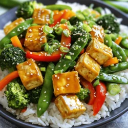 - 1 block (14 oz) firm tofu, drained and cubed - 2 tablespoons soy sauce - 1 tablespoon sesame oil - 2 tablespoons vegetable oil - 1 red bell pepper, sliced - 1 cup broccoli florets - 1 cup snow peas - 1 carrot, julienned - 2 cloves garlic, minced - 1 teaspoon ginger, minced - 2 green onions, chopped - Sesame seeds for garnish - Alternative vegetables (e.g., bell pepper, zucchini, or spinach) - Suggested spices to elevate flavor (e.g., chili flakes or five-spice powder) This meal is simple and tasty. You can switch up the veggies based on what you like. Feel free to add bell peppers, zucchini, or even spinach. Want a kick? Try adding chili flakes or five-spice powder for more flavor. These ingredients make cooking fun and easy. I love using fresh veggies. They add color and nutrition. Tofu gives protein and helps fill you up. You can find the full recipe for more details on how to make this dish shine. 1. First, press the tofu. This step helps it get the right texture. Wrap the tofu in a kitchen towel. Place a heavy object on top for 15 minutes. This will remove extra water. 2. After pressing, cut the tofu into bite-sized cubes. This size helps it cook evenly. 3. Next, mix the soy sauce and sesame oil in a small bowl. This mixture will add great flavor to our stir-fry. 1. Heat vegetable oil in a large skillet or wok over medium-high heat. 2. Add the cubed tofu to the hot pan. Stir-fry it until it gets a golden brown color. This should take about 5 to 7 minutes. Once done, remove the tofu and set it aside. 3. In the same skillet, add minced garlic and ginger. Sauté them for about 30 seconds until they smell good. This adds a nice aroma to the dish. 1. Now, add the sliced bell pepper, broccoli florets, snow peas, and julienned carrot to the skillet. Stir-fry them for about 3 to 4 minutes. You want them to be tender-crisp, not mushy. 2. Return the golden tofu to the skillet. Pour the soy sauce mixture over everything. Toss all the ingredients together. This ensures that the tofu and veggies are well-coated. 3. Stir-fry everything together for another 2 minutes to heat it through. For the full recipe, check the detailed instructions above. Enjoy your healthy dinner! Tofu can be tricky, but with a few tips, you can master it. First, always press your tofu. This helps it soak up flavors. Wrap the tofu in a clean towel. Place a heavy object on top for about 15 minutes. This step is key for better taste. For crispy tofu, use a hot pan. Heat vegetable oil until it shimmers. Add your cubed tofu. Let it cook without stirring for a few minutes. This way, it gets a nice golden color. Flip it to crisp all sides. Different veggies need different cooking times. Broccoli and bell peppers cook quickly. They stay firm and colorful. Cook them for about 3-4 minutes. Snow peas also cook fast, so add them last. Carrots take a bit longer, so add them first. When cooking, add veggies in order of cooking time. Start with carrots, then add the others. This way, everything cooks evenly. Stir them often but gently to keep their shape. Serve your stir-fry with jasmine rice or quinoa. This makes a balanced meal. For a pretty plate, sprinkle sesame seeds on top. Add chopped green onions for a fresh look. These small touches make your meal more inviting. For a fun twist, you can also serve it in a bowl. This adds height and color. Remember, a beautiful plate makes the meal taste even better. For the full recipe, check the details above. {{image_2}} When making your stir-fry, the type of tofu matters. You can choose from three main types: - Firm tofu: This is great for stir-frying. It holds its shape well. - Extra-firm tofu: This has less water and is even denser. It gives a great texture. - Silken tofu: This is softer and blends well in sauces but may not hold up in stir-fry. You can also try flavored or marinated tofu. This adds extra taste without much work. Look for options in stores or marinate your tofu at home. Want to change up the flavors? A Thai-inspired stir-fry can be fun! Use different sauces like: - Peanut sauce: It gives a creamy texture and nutty flavor. - Coconut curry sauce: This adds warmth and sweetness. For a spicy kick, try adding sriracha or chili paste. A little goes a long way. Adjust it to your taste. If you need gluten-free options, swap out soy sauce for coconut aminos. This gives a similar taste without the gluten. For more vegan-friendly options, consider adding tempeh. It’s packed with protein and works well with the stir-fry. You can mix it with the tofu or use it alone. These variations make the dish fun and allow you to explore new flavors. To keep your leftover stir-fry fresh, let it cool first. Then, store it in an airtight container. I recommend using glass containers. They don’t stain, and they help keep the food fresh. You can store the stir-fry in the fridge for up to three days. If you want to freeze your stir-fry, cool it completely before packing. Use freezer-safe bags or containers. Squeeze out as much air as you can to prevent freezer burn. Your stir-fry can stay fresh in the freezer for up to three months. When you're ready to eat, thaw it overnight in the fridge. Reheat it in a pan or microwave. This helps keep the flavor and texture nice. Tofu should be pressed for at least 15 minutes. This helps remove excess water. For extra-firm tofu, you can press it for up to 30 minutes. Silken tofu does not need pressing. Pressing helps the tofu absorb flavors better. Yes, you can use frozen vegetables. They are convenient and often pre-washed. However, frozen veggies can lose some crunch. They may also release more water when cooked. If you want tender-crisp veggies, fresh is best. You can serve the stir-fry with brown rice or quinoa. These add fiber and nutrients. For extra protein, try adding shrimp or chicken. A side salad can also complement the dish well. To reheat stir-fry, use a skillet over medium heat. Add a splash of water or oil to keep it moist. Stir-fry for about 5 minutes until heated through. You can also use a microwave, but it may make it soggy. Yes, this stir-fry can be gluten-free. Just use gluten-free soy sauce or coconut aminos. Make sure all other ingredients are also gluten-free. This way, you can enjoy a safe meal. You can find the full recipe for "Quick Veggie Stir-Fry with Tofu" [here](#). It has all the details you need to make this delicious dish! This blog post provides an easy guide to making a tasty veggie stir-fry with tofu. You learned about the key ingredients, step-by-step cooking steps, and tips for perfect texture. Personalization options let you create your unique dish. Remember, use fresh veggies and adjust flavors to your liking. Store any leftovers properly to maintain freshness. Enjoy this healthy, delicious meal that fits your preferences. Happy cooking!