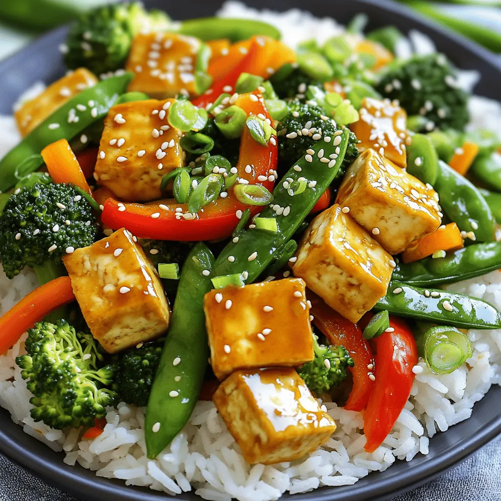- 1 block (14 oz) firm tofu, drained and cubed - 2 tablespoons soy sauce - 1 tablespoon sesame oil - 2 tablespoons vegetable oil - 1 red bell pepper, sliced - 1 cup broccoli florets - 1 cup snow peas - 1 carrot, julienned - 2 cloves garlic, minced - 1 teaspoon ginger, minced - 2 green onions, chopped - Sesame seeds for garnish - Alternative vegetables (e.g., bell pepper, zucchini, or spinach) - Suggested spices to elevate flavor (e.g., chili flakes or five-spice powder) This meal is simple and tasty. You can switch up the veggies based on what you like. Feel free to add bell peppers, zucchini, or even spinach. Want a kick? Try adding chili flakes or five-spice powder for more flavor. These ingredients make cooking fun and easy. I love using fresh veggies. They add color and nutrition. Tofu gives protein and helps fill you up. You can find the full recipe for more details on how to make this dish shine. 1. First, press the tofu. This step helps it get the right texture. Wrap the tofu in a kitchen towel. Place a heavy object on top for 15 minutes. This will remove extra water. 2. After pressing, cut the tofu into bite-sized cubes. This size helps it cook evenly. 3. Next, mix the soy sauce and sesame oil in a small bowl. This mixture will add great flavor to our stir-fry. 1. Heat vegetable oil in a large skillet or wok over medium-high heat. 2. Add the cubed tofu to the hot pan. Stir-fry it until it gets a golden brown color. This should take about 5 to 7 minutes. Once done, remove the tofu and set it aside. 3. In the same skillet, add minced garlic and ginger. Sauté them for about 30 seconds until they smell good. This adds a nice aroma to the dish. 1. Now, add the sliced bell pepper, broccoli florets, snow peas, and julienned carrot to the skillet. Stir-fry them for about 3 to 4 minutes. You want them to be tender-crisp, not mushy. 2. Return the golden tofu to the skillet. Pour the soy sauce mixture over everything. Toss all the ingredients together. This ensures that the tofu and veggies are well-coated. 3. Stir-fry everything together for another 2 minutes to heat it through. For the full recipe, check the detailed instructions above. Enjoy your healthy dinner! Tofu can be tricky, but with a few tips, you can master it. First, always press your tofu. This helps it soak up flavors. Wrap the tofu in a clean towel. Place a heavy object on top for about 15 minutes. This step is key for better taste. For crispy tofu, use a hot pan. Heat vegetable oil until it shimmers. Add your cubed tofu. Let it cook without stirring for a few minutes. This way, it gets a nice golden color. Flip it to crisp all sides. Different veggies need different cooking times. Broccoli and bell peppers cook quickly. They stay firm and colorful. Cook them for about 3-4 minutes. Snow peas also cook fast, so add them last. Carrots take a bit longer, so add them first. When cooking, add veggies in order of cooking time. Start with carrots, then add the others. This way, everything cooks evenly. Stir them often but gently to keep their shape. Serve your stir-fry with jasmine rice or quinoa. This makes a balanced meal. For a pretty plate, sprinkle sesame seeds on top. Add chopped green onions for a fresh look. These small touches make your meal more inviting. For a fun twist, you can also serve it in a bowl. This adds height and color. Remember, a beautiful plate makes the meal taste even better. For the full recipe, check the details above. {{image_2}} When making your stir-fry, the type of tofu matters. You can choose from three main types: - Firm tofu: This is great for stir-frying. It holds its shape well. - Extra-firm tofu: This has less water and is even denser. It gives a great texture. - Silken tofu: This is softer and blends well in sauces but may not hold up in stir-fry. You can also try flavored or marinated tofu. This adds extra taste without much work. Look for options in stores or marinate your tofu at home. Want to change up the flavors? A Thai-inspired stir-fry can be fun! Use different sauces like: - Peanut sauce: It gives a creamy texture and nutty flavor. - Coconut curry sauce: This adds warmth and sweetness. For a spicy kick, try adding sriracha or chili paste. A little goes a long way. Adjust it to your taste. If you need gluten-free options, swap out soy sauce for coconut aminos. This gives a similar taste without the gluten. For more vegan-friendly options, consider adding tempeh. It’s packed with protein and works well with the stir-fry. You can mix it with the tofu or use it alone. These variations make the dish fun and allow you to explore new flavors. To keep your leftover stir-fry fresh, let it cool first. Then, store it in an airtight container. I recommend using glass containers. They don’t stain, and they help keep the food fresh. You can store the stir-fry in the fridge for up to three days. If you want to freeze your stir-fry, cool it completely before packing. Use freezer-safe bags or containers. Squeeze out as much air as you can to prevent freezer burn. Your stir-fry can stay fresh in the freezer for up to three months. When you're ready to eat, thaw it overnight in the fridge. Reheat it in a pan or microwave. This helps keep the flavor and texture nice. Tofu should be pressed for at least 15 minutes. This helps remove excess water. For extra-firm tofu, you can press it for up to 30 minutes. Silken tofu does not need pressing. Pressing helps the tofu absorb flavors better. Yes, you can use frozen vegetables. They are convenient and often pre-washed. However, frozen veggies can lose some crunch. They may also release more water when cooked. If you want tender-crisp veggies, fresh is best. You can serve the stir-fry with brown rice or quinoa. These add fiber and nutrients. For extra protein, try adding shrimp or chicken. A side salad can also complement the dish well. To reheat stir-fry, use a skillet over medium heat. Add a splash of water or oil to keep it moist. Stir-fry for about 5 minutes until heated through. You can also use a microwave, but it may make it soggy. Yes, this stir-fry can be gluten-free. Just use gluten-free soy sauce or coconut aminos. Make sure all other ingredients are also gluten-free. This way, you can enjoy a safe meal. You can find the full recipe for "Quick Veggie Stir-Fry with Tofu" [here](#). It has all the details you need to make this delicious dish! This blog post provides an easy guide to making a tasty veggie stir-fry with tofu. You learned about the key ingredients, step-by-step cooking steps, and tips for perfect texture. Personalization options let you create your unique dish. Remember, use fresh veggies and adjust flavors to your liking. Store any leftovers properly to maintain freshness. Enjoy this healthy, delicious meal that fits your preferences. Happy cooking!