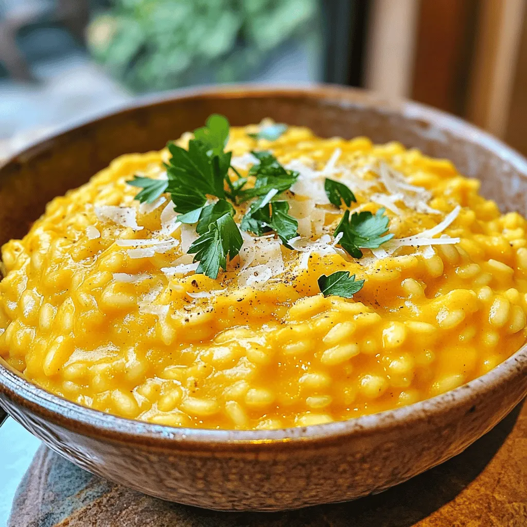 To make creamy pumpkin risotto, you need these ingredients: - 1 cup Arborio rice - 2 cups pumpkin puree (fresh or canned) - 4 cups vegetable broth - 1 small onion, finely chopped - 2 garlic cloves, minced - 1/2 cup grated Parmesan cheese - 1/2 cup heavy cream - 2 tablespoons olive oil - 1 teaspoon dried sage - 1/4 teaspoon nutmeg - Salt and pepper to taste - Fresh parsley for garnish If you don’t have Arborio rice, you can use Carnaroli or sushi rice. These types also help create a creamy texture. For a vegan option, swap the heavy cream and Parmesan cheese for coconut cream and nutritional yeast. You can also use vegetable oil instead of olive oil. Fresh pumpkin gives a richer flavor, but canned pumpkin is easier to use. Canned pumpkin is already cooked and pureed. Look for 100% pumpkin to avoid additives. If using fresh pumpkin, roast or steam it until soft, then blend it smooth. Both options yield a tasty risotto, so pick what works best for you. The key is to enjoy the cooking process! Start by heating 4 cups of vegetable broth in a saucepan. Use low heat to bring it to a gentle simmer. Keeping the broth warm while you cook is key. This helps the rice absorb liquid better and cook evenly. In a large skillet, heat 2 tablespoons of olive oil over medium heat. Add 1 small, finely chopped onion. Sauté it for about 3-4 minutes until it turns soft and translucent. Next, stir in 2 minced garlic cloves. Cook for one more minute until you smell the garlic's aroma. Now, add 1 cup of Arborio rice to the skillet. Stir it well to coat it in the oil. Toast the rice for about 2 minutes. It should look a little translucent around the edges. Pour in 1 cup of the warm vegetable broth. Stir frequently until most of the broth is absorbed. Continue this process, adding 1 cup of broth at a time. Keep stirring until the rice is creamy and al dente. This should take around 18-20 minutes. Once done, stir in 2 cups of pumpkin puree, 1/2 cup heavy cream, and 1/2 cup grated Parmesan cheese. Add 1 teaspoon of dried sage and 1/4 teaspoon of nutmeg. Mix everything well and adjust the seasoning with salt and pepper. Let the risotto sit for a minute to meld the flavors. Enjoy your cozy, creamy pumpkin risotto! For the complete details, check the [Full Recipe]. To get that creamy risotto, use Arborio rice. This rice has a high starch content. It helps create a rich, velvety sauce. Always add warm broth, not cold. Cold broth slows down cooking and changes texture. Stir often to release more starch. The stirring helps the rice absorb the flavors. Cook until it is creamy and slightly firm in the center. Pumpkin pairs well with many flavors. Add a pinch of cinnamon for warmth. Fresh herbs like thyme or rosemary can add depth. You can also try a squeeze of lemon juice for brightness. Mixing in sautéed mushrooms or spinach gives extra texture. Don’t forget to use high-quality Parmesan. This cheese adds a nice, salty flavor. One common mistake is adding too much broth at once. This can lead to uneven cooking. Always wait until the liquid is mostly absorbed before adding more. Another mistake is not stirring enough. This can cause the rice to stick and burn. Lastly, don’t skip the resting time after cooking. Letting it sit for a minute helps the flavors meld together. For the full recipe, check out the details above. {{image_2}} You can boost your creamy pumpkin risotto with fun add-ins. Add some sautéed spinach for a pop of green. Peas also work well and add a sweet touch. For proteins, try cooked chicken or shrimp. Both add great flavor and make the dish heartier. You can even toss in some cooked sausage for a savory kick. Mix and match to fit your taste! Switch up the flavor profile for a new twist. Instead of sage, try thyme or rosemary. Both herbs give a fresh taste. For a bit of spice, add some red pepper flakes. If you prefer a sweeter note, a dash of cinnamon works wonders. You can also use different cheeses like goat cheese for a tangy flavor. These small changes can make your risotto unique each time. If you have dietary needs, you can easily adjust the recipe. For a vegan option, swap the heavy cream and cheese for coconut cream and nutritional yeast. Use vegetable broth to keep it plant-based. If you're gluten-free, just ensure your broth is certified gluten-free. These swaps help everyone enjoy this creamy pumpkin risotto without worry. For more details, check the Full Recipe. To keep your creamy pumpkin risotto fresh, store it in an airtight container. Place it in the fridge. It will stay good for about three days. Make sure to let it cool before sealing. This helps keep moisture from building up inside the container. When you're ready to enjoy it again, reheating is easy. Add the risotto to a pan over medium heat. Stir in a splash of broth or water. This helps bring back the creamy texture. Heat until warm, stirring often. You can also use the microwave. Just cover it and heat in short bursts, stirring in between. If you want to store risotto for longer, freezing works well. Scoop the cooled risotto into freezer-safe bags or containers. Remove as much air as possible before sealing. Label the bags with the date. It can last up to three months in the freezer. To serve, thaw overnight in the fridge and reheat as described above. For the full recipe, check out the complete guide to creamy pumpkin risotto. Yes, you can make creamy pumpkin risotto ahead of time. Cook it fully and cool it quickly. Place it in an airtight container in the fridge. It will last up to three days. When you reheat it, add a splash of broth or cream. This helps bring back its creamy texture. If you cannot find Arborio rice, you can use other short-grain rice. Carnaroli rice is a great choice. It has a similar creamy quality. You can also try sushi rice or even barley for a different take. Each option will change the flavor and texture a bit. Yes, creamy pumpkin risotto is gluten-free. All the main ingredients, like Arborio rice and vegetable broth, are safe. Just check the broth label to ensure no gluten is added. If you use fresh pumpkin and cheese, they are gluten-free too. Enjoy this dish worry-free! In this blog post, we explored how to make creamy pumpkin risotto. I shared key ingredients, tips for substitutions, and noted the differences between fresh and canned pumpkin. We covered step-by-step instructions for preparing broth, sautéing aromatics, and cooking the risotto. I also provided tips for a creamy texture and common mistakes to avoid. Finally, we discussed ways to store leftovers and answered FAQs. Making risotto is easy and rewarding. You can customize it to fit your taste and dietary needs. Enjoy your cooking adventure!