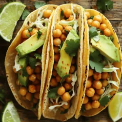 - 1 can (15 oz) chickpeas, rinsed and drained - 1 tablespoon olive oil - 1 teaspoon cumin - 1 teaspoon smoked paprika - 1/2 teaspoon cayenne pepper (adjust to taste) - 1/2 teaspoon garlic powder - 1/2 teaspoon onion powder - Salt and pepper to taste - 8 small corn or flour tortillas Chickpeas are the star of this dish. They are full of protein and fiber, making them a healthy choice. I always rinse and drain them well, so they mix nicely with spices. Spices and seasonings give these tacos their kick. The cumin and smoked paprika add depth, while cayenne pepper brings the heat. You can adjust the cayenne to match your taste. Tortillas are the base for our tasty tacos. You can choose corn for a more authentic flavor or flour for a softer bite. Both work well. Just make sure to warm them up before you fill them. This keeps them pliable and ready for all the delicious toppings. - 1 cup shredded cabbage (green or purple) - 1 avocado, sliced - 1/4 cup fresh cilantro, chopped Toppings make these tacos even better. Cabbage adds crunch and freshness. You can use green or purple cabbage, depending on what you like. Avocado adds creaminess, balancing the spice from the chickpeas. And cilantro gives a burst of flavor. It’s a must-have for a fresh taste. - 1 lime, cut into wedges - Hot sauce for serving For an extra zing, add lime wedges on the side. Squeeze some juice over your tacos for brightness. Hot sauce is great if you want more heat. It’s all about making the dish your own. This recipe is easy, flavorful, and perfect for any meal. You can find the full recipe above to guide you through each step. To start, you need to prep the chickpeas. First, take one can of chickpeas. Rinse them well and drain. In a medium bowl, use a fork or a potato masher to mash half of the chickpeas. This gives a nice mix of textures, with some whole for crunch. Next, heat one tablespoon of olive oil in a skillet over medium heat. Add the chickpeas, both mashed and whole. Sprinkle in the spices: one teaspoon of cumin, one teaspoon of smoked paprika, half a teaspoon of cayenne pepper, half a teaspoon of garlic powder, and half a teaspoon of onion powder. Don’t forget to season with salt and pepper to taste. Sauté this mix for about five to seven minutes. Stir it often until the chickpeas are hot and a bit crispy. While the chickpeas cook, it’s time to heat the tortillas. You can warm them in a pan or microwave. If you use a pan, heat it on low. For the microwave, wrap the tortillas in a damp paper towel and heat them for about 30 seconds. This keeps them soft and easy to fold. To make sure your tortillas stay pliable, try not to overheat them. If they get too hot, they may crack. Now comes the fun part—assembling the tacos! Take a warm tortilla and add a good scoop of the spicy chickpeas on top. Next, layer on some shredded cabbage for crunch and a few slices of avocado for creaminess. Finish with a sprinkle of fresh cilantro. Serve your tacos with lime wedges on the side. Squeeze some lime juice over the tacos just before eating. If you like it spicy, drizzle on some hot sauce. For the full recipe, check out the detailed instructions. Enjoy your tasty creation! To adjust the heat, start with cayenne pepper. You can add more for a kick. If you prefer less spice, use less cayenne. You can also try other spices like smoked paprika or chili powder. Each spice gives a different taste. For a crunchy texture, sauté the chickpeas until they are slightly crispy. If you want more crunch, add some roasted nuts or seeds as toppings. Balancing ingredients helps too. Use fresh cabbage for crunch and creamy avocado for smoothness. This mix keeps each bite interesting. Pair your tacos with a fresh side salad. A simple green salad can be perfect. You can also serve with rice or quinoa for a filling meal. For drinks, try a light beer or sparkling water with lime. These drinks complement the spicy flavors well. Check out the Full Recipe for all the details on making these tasty tacos! {{image_2}} You can easily make these tacos vegan. For toppings, try using: - Fresh salsa - Diced tomatoes - Vegan cheese These add great taste and color. You can heat the chickpeas in various ways. Try baking them for a crunch, or use a microwave for speed. Each option gives a unique texture. To spice things up, consider other spice mixes. A dash of chili powder or smoked salt can change the flavor. You can also add proteins like black beans or lentils for extra energy. This makes your meal more filling and satisfying. You can choose between flour and corn tortillas. Flour tortillas are soft and chewy. Corn tortillas are gluten-free and have a nice crunch. For a fun twist, you can make your own tortillas. Just mix masa harina with water, press them flat, and cook them on a hot skillet. It’s simple and tastes fresh! For the Full Recipe, check out the link. To keep your spicy chickpea tacos fresh, store them in an airtight container. Place any leftover chickpeas and toppings separately. This prevents sogginess. Store them in the fridge for up to three days. After that, they may lose their taste and texture. When reheating, you want to keep the texture nice. I recommend using a skillet over medium heat. This way, the chickpeas can get a little crispy again. You can also use the microwave but be careful; it might make them soft. Warm the tortillas separately to maintain their pliability. If you want to save tacos for later, freeze them. Wrap each assembled taco tightly in plastic wrap. Place wrapped tacos in a freezer bag. They can last up to three months. When you’re ready to eat, thaw them in the fridge overnight. Reheat in a skillet for the best texture. Enjoy your meal just like the first time! To make spicy chickpea tacos, follow these key steps: 1. Start by mashing half of the chickpeas with a fork. This gives a nice texture. 2. Heat olive oil in a skillet over medium heat. Add both mashed and whole chickpeas. 3. Sprinkle in spices: cumin, smoked paprika, cayenne pepper, garlic powder, onion powder, salt, and pepper. 4. Sauté for about 5 to 7 minutes. Stir often until heated through and slightly crispy. 5. Warm your tortillas in a pan or microwave. Use a low heat setting to avoid drying them out. 6. Assemble tacos by adding chickpeas to tortillas. Top with shredded cabbage, avocado, and cilantro. 7. Serve with lime wedges and hot sauce, if you like it spicy. You can find the full recipe above for all the steps and details. Yes, you can easily make these tacos gluten-free. Use corn tortillas as they are naturally gluten-free. Many brands also offer gluten-free flour tortillas made from rice or almond flour. Always check the packaging to ensure they meet your dietary needs. If you want to switch things up, here are some alternatives: - Black beans for a different taste and texture. - Lentils for a softer and protein-rich option. - Quinoa for added crunch and a nutty flavor. These options can change the taco experience while keeping it delicious! Spicy chickpea tacos are best eaten fresh but can be stored. Here are some tips: - Refrigeration: Store leftovers in an airtight container for up to 3 days. - Reheating: Heat them in a skillet for about 5 minutes or in the microwave. This keeps them warm and soft. - Freezing: You can freeze the chickpea filling for up to one month. Just thaw it before reheating. Enjoy your tacos later while keeping their yummy taste! In this blog post, we explored delicious chickpea tacos. We covered key ingredients like chickpeas, spices, and tortillas. You learned how to prepare chickpeas, heat tortillas, and assemble your tacos. Tips on spice levels and crunchy textures helped refine your dish. We shared variations, storage info, and answers to common questions. These tacos are tasty and easy to make. Try different toppings and enjoy your meal!