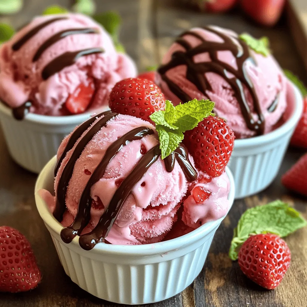 To make the best homemade strawberry ice cream, you need fresh strawberries. Use 2 cups of ripe strawberries. Make sure to hull and slice them. Fresh strawberries give the ice cream a bright flavor. Sweetness and creaminess come from sugar and dairy. You’ll need: - 3/4 cup granulated sugar, divided - 1 cup heavy cream - 1 cup whole milk The sugar helps balance the tartness of the strawberries. The cream and milk create a rich, smooth texture. Flavor is key in ice cream. You will need: - 1 teaspoon vanilla extract - 1 tablespoon lemon juice Vanilla adds warmth, while lemon juice brightens the taste. Together, they enhance the strawberry flavor. For the full recipe, you can refer to the section above. To start, you need fresh strawberries. Take 2 cups of hulled and sliced strawberries. In a large bowl, mix the strawberries with 1/4 cup of sugar. Use a fork or potato masher to gently mash them. This helps the strawberries release their juices. Let this sit for about 30 minutes. This step is key for flavor. After the strawberries have rested, it’s time to blend. Pour the strawberry mixture into a blender. Puree until smooth, but leave some small chunks if you like. You can set aside a few mashed strawberries for more texture. Next, in another bowl, whisk together 1 cup of heavy cream, 1 cup of whole milk, and the remaining 1/2 cup of sugar. Add in 1 teaspoon of vanilla extract and 1 tablespoon of lemon juice. Make sure the sugar dissolves fully. Now, fold the strawberry puree into the cream mixture. Taste it and add more sugar if you want it sweeter. Now comes the fun part: churning! Pour the mixture into your ice cream maker. Follow the manufacturer's instructions. Usually, this takes about 20 to 25 minutes. You want it to reach a soft-serve consistency. If you want firmer ice cream, transfer it to an airtight container. Freeze it for at least 4 hours. When you're ready to enjoy, scoop it into bowls. You can add fresh strawberry slices or a drizzle of chocolate sauce on top for an extra treat. For the full recipe, check out the details above! To make your ice cream creamy, churn it well. Churning adds air and keeps it light. If you want a firmer ice cream, freeze it longer. Let it sit at room temperature for a few minutes before serving. This helps scoop it easily. A good tip is to store it in a shallow container. This way, it freezes evenly and stays smooth. You can boost the flavor of your ice cream. Add a pinch of salt to bring out the sweetness. Try mixing in fresh mint leaves or a splash of balsamic vinegar. These add a nice twist. You can also blend in some other fruits, like bananas or peaches. They will mix well with strawberries and add fun flavors. One common mistake is over-churning the ice cream. This can make it too hard. Remember to keep an eye on the time. Also, don’t skip the lemon juice. It brightens the taste and balances the sweetness. Lastly, avoid using too much sugar at once. Taste as you go to find the perfect sweetness. For the best results, follow the Full Recipe carefully. {{image_2}} You can change your strawberry ice cream with fun add-ins. Try mixing in crushed cookies, like Oreos or graham crackers. You can also add chocolate chips for a sweet crunch. If you want a berry mix, swap in raspberries or blueberries. They blend well with strawberries. For a tropical twist, add some diced mango or pineapple. These flavors give your ice cream a new life. If you want a dairy-free version, use coconut milk instead of cream and milk. This gives a rich flavor and creamy texture. Almond milk is another option, but it tastes lighter. You can also use soy or oat milk for a great base. Sweeten with maple syrup or agave nectar instead of sugar. This keeps your ice cream sweet and tasty without dairy. Serving strawberry ice cream can be fun! Use fresh strawberry slices on top for a bright look. You could also drizzle chocolate sauce or caramel for extra flavor. Serve in waffle cones for a fun treat. For a fancy touch, add a sprig of mint or a dollop of whipped cream. You can also make ice cream sandwiches using cookies or brownies. These ideas make your dessert even more special. For the full recipe, check out the Sweet Strawberry Bliss section. Homemade strawberry ice cream tastes best fresh, but you can store it. To keep it tasty, freeze the ice cream right after churning. Make sure it is in a well-sealed container. This helps prevent freezer burn and keeps it creamy. For best results, consume within two weeks. Choose the right container for storing your ice cream. A glass or plastic container works well. Make sure it has a tight lid. Avoid using metal containers, as they can cause ice crystals to form. You can also use a loaf pan covered tightly with plastic wrap for easy scooping. Sometimes, ice cream can get hard and icy in the freezer. To fix this, remove it from the freezer and let it sit for about 10 minutes. This softens it up. You can also stir it gently with a spatula to break up any ice crystals. If it’s too hard, just let it sit a bit longer before scooping. Enjoy your homemade strawberry ice cream at its best! Homemade strawberry ice cream can last about two weeks in the freezer. After that, it may lose its creamy texture and flavor. To keep it fresh, store it in an airtight container. Yes, you can use frozen strawberries! Just let them thaw first. This way, they can mash and blend easily. Frozen strawberries may change the texture a bit, but they still taste great. To make ice cream at home, you need a few key tools: - Mixing bowls - A fork or potato masher - A blender or food processor - An ice cream maker - An airtight container for freezing These tools help you create a smooth, creamy dessert. For the full recipe, check the previous section! Making strawberry ice cream at home is simple and fun. We covered fresh strawberries, sugar, and essential flavorings. You learned step-by-step how to prepare, blend, and churn the mix. With tips on texture and flavor, you can avoid common mistakes. Explore fun variations and smart storage tricks to keep your ice cream fresh. In the end, you’ll enjoy a cool treat made your way. Now, go make some delicious ice cream and share it with others!
