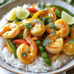- Large shrimp (1 lb) - Coconut milk (13.5 oz can) - Red curry paste (2 tablespoons) - Fresh ginger (1 tablespoon) - Garlic (1 tablespoon) - Variety of vegetables (bell pepper, snap peas) - Fish sauce (2 tablespoons) - Lime juice (1 tablespoon) - Coconut oil (1 tablespoon) - Fresh cilantro for garnish Gathering these ingredients sets the stage for a rich and bold meal. The large shrimp is the star of the dish, bringing sweetness and a tender bite. Coconut milk adds creaminess and a hint of tropical flavor. Red curry paste offers warmth and depth, making every bite exciting. Fresh ginger and garlic provide a fragrant base. The bell pepper adds color and crunch, while snap peas bring a fresh snap. Fish sauce enhances umami, balancing the dish perfectly. Lime juice adds brightness, cutting through the creaminess. Coconut oil helps in cooking while adding a hint of sweetness. Finally, cilantro gives a fresh finish to each plate. You can find the full recipe at the end of this article to help you whip up this coconut curry shrimp dish in no time. - Start with 1 pound of large shrimp. Peel and devein each shrimp. This step removes the shell and the dark vein along the back. - Next, take a bell pepper and slice it into thin strips. You can choose any color you like. - Then, grab 1 cup of snap peas. Trim the ends to prepare them for cooking. - In a large skillet, heat 1 tablespoon of coconut oil over medium heat. - Add 1 tablespoon of minced ginger and 2 minced garlic cloves. Sauté them for about 1 minute until they smell great. - Now, stir in 2 tablespoons of red curry paste. Cook for another minute to blend the flavors well. - Pour in 1 can (13.5 oz) of coconut milk. Stir until the curry paste mixes completely into the milk. - Bring the mixture to a gentle simmer. Add the sliced bell pepper and trimmed snap peas. Cook for about 5 minutes. The veggies should be tender but still crisp. - Now, it’s time to add the shrimp. Cook for 3 to 4 minutes until they turn pink and opaque. - Stir in 2 tablespoons of fish sauce and 1 tablespoon of lime juice. Season with salt to taste. - Remove from heat and let the dish sit for a minute. This helps the flavors blend together nicely. For the full recipe, refer to the earlier section. Enjoy your flavor-packed coconut curry shrimp! To make perfect shrimp, avoid overcooking. Shrimp cooks fast, usually in just a few minutes. When they turn pink and opaque, they are done. If you cook them too long, they can become rubbery. Keep an eye on the time, especially when adding them to the curry. Adjusting heat is key for simmering. Start with medium heat to cook the ginger and garlic. Once you add the coconut milk, reduce the heat to low. This helps the flavors blend without boiling. A gentle simmer allows the shrimp to cook just right while keeping the sauce creamy. Balancing spice levels can make your dish shine. If the curry is too spicy, add more coconut milk. This will cool the heat and keep it creamy. Taste as you go. If you want it sweeter, a touch of honey or sugar works great. Just a small amount can make a big difference. Presentation makes your dish look inviting. Serve the coconut curry shrimp over jasmine rice. The white rice contrasts nicely with the vibrant curry. Add fresh cilantro on top for color and flavor. Lime wedges on the side add a zesty pop. For side dishes, consider serving with a simple salad or steamed broccoli. These pair well and add texture to the meal. You can check out the Full Recipe for more tips on serving this delightful dish. {{image_2}} You can make coconut curry shrimp vegan by using tofu or chickpeas. Tofu absorbs flavors well and gives a nice texture. Cut firm tofu into cubes, and sauté it just like shrimp. Chickpeas also work well. They add protein and a hearty feel. For gluten-free options, use gluten-free fish sauce or tamari. Both options fit well in the dish. Always check labels for hidden gluten in other sauces too. Coconut curry has many regional styles. Thai and Indian versions offer unique tastes. Thai curries often use lemongrass and kaffir lime leaves. These add a fresh, zesty flavor. Indian curries may include spices like cumin and coriander. These spices give a warm, earthy taste. You can customize your dish by adding unique regional spices. A pinch of turmeric or a dash of garam masala can change the flavor profile. This keeps your curry exciting every time you cook it. Feel free to add different vegetables to the dish. Zucchini, carrots, or spinach work well. They not only add color but also boost nutrition. If you want to switch from shrimp, consider chicken, tofu, or even fish. Each option brings its own flavor and texture. These swaps can make the dish fun and fresh every time you cook it. For the full recipe, check out the Coconut Curry Shrimp recipe above. To store leftover coconut curry shrimp, let it cool down first. Place the shrimp in an airtight container. This step helps keep the flavor intact. I recommend glass or BPA-free plastic containers. They provide a good seal and prevent spills. If you want to save the dish for later, freezing is a great option. Portion the shrimp into freezer-safe bags or containers. Remove as much air as possible to avoid freezer burn. When you're ready to enjoy it, thaw overnight in the fridge. Reheat on the stove over low heat. This method keeps the shrimp tender. Leftovers will stay fresh in the fridge for up to three days. After this time, the shrimp may lose its taste and texture. Signs of spoilage include a sour smell or a change in color. Always check before eating to ensure it’s safe. To enjoy the full flavor, eat the leftovers sooner rather than later. For the full recipe, check the earlier section. Yes, you can use frozen shrimp. Thaw them before cooking for the best results. To thaw, place the shrimp in a bowl of cold water. Change the water every 30 minutes. This method takes about an hour. You can also leave them in the fridge overnight. This keeps them safe and fresh. If you need a fish sauce substitute, try soy sauce. It adds a nice salty flavor. For a vegan option, use coconut aminos. This adds sweetness without fish. You can also mix soy sauce with a bit of lime juice. This gives a similar taste to fish sauce. Yes, you can prepare some parts ahead. Cook the shrimp and veggies just before serving. You can make the sauce and store it in the fridge. Combine it with shrimp and veggies when ready to eat. This keeps the dish fresh and full of flavor. This blog post shared a simple coconut curry shrimp recipe. We discussed essential ingredients, like shrimp, coconut milk, and red curry paste. I provided step-by-step cooking instructions and tips for perfect results. You can customize the dish for dietary needs and see how to store leftovers. Experiment with flavors and make it your own. Enjoy creating a tasty meal!