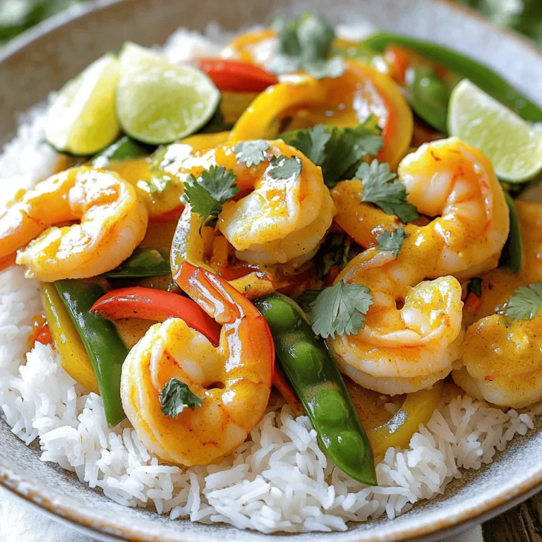- Large shrimp (1 lb) - Coconut milk (13.5 oz can) - Red curry paste (2 tablespoons) - Fresh ginger (1 tablespoon) - Garlic (1 tablespoon) - Variety of vegetables (bell pepper, snap peas) - Fish sauce (2 tablespoons) - Lime juice (1 tablespoon) - Coconut oil (1 tablespoon) - Fresh cilantro for garnish Gathering these ingredients sets the stage for a rich and bold meal. The large shrimp is the star of the dish, bringing sweetness and a tender bite. Coconut milk adds creaminess and a hint of tropical flavor. Red curry paste offers warmth and depth, making every bite exciting. Fresh ginger and garlic provide a fragrant base. The bell pepper adds color and crunch, while snap peas bring a fresh snap. Fish sauce enhances umami, balancing the dish perfectly. Lime juice adds brightness, cutting through the creaminess. Coconut oil helps in cooking while adding a hint of sweetness. Finally, cilantro gives a fresh finish to each plate. You can find the full recipe at the end of this article to help you whip up this coconut curry shrimp dish in no time. - Start with 1 pound of large shrimp. Peel and devein each shrimp. This step removes the shell and the dark vein along the back. - Next, take a bell pepper and slice it into thin strips. You can choose any color you like. - Then, grab 1 cup of snap peas. Trim the ends to prepare them for cooking. - In a large skillet, heat 1 tablespoon of coconut oil over medium heat. - Add 1 tablespoon of minced ginger and 2 minced garlic cloves. Sauté them for about 1 minute until they smell great. - Now, stir in 2 tablespoons of red curry paste. Cook for another minute to blend the flavors well. - Pour in 1 can (13.5 oz) of coconut milk. Stir until the curry paste mixes completely into the milk. - Bring the mixture to a gentle simmer. Add the sliced bell pepper and trimmed snap peas. Cook for about 5 minutes. The veggies should be tender but still crisp. - Now, it’s time to add the shrimp. Cook for 3 to 4 minutes until they turn pink and opaque. - Stir in 2 tablespoons of fish sauce and 1 tablespoon of lime juice. Season with salt to taste. - Remove from heat and let the dish sit for a minute. This helps the flavors blend together nicely. For the full recipe, refer to the earlier section. Enjoy your flavor-packed coconut curry shrimp! To make perfect shrimp, avoid overcooking. Shrimp cooks fast, usually in just a few minutes. When they turn pink and opaque, they are done. If you cook them too long, they can become rubbery. Keep an eye on the time, especially when adding them to the curry. Adjusting heat is key for simmering. Start with medium heat to cook the ginger and garlic. Once you add the coconut milk, reduce the heat to low. This helps the flavors blend without boiling. A gentle simmer allows the shrimp to cook just right while keeping the sauce creamy. Balancing spice levels can make your dish shine. If the curry is too spicy, add more coconut milk. This will cool the heat and keep it creamy. Taste as you go. If you want it sweeter, a touch of honey or sugar works great. Just a small amount can make a big difference. Presentation makes your dish look inviting. Serve the coconut curry shrimp over jasmine rice. The white rice contrasts nicely with the vibrant curry. Add fresh cilantro on top for color and flavor. Lime wedges on the side add a zesty pop. For side dishes, consider serving with a simple salad or steamed broccoli. These pair well and add texture to the meal. You can check out the Full Recipe for more tips on serving this delightful dish. {{image_2}} You can make coconut curry shrimp vegan by using tofu or chickpeas. Tofu absorbs flavors well and gives a nice texture. Cut firm tofu into cubes, and sauté it just like shrimp. Chickpeas also work well. They add protein and a hearty feel. For gluten-free options, use gluten-free fish sauce or tamari. Both options fit well in the dish. Always check labels for hidden gluten in other sauces too. Coconut curry has many regional styles. Thai and Indian versions offer unique tastes. Thai curries often use lemongrass and kaffir lime leaves. These add a fresh, zesty flavor. Indian curries may include spices like cumin and coriander. These spices give a warm, earthy taste. You can customize your dish by adding unique regional spices. A pinch of turmeric or a dash of garam masala can change the flavor profile. This keeps your curry exciting every time you cook it. Feel free to add different vegetables to the dish. Zucchini, carrots, or spinach work well. They not only add color but also boost nutrition. If you want to switch from shrimp, consider chicken, tofu, or even fish. Each option brings its own flavor and texture. These swaps can make the dish fun and fresh every time you cook it. For the full recipe, check out the Coconut Curry Shrimp recipe above. To store leftover coconut curry shrimp, let it cool down first. Place the shrimp in an airtight container. This step helps keep the flavor intact. I recommend glass or BPA-free plastic containers. They provide a good seal and prevent spills. If you want to save the dish for later, freezing is a great option. Portion the shrimp into freezer-safe bags or containers. Remove as much air as possible to avoid freezer burn. When you're ready to enjoy it, thaw overnight in the fridge. Reheat on the stove over low heat. This method keeps the shrimp tender. Leftovers will stay fresh in the fridge for up to three days. After this time, the shrimp may lose its taste and texture. Signs of spoilage include a sour smell or a change in color. Always check before eating to ensure it’s safe. To enjoy the full flavor, eat the leftovers sooner rather than later. For the full recipe, check the earlier section. Yes, you can use frozen shrimp. Thaw them before cooking for the best results. To thaw, place the shrimp in a bowl of cold water. Change the water every 30 minutes. This method takes about an hour. You can also leave them in the fridge overnight. This keeps them safe and fresh. If you need a fish sauce substitute, try soy sauce. It adds a nice salty flavor. For a vegan option, use coconut aminos. This adds sweetness without fish. You can also mix soy sauce with a bit of lime juice. This gives a similar taste to fish sauce. Yes, you can prepare some parts ahead. Cook the shrimp and veggies just before serving. You can make the sauce and store it in the fridge. Combine it with shrimp and veggies when ready to eat. This keeps the dish fresh and full of flavor. This blog post shared a simple coconut curry shrimp recipe. We discussed essential ingredients, like shrimp, coconut milk, and red curry paste. I provided step-by-step cooking instructions and tips for perfect results. You can customize the dish for dietary needs and see how to store leftovers. Experiment with flavors and make it your own. Enjoy creating a tasty meal!