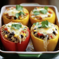 - 4 large bell peppers (any color) - 1 cup quinoa, rinsed and drained - 2 cups vegetable broth (or water) - 1 can (15 oz) black beans, rinsed and drained - 1 cup corn kernels (fresh or frozen) - 1 medium onion, finely chopped - 2 cloves garlic, minced - 1 teaspoon cumin - 1 teaspoon smoked paprika - ½ teaspoon chili powder - Salt and pepper to taste - 1 cup diced tomatoes (fresh or canned) - ½ cup shredded cheese (cheddar or mozzarella) - Fresh cilantro or parsley, for garnish Stuffed bell peppers with quinoa bring a burst of colors and flavors to your table. I love using a mix of colors for the peppers. Red, yellow, and green look great together. Quinoa is an excellent base. It is light, fluffy, and packed with protein. It pairs well with many ingredients. For the filling, I often use black beans and corn. They add a nice texture and sweetness. The onion and garlic provide a strong flavor base. You can adjust spices to suit your taste. Cumin and smoked paprika give warmth. Chili powder adds a little kick. I like to use diced tomatoes for moisture. It keeps the filling from being dry. Shredded cheese on top melts beautifully, adding richness. Fresh herbs like cilantro or parsley make a bright finish. This combination creates a balanced meal. You can find the Full Recipe to guide you through the steps. Enjoy making these delicious stuffed peppers! - Preheat the oven to 375°F (190°C). - Cut the tops off the bell peppers and remove the seeds and membranes. Start with fresh bell peppers. You can choose any color you like. Red, yellow, and green all work well. Make sure they can stand upright. This helps hold the filling later. - In a medium saucepan, bring vegetable broth (or water) to a boil. - Add the quinoa, cover, and reduce to a simmer; cook for about 15 minutes. Quinoa is a great base for your filling. It adds protein and a nice texture. Rinse the quinoa before cooking. This removes any bitter taste. When it’s done, it should be fluffy and light. - Sauté the chopped onion in olive oil until translucent. - Stir in minced garlic and spices; cook until fragrant. - Mix in the cooked quinoa, black beans, corn, tomatoes, salt, and pepper. In a large skillet, heat some olive oil. Add the onion and cook until it’s soft and clear. This step builds a strong flavor. Next, add garlic and spices like cumin and paprika. After a minute, add the quinoa, black beans, corn, and tomatoes. Mix everything well, and let it cook for a few minutes. This makes the filling tasty and colorful. - Fill each bell pepper with the quinoa mixture, packing it lightly. - Top with remaining cheese and cover with aluminum foil. Now it’s time to stuff the peppers! Take the filling and pack it into each pepper. Leave a little space on top for the cheese. Sprinkle the cheese on top. This adds a nice, melty finish. - Bake for 25 minutes, then remove foil and bake for an additional 10-15 minutes. - Allow to cool slightly before serving. Place the stuffed peppers in the oven. Bake them until the peppers are soft and the cheese is golden. This makes the meal warm and inviting. After baking, let them cool for a few minutes. Then, they are ready to serve! For a full recipe, check out the details above. Enjoy your delicious stuffed bell peppers with quinoa! Rinse the quinoa before cooking. This step helps remove bitterness, giving it a better texture. It makes the quinoa fluffy and light. Sauté the onions until they are soft and slightly golden. This adds a deep flavor to your filling. Don't rush this step; it makes a big difference. Adjust the spice levels to match your taste. If you like heat, add some hot sauce. You can also mix in crushed red pepper. Let the filling cool a bit before you stuff the peppers. This helps keep the peppers crisp and firm. Pair your stuffed peppers with a fresh salad or avocado slices. This adds brightness and makes your meal wholesome. If you have leftover filling, use it as a topping for tortilla chips. It makes for a quick and tasty snack! For the full recipe, check out the main article. {{image_2}} You can mix things up by swapping black beans for chickpeas or lentils. Both options add protein and flavor. You can also use different veggies in the filling. Zucchini and mushrooms are great choices. They bring new tastes and textures to your dish. For those who like meat, add crumbled tofu or ground turkey. These options make the dish hearty. You can also incorporate nuts or seeds for added crunch. They provide extra protein and make your meal more filling. Want to change the flavor? Try different cheeses, or skip cheese for a dairy-free version. You can add herbs like basil or thyme for fresh flavor. These small changes can make your stuffed peppers unique and exciting. For even more ideas, check out the full recipe for quinoa-stuffed bell peppers. Store any leftover stuffed bell peppers in an airtight container. They can stay fresh for up to 4 days. When you're ready to enjoy them again, simply reheat them in the oven or microwave. This keeps the flavors intact and the texture nice. If you want to save stuffed peppers for later, freeze them before baking. Just wrap them well and store them in the freezer for up to 3 months. When you want to eat them, cook from frozen. Just add a little extra time to the baking to ensure they heat through. For the best results, reheat your peppers in an oven. This method helps prevent them from becoming soggy. Cover them with foil while reheating to stop the tops from browning too much. This way, your meal stays warm and tasty every time. Leftovers can typically last up to 4 days when properly stored. Make sure to keep them in an airtight container. Proper storage helps keep the flavors fresh and tasty. Yes, you can prepare them a day ahead and store them in the fridge before baking. This saves time and makes meal prep easier. Just remember to cover them well to keep them from drying out. They pair well with a side salad, garlic bread, or your favorite dipping sauce. A fresh salad adds crunch and balance to the meal. Garlic bread gives a nice, buttery touch. Peppers should be tender, and cheese should be bubbly and golden when done. You can check by gently poking a pepper with a fork. If it’s soft, it’s ready to enjoy! Stuffed bell peppers are a delightful, healthy dish made with quinoa, beans, and spices. We explored the ingredients, from bell peppers to seasoning, and detailed the cooking steps. Remember to customize the recipe to fit your taste. Whether you opt for vegetarian versions or added protein, there's no wrong way to enjoy these peppers. Store any leftovers for a quick meal later. This dish can easily become a family favorite with its vibrant flavors and endless variations. Enjoy your cooking adventure!