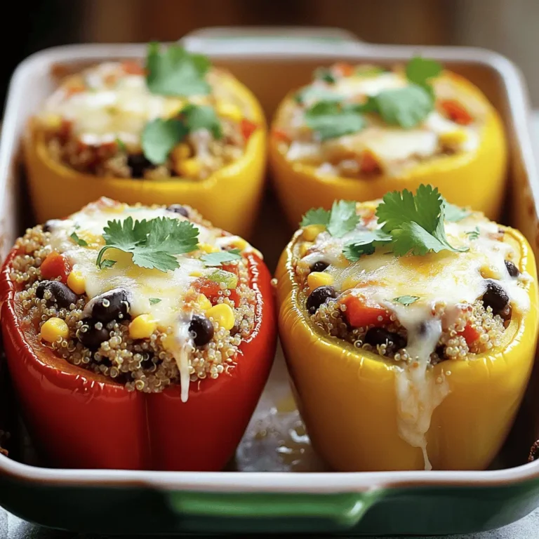 - 4 large bell peppers (any color) - 1 cup quinoa, rinsed and drained - 2 cups vegetable broth (or water) - 1 can (15 oz) black beans, rinsed and drained - 1 cup corn kernels (fresh or frozen) - 1 medium onion, finely chopped - 2 cloves garlic, minced - 1 teaspoon cumin - 1 teaspoon smoked paprika - ½ teaspoon chili powder - Salt and pepper to taste - 1 cup diced tomatoes (fresh or canned) - ½ cup shredded cheese (cheddar or mozzarella) - Fresh cilantro or parsley, for garnish Stuffed bell peppers with quinoa bring a burst of colors and flavors to your table. I love using a mix of colors for the peppers. Red, yellow, and green look great together. Quinoa is an excellent base. It is light, fluffy, and packed with protein. It pairs well with many ingredients. For the filling, I often use black beans and corn. They add a nice texture and sweetness. The onion and garlic provide a strong flavor base. You can adjust spices to suit your taste. Cumin and smoked paprika give warmth. Chili powder adds a little kick. I like to use diced tomatoes for moisture. It keeps the filling from being dry. Shredded cheese on top melts beautifully, adding richness. Fresh herbs like cilantro or parsley make a bright finish. This combination creates a balanced meal. You can find the Full Recipe to guide you through the steps. Enjoy making these delicious stuffed peppers! - Preheat the oven to 375°F (190°C). - Cut the tops off the bell peppers and remove the seeds and membranes. Start with fresh bell peppers. You can choose any color you like. Red, yellow, and green all work well. Make sure they can stand upright. This helps hold the filling later. - In a medium saucepan, bring vegetable broth (or water) to a boil. - Add the quinoa, cover, and reduce to a simmer; cook for about 15 minutes. Quinoa is a great base for your filling. It adds protein and a nice texture. Rinse the quinoa before cooking. This removes any bitter taste. When it’s done, it should be fluffy and light. - Sauté the chopped onion in olive oil until translucent. - Stir in minced garlic and spices; cook until fragrant. - Mix in the cooked quinoa, black beans, corn, tomatoes, salt, and pepper. In a large skillet, heat some olive oil. Add the onion and cook until it’s soft and clear. This step builds a strong flavor. Next, add garlic and spices like cumin and paprika. After a minute, add the quinoa, black beans, corn, and tomatoes. Mix everything well, and let it cook for a few minutes. This makes the filling tasty and colorful. - Fill each bell pepper with the quinoa mixture, packing it lightly. - Top with remaining cheese and cover with aluminum foil. Now it’s time to stuff the peppers! Take the filling and pack it into each pepper. Leave a little space on top for the cheese. Sprinkle the cheese on top. This adds a nice, melty finish. - Bake for 25 minutes, then remove foil and bake for an additional 10-15 minutes. - Allow to cool slightly before serving. Place the stuffed peppers in the oven. Bake them until the peppers are soft and the cheese is golden. This makes the meal warm and inviting. After baking, let them cool for a few minutes. Then, they are ready to serve! For a full recipe, check out the details above. Enjoy your delicious stuffed bell peppers with quinoa! Rinse the quinoa before cooking. This step helps remove bitterness, giving it a better texture. It makes the quinoa fluffy and light. Sauté the onions until they are soft and slightly golden. This adds a deep flavor to your filling. Don't rush this step; it makes a big difference. Adjust the spice levels to match your taste. If you like heat, add some hot sauce. You can also mix in crushed red pepper. Let the filling cool a bit before you stuff the peppers. This helps keep the peppers crisp and firm. Pair your stuffed peppers with a fresh salad or avocado slices. This adds brightness and makes your meal wholesome. If you have leftover filling, use it as a topping for tortilla chips. It makes for a quick and tasty snack! For the full recipe, check out the main article. {{image_2}} You can mix things up by swapping black beans for chickpeas or lentils. Both options add protein and flavor. You can also use different veggies in the filling. Zucchini and mushrooms are great choices. They bring new tastes and textures to your dish. For those who like meat, add crumbled tofu or ground turkey. These options make the dish hearty. You can also incorporate nuts or seeds for added crunch. They provide extra protein and make your meal more filling. Want to change the flavor? Try different cheeses, or skip cheese for a dairy-free version. You can add herbs like basil or thyme for fresh flavor. These small changes can make your stuffed peppers unique and exciting. For even more ideas, check out the full recipe for quinoa-stuffed bell peppers. Store any leftover stuffed bell peppers in an airtight container. They can stay fresh for up to 4 days. When you're ready to enjoy them again, simply reheat them in the oven or microwave. This keeps the flavors intact and the texture nice. If you want to save stuffed peppers for later, freeze them before baking. Just wrap them well and store them in the freezer for up to 3 months. When you want to eat them, cook from frozen. Just add a little extra time to the baking to ensure they heat through. For the best results, reheat your peppers in an oven. This method helps prevent them from becoming soggy. Cover them with foil while reheating to stop the tops from browning too much. This way, your meal stays warm and tasty every time. Leftovers can typically last up to 4 days when properly stored. Make sure to keep them in an airtight container. Proper storage helps keep the flavors fresh and tasty. Yes, you can prepare them a day ahead and store them in the fridge before baking. This saves time and makes meal prep easier. Just remember to cover them well to keep them from drying out. They pair well with a side salad, garlic bread, or your favorite dipping sauce. A fresh salad adds crunch and balance to the meal. Garlic bread gives a nice, buttery touch. Peppers should be tender, and cheese should be bubbly and golden when done. You can check by gently poking a pepper with a fork. If it’s soft, it’s ready to enjoy! Stuffed bell peppers are a delightful, healthy dish made with quinoa, beans, and spices. We explored the ingredients, from bell peppers to seasoning, and detailed the cooking steps. Remember to customize the recipe to fit your taste. Whether you opt for vegetarian versions or added protein, there's no wrong way to enjoy these peppers. Store any leftovers for a quick meal later. This dish can easily become a family favorite with its vibrant flavors and endless variations. Enjoy your cooking adventure!