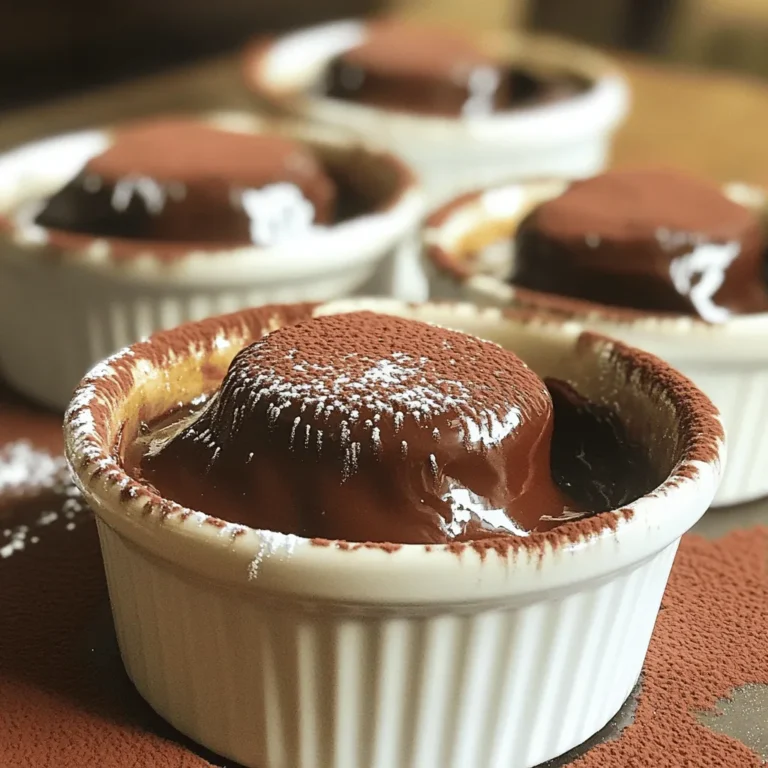 To make a great chocolate lava cake, you need simple ingredients: - 1 cup semi-sweet chocolate chips - ½ cup unsalted butter - 1 cup powdered sugar - 2 large eggs - 2 large egg yolks - 1 teaspoon vanilla extract - ½ cup all-purpose flour - Pinch of salt - Butter and cocoa powder (for greasing ramekins) Each component plays a key role. The chocolate chips give a rich flavor. The butter adds a smooth texture. Eggs help the cake rise and stay soft. Measure your ingredients carefully. Use a kitchen scale for the best accuracy. When greasing ramekins, use butter and dust with cocoa powder to prevent sticking. Tap out any excess cocoa to avoid a bitter taste. In step three of the recipe, mix the eggs and sugar until smooth. This creates a light batter. When folding in the flour, do it gently. Overmixing can make the cake tough. If you need to make swaps, here are some ideas: - Use dark chocolate for a richer taste. - Replace butter with coconut oil for a dairy-free option. - Substitute eggs with flaxseed meal or unsweetened applesauce for a vegan version. These alternatives can still give you a delicious lava cake. Adjust baking times if needed, as different ingredients can change how the cake cooks. For the full recipe, check the sections above. Start by preheating your oven to 425°F (220°C). Grab four ramekins for your cakes. Grease each ramekin with butter. Dust them with cocoa powder. This keeps the cakes from sticking. Tap out any extra cocoa powder. This step is key for easy removal later. Next, take a microwave-safe bowl. Add 1 cup of semi-sweet chocolate chips and ½ cup of unsalted butter. Microwave this mix in 30-second bursts. Stir between each burst until it’s smooth. This usually takes about 1 to 2 minutes. Be patient! The goal is a glossy, melted mixture. Once your chocolate mix is ready, stir in 1 cup of powdered sugar. Mix it well until smooth. Then, add 2 large eggs, 2 large egg yolks, and 1 teaspoon of vanilla extract. Use a whisk to blend everything perfectly. Now, sift in ½ cup of all-purpose flour and a pinch of salt. Gently fold the dry ingredients in. Avoid overmixing to keep the batter light. Divide the batter evenly into your prepared ramekins. Fill each one about ¾ full. Place the ramekins on a baking sheet for easy handling. Bake them for 12 to 14 minutes. The edges should look firm, but the center should stay soft. After baking, let them cool for just 1 minute. Carefully run a knife around the edges to loosen each cake. Flip them onto plates and tap gently. Enjoy your warm, gooey chocolate lava cake right away! For the full recipe, check the earlier section. The key to a great lava center is timing. Bake your cakes for 12 to 14 minutes. You want the edges firm but the center soft. This gives you that gooey, melted chocolate surprise. Use a timer to keep track. Open the oven door only when the timer goes off. This helps avoid losing heat. If you prefer a runnier center, take it out a minute early. One big mistake is overmixing the batter. This can make the cake dense. Mix just until combined, and don’t worry about lumps. Another mistake is not greasing the ramekins well. If they stick, your cake won’t come out whole. Use butter and cocoa powder for best results. Also, don’t skip the cooling step. Let the cakes sit for one minute after baking. This helps them hold their shape when you flip them out. For a stunning presentation, serve the cakes warm. Dust with powdered sugar or top with vanilla ice cream. You can also add fresh berries for a pop of color. Place them on the side for a lovely contrast. Drizzling melted chocolate or caramel on the plate adds flair. This makes the dish look even more tempting. For the full recipe, check the steps above. Enjoy creating this delightful dessert! {{image_2}} You can change the flavor of your chocolate lava cake easily. Try using white chocolate for a sweet twist. Dark chocolate adds a deeper taste. For a fun surprise, add a spoonful of peanut butter or caramel in the center. You can even mix in a bit of espresso powder to enhance the chocolate flavor. Serving chocolate lava cake can be fun! You can serve it warm right out of the oven. Place it on a plate and let it flow. Another idea is to serve it with fresh berries like strawberries or raspberries. They add a nice contrast to the rich cake. You can also pair it with whipped cream for a light touch. Toppings can make your dessert even better. A scoop of vanilla ice cream on top adds creaminess. You can sprinkle crushed nuts, like almonds or hazelnuts, for crunch. Drizzling chocolate sauce or caramel sauce can make it look fancy. Don't forget a dusting of powdered sugar for a nice finish. Explore these ideas to make your dessert special! Check out the Full Recipe for more details on making this delightful treat. To store unbaked batter, cover it tightly. Use plastic wrap or a lid. Keep the batter in the fridge for up to 24 hours. This way, the batter stays fresh. When ready to bake, let it sit at room temperature for 20 minutes. This helps it bake evenly. If you have leftover baked lava cakes, let them cool first. Then, place them in an airtight container. You can store them in the fridge for up to three days. For longer storage, freeze them. Wrap each cake in plastic wrap, then foil. Frozen cakes can last for about a month. To reheat your lava cakes, use the oven for the best results. Preheat your oven to 350°F (175°C). Place the cakes on a baking sheet and cover them loosely with foil. Heat for about 10-12 minutes. If they are frozen, it may take 15-20 minutes. This way, your cake stays soft and gooey inside. Enjoy your delectable treat! For the full recipe, check the detailed instructions above. You will know your lava cake is done when the edges feel firm. The center will still be soft and jiggle slightly. It usually takes about 12 to 14 minutes in the oven. If you see the edges set but the middle is wobbly, it's just right. Remember, overbaking will make it too firm and lose that gooey center. Yes, you can prepare the batter ahead of time. Just fill the ramekins and cover them with plastic wrap. Store them in the fridge for up to 24 hours. When you are ready to bake, take them out and let them sit at room temperature for about 30 minutes. This helps them bake evenly. If you need an egg substitute, try using applesauce. Use 1/4 cup of unsweetened applesauce for each egg. You can also use flax eggs. To make one flax egg, mix 1 tablespoon of ground flaxseed with 2.5 tablespoons of water. Let it sit for a few minutes until it thickens. If your lava cake is not gooey, it may have baked too long. Keep a close eye on it during baking. If you find it’s firm, try reducing the baking time next time. You can also lower the oven temperature slightly to help it cook more evenly. If it still doesn’t work, check your oven's accuracy with an oven thermometer. In this post, we've explored how to make a perfect chocolate lava cake. You learned about key ingredients, preparation tips, and alternative options for various diets. We shared step-by-step instructions and vital tips for success. Don’t forget the fun variations and how to store your treats. Mastering this dessert proves you can bake with great results. Now, gather your ingredients and enjoy the joy of baking. Happy cooking!