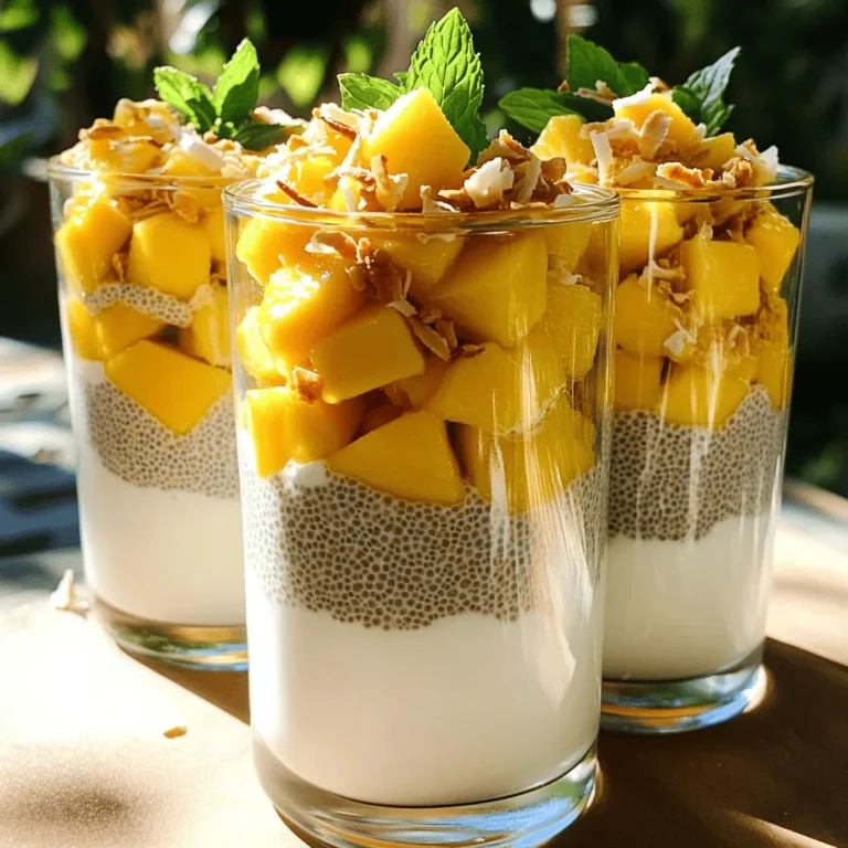 To make this delicious pudding, gather these simple ingredients: - 1 cup coconut milk (canned or boxed) - 1/2 cup almond milk (or any milk of choice) - 1/4 cup chia seeds - 2 tablespoons maple syrup (or honey) - 1 teaspoon vanilla extract - 1 ripe mango, diced - Toasted coconut flakes for garnish - Fresh mint leaves for garnish These ingredients work together to create a creamy and sweet pudding. Coconut milk gives it a rich flavor, while almond milk keeps it light. Chia seeds are the star here, making your pudding thick and satisfying. If you don’t have some ingredients, don’t worry! You can easily swap them out. - Instead of coconut milk, try oat milk or soy milk for a different flavor. - Use any milk you like in place of almond milk, such as cow’s milk or rice milk. - If you want to skip sweeteners, ripe bananas can add natural sweetness. - Chia seeds can be exchanged for flaxseeds, but the texture will differ. These substitutes can help you customize the pudding to fit your taste. Each serving of this mango coconut chia pudding offers: - Calories: 220 - Protein: 4g - Carbohydrates: 30g - Fat: 10g - Fiber: 10g - Sugars: 8g This dessert is not only tasty but also packed with nutrients. The chia seeds provide fiber, which helps with digestion. The healthy fats from coconut milk keep you full longer. Overall, this pudding is a smart choice for a healthy treat. For the full recipe, check the earlier section. To start, gather all your ingredients. You’ll need coconut milk, almond milk, chia seeds, maple syrup, vanilla extract, and a ripe mango. In a medium bowl, mix the coconut milk, almond milk, chia seeds, maple syrup, and vanilla extract. Whisk them together well. This step is key. Make sure the chia seeds don’t clump. Now, cover the bowl and place it in the fridge. Let it chill for at least four hours, or even overnight. This waiting time lets the chia seeds absorb the liquids. They will expand and create a thick, pudding-like texture. Once your pudding is ready, give it a quick stir. This breaks up any clumps. Next, divide the pudding into serving bowls or jars. Top each serving with diced mango. For a fun touch, sprinkle on some toasted coconut flakes and add fresh mint leaves. Serve in clear glasses to show off the layers. You can find the full recipe for this delicious treat to guide you. To get the best pudding, you need to balance the liquids. Use one cup of coconut milk and half a cup of almond milk. The chia seeds absorb the liquid and swell up, creating that nice, thick texture. Let your mix sit in the fridge for at least four hours, or overnight for the best results. If your pudding is too runny, add more chia seeds next time. If it’s too thick, add a splash of milk to adjust. One mistake is not whisking the chia seeds well. They can clump together if you don't mix well. Always stir your ingredients together until they blend smoothly. Another common error is not letting it chill long enough. Skipping the chilling time will leave you with a soupy mess. Lastly, don't forget to stir the pudding once it’s set. This helps break any clumps that may form. You can easily boost the flavor of your pudding. Adding a pinch of salt can bring out the sweetness. You can also mix in spices like cinnamon or nutmeg for warmth. Fresh lime or lemon juice adds a nice zing. To make it even better, top your pudding with fresh fruit or nuts. Toasted coconut flakes add a fun crunch, while mint leaves give a fresh touch. For more flavor ideas, check out the Full Recipe. {{image_2}} You can mix it up with different fruits. Try using berries like strawberries or blueberries for a pop of color and flavor. Bananas work well too; just slice them and layer them on top. Pineapple adds a tropical twist. You can even use peaches for a sweet touch. Each fruit brings its own taste and health benefits. This recipe is already vegan and dairy-free with coconut and almond milk. If you want a nut-free option, use oat milk instead. You can replace maple syrup with agave nectar for a different sweetener. All these options keep the pudding creamy and delicious while meeting different dietary needs. Want to boost nutrition? Add protein powder to the pudding mix. A scoop of vanilla protein blends well with the flavor. You can also mix in superfoods like spirulina or matcha. These add health benefits and color. Another great option is to sprinkle hemp seeds on top for an extra crunch. You can customize your pudding to fit your health goals easily. After making the Mango Coconut Chia Pudding, you may have leftovers. Store any extra pudding in an airtight container. Keep it in the fridge. This way, it stays fresh and tasty for later. You can freeze this pudding if you want to save it for later. Use ice cube trays or small containers. Once frozen, transfer them to a freezer bag. This helps you avoid freezer burn. When ready to eat, thaw it in the fridge overnight. The pudding lasts about 5 days in the fridge. If you freeze it, it lasts up to 3 months. However, the texture may change a bit after freezing. Still, it remains delicious. Enjoy your pudding whenever you want! For the full recipe, check out the earlier section. Yes, you can make this pudding in advance. In fact, I recommend it! Making it the night before saves time. Just mix your ingredients and let it chill overnight. This gives the chia seeds time to soak up the liquids. The longer it sits, the better the texture. You can enjoy it for breakfast or as a snack! You’ll know the pudding is ready when it thickens. After chilling, the chia seeds will expand. The pudding should look creamy and hold its shape. If you see any clumps, stir it gently. The mix should feel smooth and not runny. Trust your senses; it should look delicious! Chia seeds are very versatile. You can use them in smoothies, jams, or even salads. Try making chia seed pudding with different fruits. You can also add them to baked goods for extra nutrients. They are great for making energy bars too. Explore and have fun with them! Yes, you can use different types of milk. Almond milk, oat milk, or soy milk work well. Each milk will give a unique flavor. Just keep the ratios the same as in the Full Recipe. Feel free to experiment and see what you like best! Mango Coconut Chia Pudding is simple yet delightful. We covered the main ingredients, tips, and step-by-step ideas to make it. You learned how to improve your pudding’s texture and flavor. Remember, you can swap ingredients and try new fruits for fun variations. Store leftovers properly for fresh bites later. This pudding fits well in a meal plan and is easy to prep. Enjoy creating your own tasty versions, and don't hesitate to experiment. Happy pudding making!